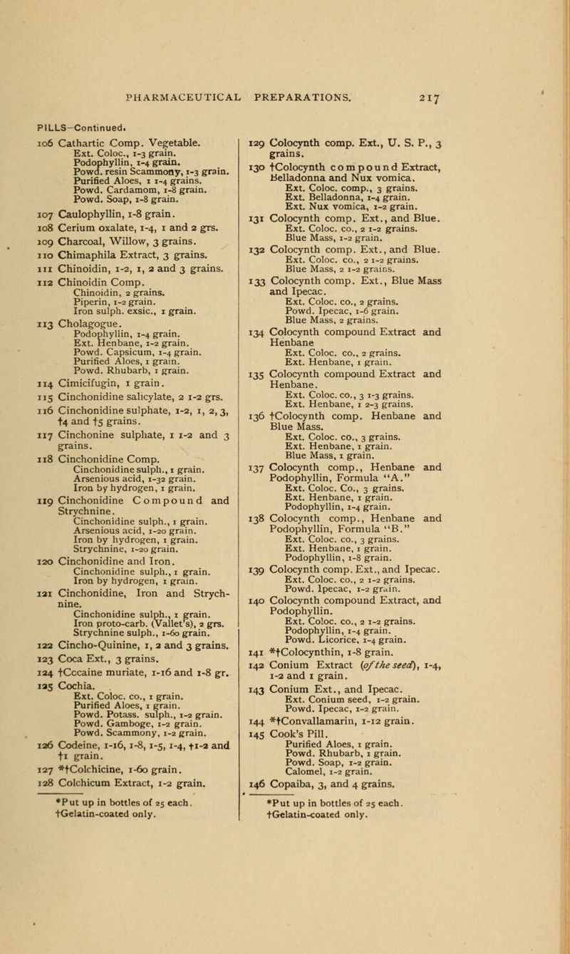 PILLS-Continued. 106 Cathartic Comp. Vegetable. Ext. Coloc, 1-3 grain. Podophyllin, 1-4 grain. Powd. resin Scammony, 1-3 grain. Purified Aloes, 1 1-4 grains. Powd. Cardamom, 1-8 grain. Powd. Soap, 1-8 grain. 107 Caulophyllin, 1-8 grain. 108 Cerium oxalate, 1-4, 1 and 2 grs. 109 Charcoal, Willow, 3 grains, no Chimaphila Extract, 3 grains. in Chinoidin, 1-2, 1, 2 and 3 grains. 112 Chinoidin Comp. Chinoidin, 2 grains. Piperin, 1-2 grain. Iron sulph. exsic, 1 grain. 113 Cholagogue. Podophyllin, 1-4 grain. Ext. Henbane, 1-2 grain. Powd. Capsicum, 1-4 grain. Purified Aloes, 1 grain. Powd. Rhubarb, 1 grain. 114 Cimicifugin, 1 grain. 115 Cinchonidine salicylate, 2 1-2 grs. 116 Cinchonidine sulphate, 1-2, 1, 2,3, t4and fs grains. 117 Cinchonine sulphate, 1 1-2 and 3 grains. 118 Cinchonidine Comp. Cinchonidine sulph., 1 grain. Arsenious acid, 1-32 grain. Iron by hydrogen, 1 grain. 119 Cinchonidine Compound and Strychnine. Cinchonidine sulph., 1 grain. Arsenious acid, 1-20 grain. Iron by hydrogen, 1 grain. Strychnine, 1-20 grain. 120 Cinchonidine and Iron. Cinchonidine sulph., 1 grain. Iron by hydrogen, 1 grain. 121 Cinchonidine, Iron and Strych- nine. Cinchonidine sulph., 1 grain. Iron proto-carb. (Vallet^), 2 grs. Strychnine sulph., 1-60 grain. 122 Cincho-Quinine, 1, 2 and 3 grains. 123 Coca Ext., 3 grains. 124 tCccaine muriate, 1-16 and 1-8 gr. 125 Cochia. Ext. Coloc. co., 1 grain. Purified Aloes, 1 grain. Powd. Potass, sulph., 1-2 grain. Powd. Gamboge, 1-2 grain. Powd. Scammony, 1-2 grain. 126 Codeine, 1-16,1-8,1-5,1-4, fi-2 and fi grain. 127 *tColchicine, 1-60 grain. 128 Colchicum Extract, 1-2 grain. ♦Put up in bottles of 25 each. 129 Colocynth comp. Ext., U. S. P., 3 grains. 130 tColocynth compound Extract, Belladonna and Nux vomica. Ext. Coloc. comp., 3 grains. Ext. Belladonna, 1-4 grain. Ext. Nux vomica, 1-2 grain. 131 Colocynth comp. Ext., and Blue. Ext. Coloc. co., 2 1-2 grains. Blue Mass, 1-2 grain. 132 Colocynth comp. Ext., and Blue. Ext. Coloc. co., 2 1-2 grains. Blue Mass, 2 1-2 grains. 133 Colocynth comp. Ext., Blue Mass and Ipecac. Ext. Coloc. co., 2 grains. Powd. Ipecac, 1-6 grain. Blue Mass, 2 grains. 134 Colocynth compound Extract and Henbane Ext. Coloc. co., 2 grains. Ext. Henbane, 1 grain. 135 Colocynth compound Extract and Henbane. Ext. Coloc. co., 3 1-3 grains. Ext. Henbane, 1 2-3 grains. 136 tColocynth comp. Henbane and Blue Mass. Ext. Coloc. co., 3 grains. Ext. Henbane, 1 grain. Blue Mass, 1 grain. 137 Colocynth comp., Henbane and Podophyllin, Formula A. Ext. Coloc. Co., 3 grains. Ext. Henbane, 1 grain. Podophyllin, 1-4 grain. 138 Colocynth comp., Henbane and Podophyllin, Formula B. Ext. Coloc. co., 3 grains. Ext. Henbane, 1 grain. Podophyllin, 1-8 grain. 139 Colocynth comp. Ext., and Ipecac. Ext. Coloc. co., 2 1-2 grains. Powd. Ipecac, 1-2 grain. 140 Colocynth compound Extract, and Podophyllin. Ext. Coloc. co., 2 1-2 grains. Podophyllin, 1-4 grain. Powd. Licorice, 1-4 grain. 141 *fColocynthin, 1-8 grain. 142 Conium Extract (of the seed), 1-4, 1-2 and 1 grain. 143 Conium Ext., and Ipecac. Ext. Conium seed, 1-2 grain. Powd. Ipecac, 1-2 grain. 144 *tConvallamarin, 1-12 grain. 145 Cook's Pill. Purified Aloes, 1 grain. Powd. Rhubarb, 1 grain. Powd. Soap, 1-2 grain. Calomel, 1-2 grain. 146 Copaiba, 3, and 4 grains. ♦Put up in bottles of 25 each.