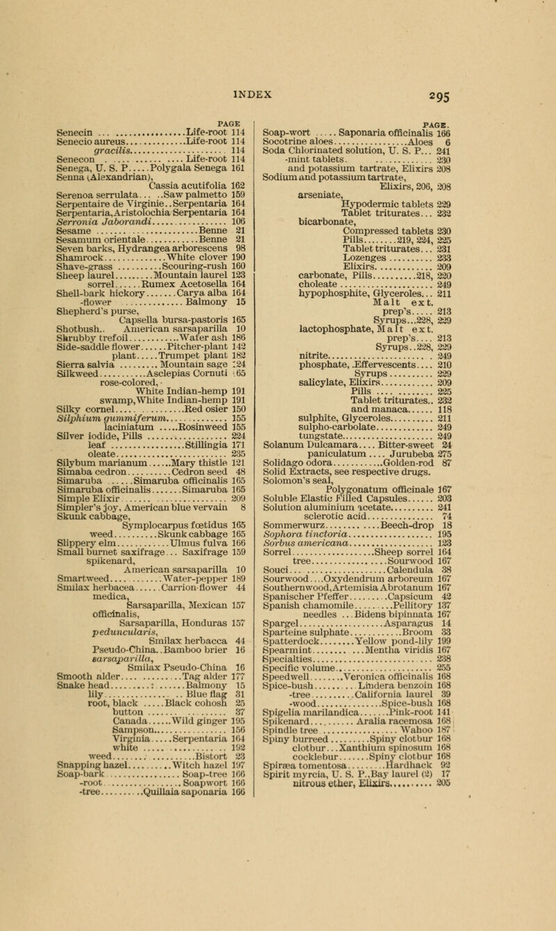 PAGE Senecin Life-root 114 Senecio aureus Life-root 114 gracilis 114 Senecon Life-root 114 Senega, U. S. P Polygala Senega 161 Senna (.Alexandrian), Cassia acutifolia 162 Serenoa serrulata Saw palmetto 159 Serpentaire de Virginie..Serpentaria 164 Serpentaria,Aristolochia Serpentaria 164 Serronia Jaborandi 106 Sesame Benne 21 Sesamum orient ale Benne 21 Seven barks, Hydrangea arborescens 98 Shamrock White clover 190 Shave-grass Soouring-rush 160 Sheep laurel Mountain laurel 123 sorrel Rumex Acetosella 164 Shell-bark hickory Carya alba 164 -flower Balmony 15 Shepherd's purse, Capsella bursa-pastoris 165 Shotbush.. American sarsaparilla 10 Shrubby trefoil Wafer ash 186 Side-saddle flower..... .Pitcher-plant 142 plant Trumpet plant 182 Sierra salvia Mountain sage :24 Silkweed Asclepias Cornuti .65 rose-colored, • White Indian-hemp 191 swamp,White Indian-hemp 191 Silky cornel Red osier 150 Silphium gummiferum 155 laciniatum Rosinweed 155 Silver iodide, Pills 224 leaf Stillingia 171 oleate 235 Silybum marianum Mary thistle 121 Simaba cedron Cedron seed 48 Simaruba Simaruba officinalis 165 Simaruba officinalis Simaruba 165 Simple Elixir 209 Simpler's joy, American blue vervain 8 Skunk cabbage, Symplocarpus foetidus 165 weed Skunk cabbage 165 Slippery elm Ulmus fulva 166 Small burnet saxifrage... Saxifrage 159 spikenard, American sarsaparilla 10 Smart weed .Water-pepper 189 Smilax herbacea Carrion-flower 44 medica, Sarsaparilla, Mexican 157 officinalis, Sarsaparilla, Honduras 157 peduncularis, Smilax herbacea 44 Pseudo-China..Bamboo brier 16 earsaparilla, Smilax Pseudo-China 16 Smooth alder .. Tag alder 177 Snake head : Balmony 15 lily Blue flag 31 root, black Black cohosh 25 button 37 Canada Wild ginger 195 Sampson 156 Virginia Serpentaria 164 white 192 weed Bistort 28 Snapping hazel Witch hazel 197 Soap-bark Soap-tree 166 -root Soapwort 106 -tree Quillaia saponaria 166 PAGE. Soap-wort Saponaria officinalis 166 Socotrine aloes Aloes 6 Soda Chlorinated solution, U. S. P... 241 -mint tablets. 230 and potassium tartrate, Elixirs 208 Sodium and potassium tartrate, Elixirs, 206, 208 arseniate, Hypodermic tablets 229 Tablet triturates... 232 bicarbonate, Compressed tablets 230 Pills 219,224, 225 Tablet triturates... 231 Lozenges 233 Elixirs 209 carbonate, Pills 218, 220 choleate 249 hypophosphite, Glyceroles... 211 Malt ext. prep's 213 Syrups...228, 229 lactophosphate, Malt ext. prep's 213 Syrups..228, 229 nitrite . 249 phosphate, .Effervescents 210 Syrups 229 salicylate, Elixirs 209 Pills 225 Tablet triturates.. 232 andmanaca 118 sulphite, Glyceroles 211 sulpho-carbolate 249 tungstate 249 Solanum Dulcamara Bitter-sweet 24 paniculatum Jurubeba 275 Solidago odora Golden-rod 87 Solid Extracts, see respective drugs. Solomon's seal, Polygonatum officinale 167 Soluble Elastic Filled Capsules 203 Solution aluminium acetate 241 sclerotic acid 74 Sommerwurz Beech-drop 18 Sophora tinctoria 195 Sorbus americana 123 Sorrel Sheep sorrel 164 tree Sourwood 167 Souci Calendula 38 Sourwood....Oxydendrum arboreum 167 Southernwood, Artemisia Abrotanum 167 Spanischer Pfeffer Capsicum 42 Spanish chamomile Pellitory 137 needles ... Bidens bipinnata 167 Spargel Asparagus 14 Sparteine sulphate Broom 33 Spatterdock Yellow pond-lily 199 Spearmint ... Mentha viridis 167 Specialties ... 238 Specific volume 255 Speedwell Veronica officinalis 168 Spice-bush — Lindera benzoin 168 -tree California laurel 39 -wood Spice-bush 168 Spigelia marilandica Pink-root 141 Spikenard .. Aralia racemosa 168 Spindle tree Wahoo 187 Spiny burreed Spiny clotbur 168 clotbur.. .Xanthium spinosum 168 cocklebur Spiny clotbur 168 Spiraea tomentosa Hardhack 92 Spirit myrcia, U. S. P.,Bay laurel (2) 17 nitrous ether, Elixirs 205