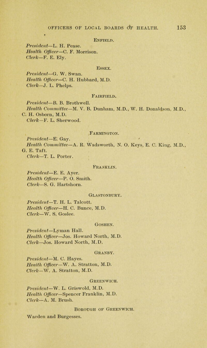 * Enfield. President—L. H. Pease. Health Officer—C. F. Morrison. Cleric—F. E. Ely. Essex. President—G. W. Swan. Health Officer—C. H. Hubbard, M.D. Clerk—J. L. Phelps. Fairfield. President—B. B. Brothwell. Health Committee—M. V. B. Dunham, M.D., W. H. Donaldson, M.D., C. H. Osborn, M.D. Clerk—F. L. Sherwood. Farmington. President—E: Gay. ' Health Committee—A. R. Wadsworth, N. O. Keys, E. C. King, M.D., G. E. Taft. Clerk—T. L. Porter. Franklin. President—E. E. Ayer. Health Officer-—P. O. Smith. Clerk—S. G. Hartshorn. Glastonbury. President—T. H. L. Talcott. Health Officer—H. C. Bunce, M.D. Clerk—W. S. Goslee. Goshen. President—Lyman Hall. Health Officer—Jos. Howard North, M.D. Clerk—Jos. Howard North, M.D. Granby. President—M. C. Hayes. Health Officer—W. A. Stratton, M.D. Clerk—W. A. Stratton, M.D. Greenwich. President—W. L. Griswold, M.D. Health Officer—Spencer Franklin, M.D. Clerk—A. M. Brush. Borough of Greenwich. Warden and Burgesses.