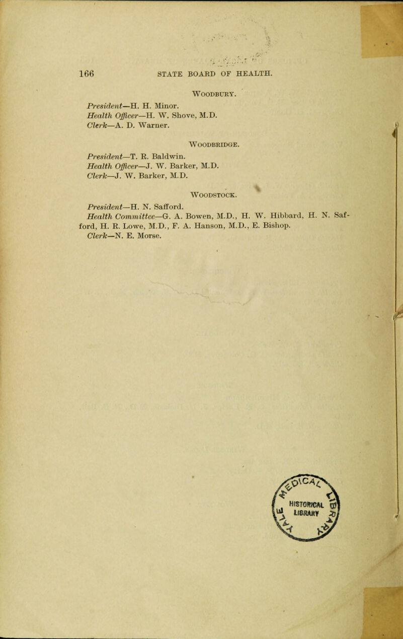 WOODBUKY. President—H. H. Minor. Health Officer—K. W. Shove, M.D. Clerk—A. D. Warner. WOODBRIDGE. President—T. R. Baldwin. Health Officer—J. W. Barker, M.D. Clerk—J. W. Barker, M.D. Woodstock. President—H. N. Safford. Health Committee—G. A. Bowen, M.D., H. W. Hibbard, H. N. Saf- ford, H. R. Lowe, M.D., F. A. Hanson, M.D., E. Bishop. Clerk—N. E. Morse. ( HISTOWCM. 0)1 L II8RAKY Zjl