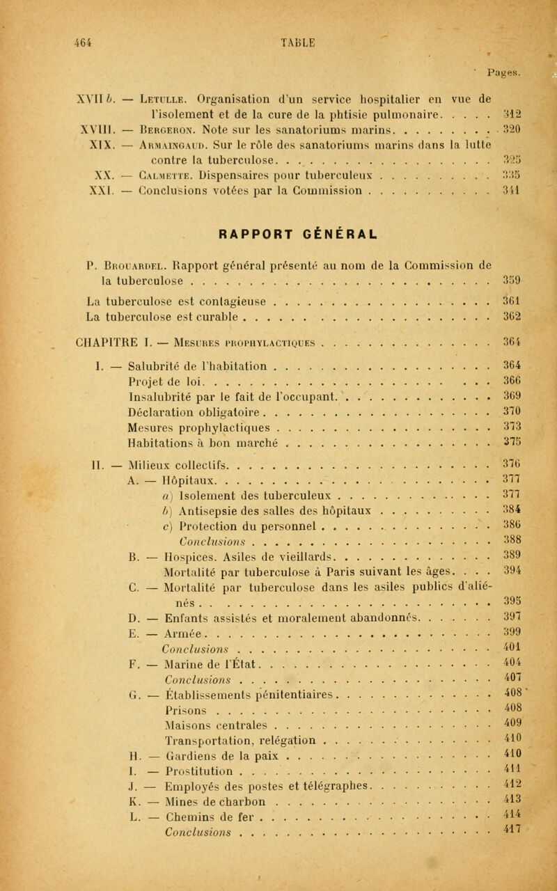 Pages. XVII h. — Letulle. Organisation d'un service hospitalier en vue de l'isolement et de la cure de la phtisie pulmonaire 312 XVIII. — Bergeron. Note sur les sanatoriums marins 320 XIX. — Armaingaud. Sur le rôle des sanatoriums marins dans la lutte contre la tuberculose 3$5 XX. — Galmette. Dispensaires pour tuberculeux 335 XXI. — Conclusions votées par la Commission 341 RAPPORT GÉNÉRAL P. Brouardel. Rapport général présenté au nom de la Commission de la tuberculose 359 La tuberculose est contagieuse 361 La tuberculose est curable 362 CHAPITRE I. — Mesures prophylactiques 364 I. — Salubrité de l'habitation 364 Projet de loi 366 Insalubrité par le fait de l'occupant 369 Déclaration obligatoire 310 Mesures prophylactiques 373 Habitations à bon marché 375 11. — Milieux collectifs 376 A. — Hôpitaux 377 a) Isolement des tuberculeux 377 b) Antisepsie des salles des hôpitaux 384 c) Protection du personnel 386 Conclusions 388 B. — Hospices. Asiles de vieillards 389 Mortalité par tuberculose à Paris suivant les âges. . . . 394 C. — Mortalité par tuberculose dans les asiles publics d'alié- nés 395 D. — Enfants assistés et moralement abandonnés 397 E. — Armée 399 Conclusions 401 F. — Marine de l'État 404 Conclusions 407 G. — Établissements pénitentiaires 408 Prisons 408 Maisons centrales 409 Transportation, relégation 410 H. — Gardiens de la paix 410 I. — Prostitution 411 J. — Employés des postes et télégraphes &12 K. — Mines de charbon i13 L. — Chemins de fer 414 Conclusions 4*'