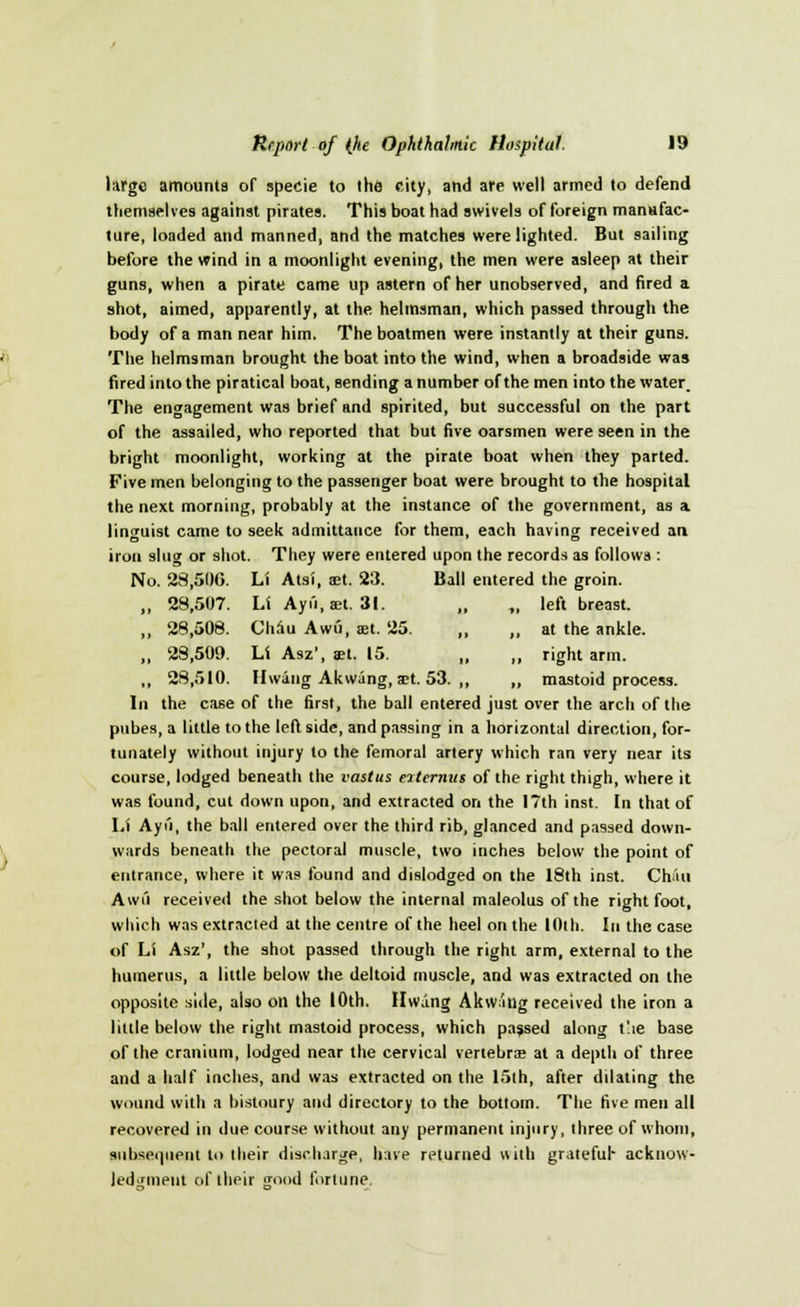 largo amounts of specie to the city, and are well armed to defend themselves against pirates. This boat had swivels of foreign manufac- ture, loaded and manned, and the matches were lighted. But sailing before the wind in a moonlight evening, the men were asleep at their guns, when a pirate came up astern of her unobserved, and fired a shot, aimed, apparently, at the helmsman, which passed through the body of a man near him. The boatmen were instantly at their guns. The helmsman brought the boat into the wind, when a broadside was fired into the piratical boat, sending a number of the men into the water. The engagement was brief and spirited, but successful on the part of the assailed, who reported that but five oarsmen were seen in the bright moonlight, working at the pirate boat when they parted. Five men belonging to the passenger boat were brought to the hospital the next morning, probably at the instance of the government, as a linguist came to seek admittance for them, each having received an. iron slug or shot. They were entered upon the records as follows : No. 28,500. Li Atsi, a:t. 23. Ball entered the groin. „ 28,507. Li Ayi'i, set. 31. „ „ left breast. „ 28,508. Chau Awii, an. 25. „ „ at the ankle. „ 28,509. Li Asz', set. 15. „ „ right arm. ,, 28,510. Hwang Akwang, a?t. 53. ,, ,, mastoid process. In the case of the first, the ball entered just over the arch of the pubes, a little to the leftside, and passing in a horizontal direction, for- tunately without injury to the femoral artery which ran very near its course, lodged beneath the vastus etterntts of the right thigh, where it was found, cut down upon, and extracted on the 17th inst. In that of Li Ayi'i, the ball entered over the third rib, glanced and passed down- wards beneath the pectoral muscle, two inches below the point of entrance, where it was found and dislodged on the 18th inst. Chin Awii received the shot below the internal maleolus of the right foot, which was extracted at the centre of the heel on the 10th. In the case of Li Asz', the shot passed through the right arm, external to the humerus, a little below the deltoid muscle, and was extracted on the opposite side, also on the 10th. Hwang Ak\v;'uig received the iron a little below the right mastoid process, which passed along t'.ie base of the cranium, lodged near the cervical venebrte at a depth of three and a half inches, and was extracted on the 15th, after dilating the wound with a bistoury and directory to the bottom. The five men all recovered in due course without any permanent injury, three of whom, subsequent to their discharge, have returned with grateful- acknow- ledgment of their odd fortune