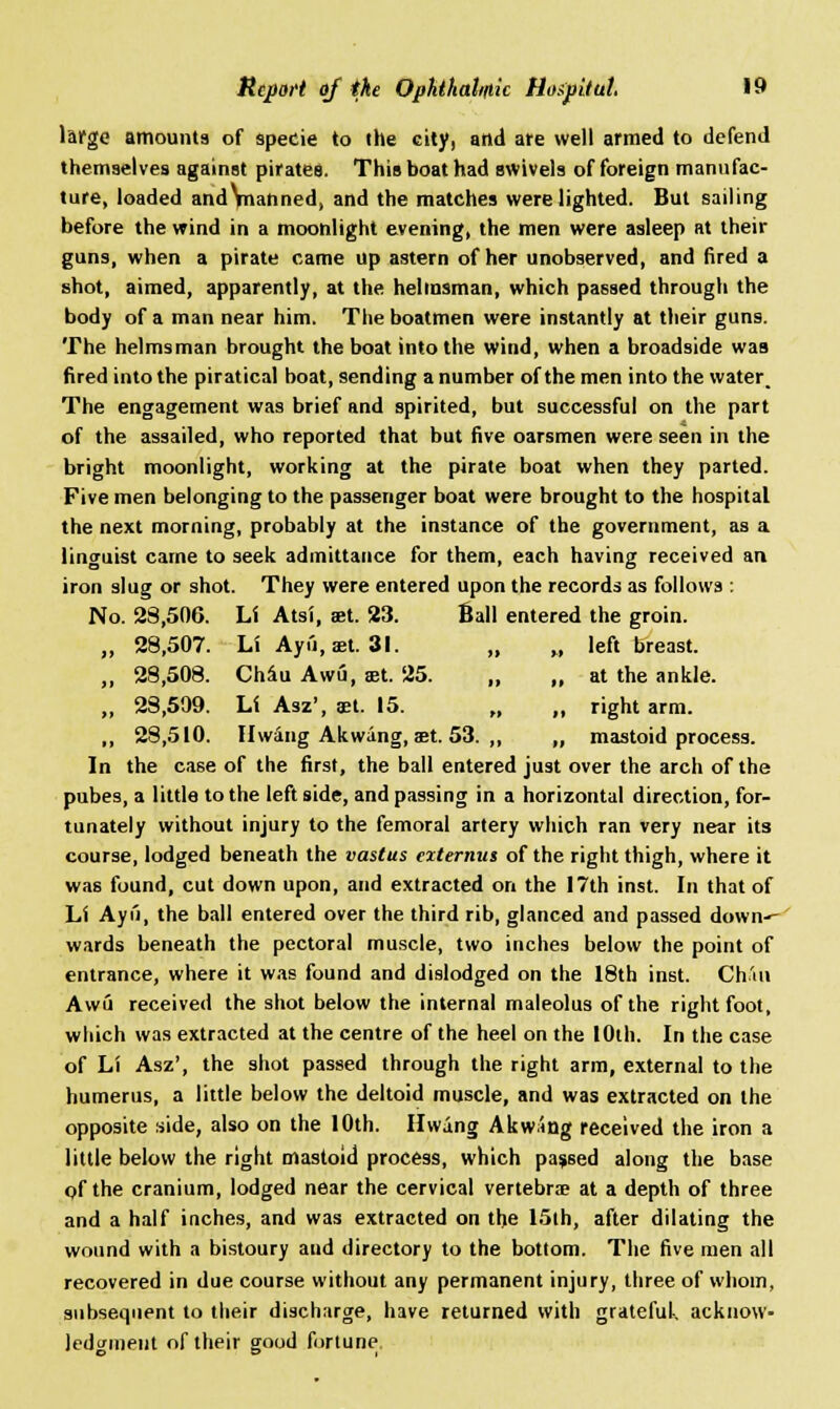 large amounts of specie to the city, and are well armed to defend themselves against pirates. This boat had swivels of foreign manufac- ture, loaded and\nanned, and the matches were lighted. But sailing before the wind in a moonlight evening, the men were asleep at their guns, when a pirate came up astern of her unobserved, and fired a shot, aimed, apparently, at the helmsman, which passed through the body of a man near him. The boatmen were instantly at their guns. The helmsman brought the boat into the wind, when a broadside was fired into the piratical boat, sending a number of the men into the water. The engagement was brief and spirited, but successful on the part of the assailed, who reported that but five oarsmen were seen in the bright moonlight, working at the pirate boat when they parted. Five men belonging to the passenger boat were brought to the hospital the next morning, probably at the instance of the government, as a linguist came to seek admittance for them, each having received an iron slug or shot. They were entered upon the records as follows : No. 28,506. Li Atsi, set. 23. Ball entered the groin. „ 28,507. Li Ayii.set. 31. „ „ left breast. ,, 28,508. Chau Awu, ait. 25 at the ankle. „ 28,509. Li Asz', aet- 15. „ „ right arm. ,, 28,510. Hwang Akwing, aet. 53. ,, „ mastoid process. In the case of the first, the ball entered just over the arch of the pubes, a little to the left side, and passing in a horizontal direction, for- tunately without injury to the femoral artery which ran very near its course, lodged beneath the vastus externus of the right thigh, where it was found, cut down upon, and extracted on the 17th inst. In that of Li Ayu, the ball entered over the third rib, glanced and passed down-- wards beneath the pectoral muscle, two inches below the point of entrance, where it was found and dislodged on the 18th inst. Chan Awu received the shot below the internal maleolus of the right foot, which was extracted at the centre of the heel on the 10th. In the case of Li Asz', the shot passed through the right arm, external to the humerus, a little below the deltoid muscle, and was extracted on the opposite side, also on the 10th. Hwang Akwing received the iron a little below the right mastoid process, which passed along the base of the cranium, lodged near the cervical vertebra at a depth of three and a half inches, and was extracted on the 15lh, after dilating the wound with a bistoury and directory to the bottom. The five men all recovered in due course without any permanent injury, three of whom, subsequent to their discharge, have returned with grateful, acknow- ledgment of their good fortune