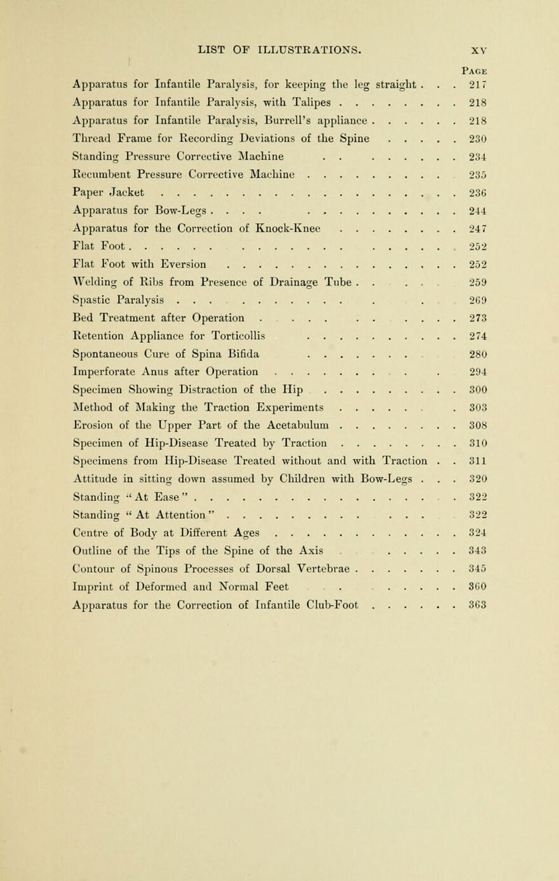 Page Apparatus for Infantile Paralysis, for keeping the leg straight. . . 217 Apparatus for Infantile Paralysis, with Talipes 218 Apparatus for Infantile Paralysis, Burrell's appliance 218 Thread Frame for Recording Deviations of the Spine 230 Standing Pressure Corrective Machine . . 234 Recumbent Pressure Corrective Machine 235 Paper Jacket 236 Apparatus for Bow-Legs .... 244 Apparatus for the Correction of Knock-Knee 247 Flat Foot 252 Flat Foot with Eversion 252 Welding of Ribs from Presence of Drainage Tube . . ... 259 Spastic Paralysis ... . . 269 Bed Treatment after Operation . ... . . .... 273 Retention Appliance for Torticollis 274 Spontaneous Cure of Spina Bifida 280 Imperforate Anus after Operation . 294 Specimen Showing Distraction of the Hip 300 Method of Making the Traction Experiments . 303 Erosion of the Upper Part of the Acetabulum 308 Specimen of Hip-Disease Treated by Traction 310 Specimens from Hip-Disease Treated without and with Traction . . 311 Attitude in sitting down assumed by Children with Bow-Legs . . . 320 Standing :< At Ease 322 Standing  At Attention 322 Centre of Body at Different Ages 324 Outline of the Tips of the Spine of the Axis , 343 Contour of Spinous Processes of Dorsal Vertebrae 345 Imprint of Deformed and Normal Feet . 3G0 Apparatus for the Correction of Infantile Club-Foot 363