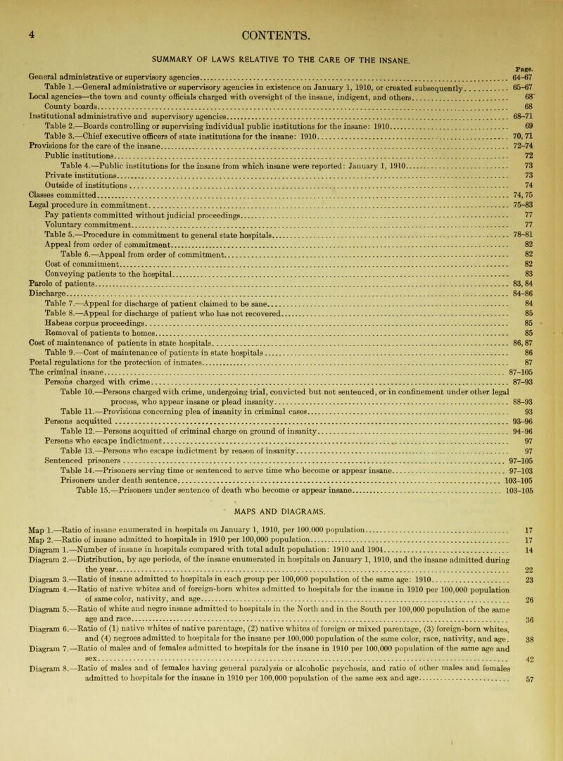 SUMMARY OF LAWS RELATIVE TO THE CARE OF THE INSANE. Paee. General administrative or supervisory agencies 64-67 Table 1.—General administrative or supervisory agencies in existence on January 1, 1910, or created subsequently 65-67 Local agencies—the town and county officials charged with oversight of the insane, indigent, and others 68 County boards 68 Institutional administrative and supervisory agencies 68-71 Table 2.—Boards controlling or supervising individual public institutions for the insane: 1910 69 Table 3.—Chief executive officers of state institutions for the insane: 1910 70, 71 Provisions for the care of the insane 72-74 Public institutions 72 Table 4.—Public institutions for the insane from which insane were reported: January 1, 1910 73 Private institutions 73 Outside of institutions 74 Classes committed 74,75 Legal procedure in commitment 75-83 Pay patients committed without judicial proceedings 77 Voluntary commitment 77 Table 5.—Procedure in commitment to general state hospitals 78-81 Appeal from order of commitment 82 Table 6.—Appeal from order of commitment , 82 Cost of commitment 82 Conveying patients to the hospital 83 Parole of patients 83, 84 Discharge 84-86 Table 7.—Appeal for discharge of patient claimed to be sane 84 Table 8.—Appeal for discharge of patient who has not recovered 85 Habeas corpus proceedings 85 Removal of patients to homes 85 Cost of maintenance of patients in state hospitals 86,87 Table 9.—Cost of maintenance of patients in state hospitals 86 Postal regulations for the protection of inmates 87 The criminal insane 87-105 Persons charged with crime 87-93 Table 10.—Persons charged with crime, undergoing trial, convicted but not sentenced, or in confinement under other legal process, who appear insane or plead insanity 88-93 Table 11,—Provisions concerning plea of insanity in criminal cases 93 Persons acquitted 93-96 Table 12.—Persons acquitted of criminal charge on ground of insanity 94-96 Persons who escape indictment 97 Table 13.—Persons who escape indictment by reason of insanity 97 Sentenced prisoners 97-105 Table 14.—Prisoners serving time or sentenced to serve time who become or appear insane 97-103 Prisoners under death sentence 103-105 Table 15.—Prisoners under sentence of death who become or appear insane 103-105 MAPS AND DIAGRAMS. Map 1.—Ratio of insane enumerated in hospitals on January 1, 1910, per 100,000 population 17 Map 2.—Ratio of insane admitted to hospitals in 1910 per 100,000 population 17 Diagram 1.—Number of insane in hospitals compared with total adult population: 1910 and 1904 14 Diagram 2.—Distribution, by age periods, of the insane enumerated in hospitals on January 1, 1910, and the insane admitted during the year 22 Diagram 3.—Ratio of insane admitted to hospitals in each group per 100,000 population of the same age: 1910 23 Diagram 4.—Ratio of native whites and of foreign-born whites admitted to hospitals for the insane in 1910 per 100,000 population of same color, nativity, and age 26 Diagram 5.—Ratio of white and negro insane admitted to hospitals in the North and in the South per 100,000 population of the same age and race 36 Diagram 6.—Ratio of (1) native whites of native parentage, (2) native whites of foreign or mixed parentage, (3) foreign-born whites, and (4) negroes admitted to hospitals for the insane per 100,000 population of the same color, race, nativity, and age. 38 Diagram 7.—Ratio of males and of females admitted to hospitals for the insane in 1910 per 100,000 population of the same age and sex 42 Diagram 8.—Ratio of males and of females having general paralysis or alcoholic psychosis, and ratio of other males and females admitted to hospitals for the insane in 1910 per 100,000 population of the same sex and age 57