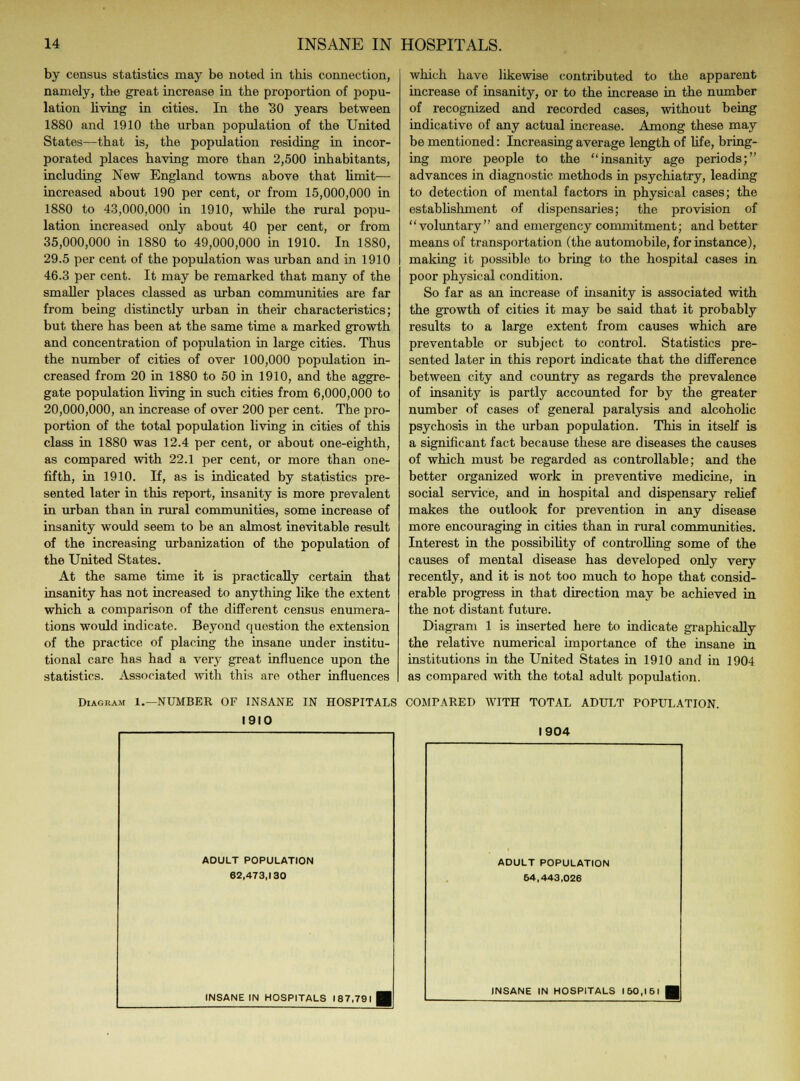 by census statistics may be noted in this connection, namely, the great increase in the proportion of popu- lation living in cities. In the 30 years between 1880 and 1910 the urban population of the United States—that is, the population residing in incor- porated places having more than 2,500 inhabitants, including New England towns above that limit— increased about 190 per cent, or from 15,000,000 in 1880 to 43,000,000 in 1910, while the rural popu- lation increased only about 40 per cent, or from 35,000,000 in 1880 to 49,000,000 in 1910. In 1880, 29.5 per cent of the population was urban and in 1910 46.3 per cent. It may be remarked that many of the smaller places classed as urban communities are far from being distinctly urban in their characteristics; but there has been at the same time a marked growth and concentration of population in large cities. Thus the number of cities of over 100,000 population in- creased from 20 in 1880 to 50 in 1910, and the aggre- gate population riving in such cities from 6,000,000 to 20,000,000, an increase of over 200 per cent. The pro- portion of the total population living in cities of this class in 1880 was 12.4 per cent, or about one-eighth, as compared with 22.1 per cent, or more than one- fifth, in 1910. If, as is indicated by statistics pre- sented later in this report, insanity is more prevalent in urban than in rural communities, some increase of insanity would seem to be an almost inevitable result of the increasing urbanization of the population of the United States. At the same time it is practically certain that insanity has not increased to anything like the extent which a comparison of the different census enumera- tions would indicate. Beyond question the extension of the practice of placing the insane under institu- tional care has had a very great influence upon the statistics. Associated with this are other influences which have likewise contributed to the apparent increase of insanity, or to the increase in the number of recognized and recorded cases, without being indicative of any actual increase. Among these may be mentioned: Increasing average length of life, bring- ing more people to the insanity age periods; advances in diagnostic methods in psychiatry, leading to detection of mental factors in physical cases; the establishment of dispensaries; the provision of voluntary and emergency commitment; and better means of transportation (the automobile, for instance), making it possible to bring to the hospital cases in poor physical condition. So far as an increase of insanity is associated with the growth of cities it may be said that it probably results to a large extent from causes which are preventable or subject to control. Statistics pre- sented later in this report indicate that the difference between city and country as regards the prevalence of insanity is partly accounted for by the greater number of cases of general paralysis and alcoholic psychosis in the urban population. This in itself is a significant fact because these are diseases the causes of which must be regarded as controllable; and the better organized work in preventive medicine, in social service, and in hospital and dispensary relief makes the outlook for prevention in any disease more encouraging in cities than in rural communities. Interest in the possibility of controlling some of the causes of mental disease has developed only very recently, and it is not too much to hope that consid- erable progress in that direction may be achieved in the not distant future. Diagram 1 is inserted here to indicate graphically the relative numerical importance of the insane in institutions in the United States in 1910 and in 1904 as compared with the total adult population. Diagram 1.—NUMBER OF INSANE IN HOSPITALS COMPARED WITH TOTAL ADULT POPULATION. I9IO ADULT POPULATION 62,473,130 INSANE IN HOSPITALS 187,791 1904 ADULT POPULATION 64,443,026 INSANE IN HOSPITALS 160,161