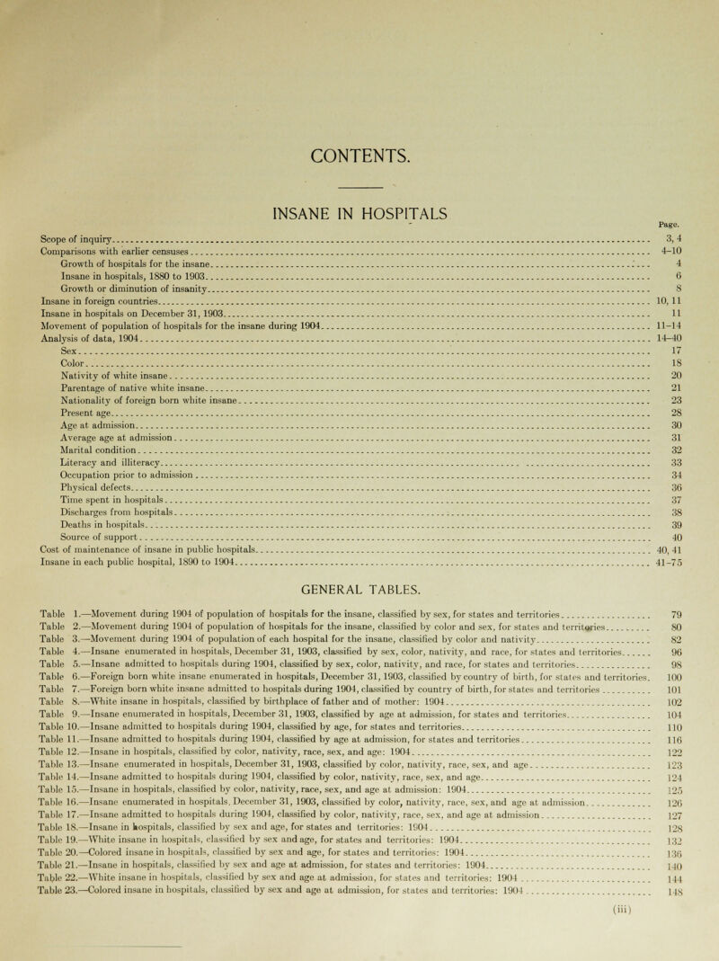 CONTENTS. INSANE IN HOSPITALS Page. Scope of inquiry 3, 4 Comparisons with earlier censuses 4-10 Growth of hospitals for the insane - 4 Insane in hospitals, 1880 to 1903 0 Growth or diminution of insanity 8 Insane in foreign countries 10, 11 Insane in hospitals on December 31, 1903 11 Movement of population of hospitals for the insane during 1904 11-14 Analysis of data, 1904 14-40 Sex 17 Color - IS Nativity of white insane 20 Parentage of native white insane 21 Nationality of foreign born white insane 23 Present age 28 Age at admission 30 Average age at admission 31 Marital condition 32 Literacy and illiteracy 33 Occupation prior to admission 34 Physical defects 36 Time spent in hospitals 37 Discharges from hospitals 38 Deaths in hospitals 39 Source of support 40 Cost of maintenance of insane in public hospitals 40, 41 Insane in each public hospital, 1890 to 1904 41-75 GENERAL TABLES. Table 1.—Movement during 1904 of population of hospitals for the insane, classified by sex, for states and territories 79 Table 2.—Movement during 1904 of population of hospitals for the insane, classified by color and sex, for states and territories 80 Table 3.—Movement during 1904 of population of each hospital for the insane, classified by color and nativity 82 Table 4.—Insane enumerated in hospitals, December 31, 1903, classified by sex, color, nativity, and race, for states and territories 96 Table 5.—Insane admitted to hospitals during 1904, classified by sex, color, nativity, and race, for states and territories 98 Table 6.—Foreign born white insane enumerated in hospitals, December 31, 1903, classified by country of birth, for states and territories. 100 Table 7.—Foreign born white insane admitted to hospitals during 1904, classified by country of birth, for states and territories 101 Table 8.—White insane in hospitals, classified by birthplace of father and of mother: 1904 102 Table 9.—Insane enumerated in hospitals, December 31, 1903, classified by age at admission, for states and territories 104 Table 10.—Insane admitted to hospitals during 1904, classified by age, for states and territories 110 Table 11.—Insane admitted to hospitals during 1904, classified by age at admission, for states and territories 1 Hi Table 12.—Insane in hospitals, classified by color, nativity, race, sex, and age: 1904 122 Table 13.—Insane enumerated in hospitals, December 31, 1903, classified by color, nativity, race, sex, and age 123 Table 14.—Insane admitted to hospitals during 1904, classified by color, nativity, race, sex, and age 12-1 Table 15.—Insane in hospitals, classified by color, nativity, race, sex, and age at admission: 1904 125 Table 16.—Insane enumerated in hospitals. December 31, 1903, classified by color, nativity, race, sex, and age at admission 126 Table 17.—Insane admitted to hospitals during 1904, classified by color, nativity, race, sex, and age at admission 127 Table 18.—Insane in kospitals, classified by sex and age, for states and territories: 1904 128 Table 19.—White insane in hospitals, classified by sex and age, for states and territories: 1904. 132 Table 20.—Colored insane in hospitals, classified by sex and age, for states and territories: 1904 13i; Table 21.—Insane, in hospitals, classified by sex and age at admission, for states and territories: 1904 1 )() Table 22.—White insane in hospitals, classified by sex and age at admission, for states and territories: 1904 144 Table 23.—Colored insane in hospitals, classified by sex and age at admission, for states and territories: 1904 14S