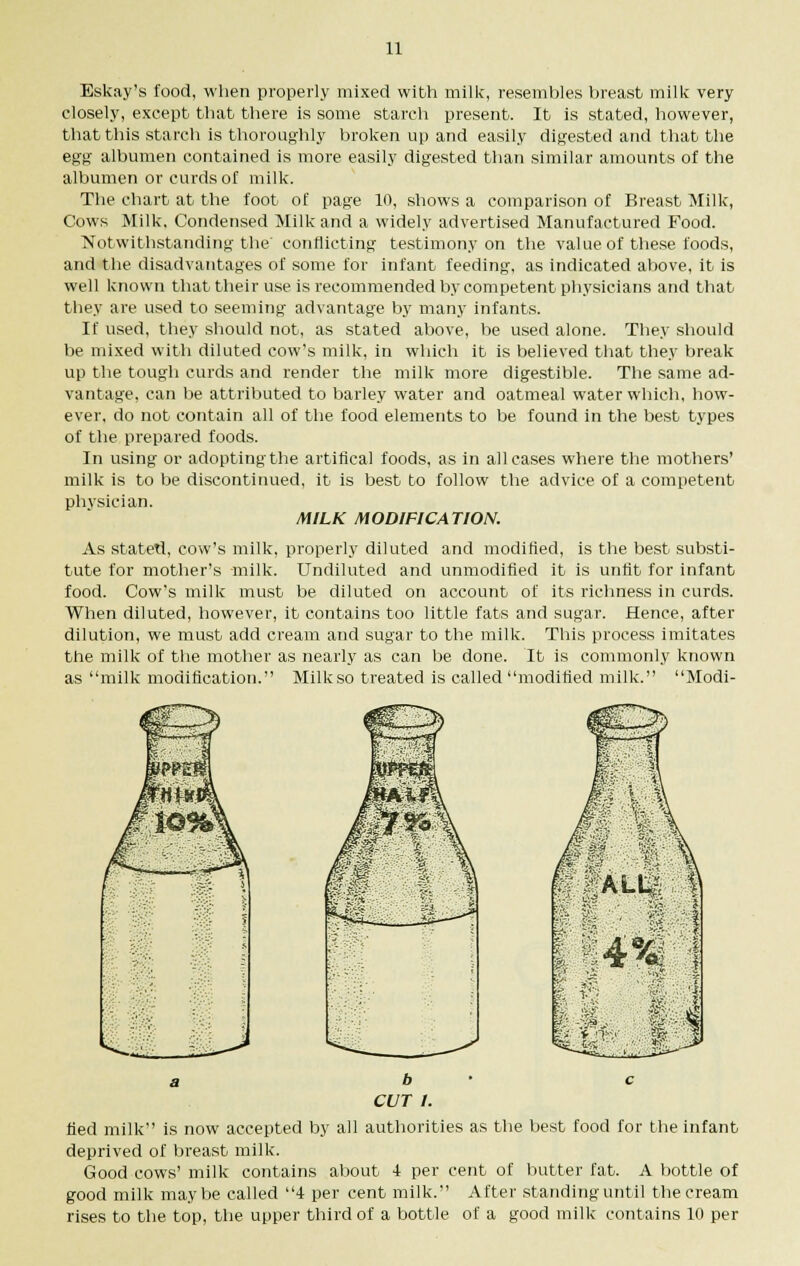 Eskay's food, when properly mixed with milk, resembles breast milk very closely, except that there is some starch present. It is stated, however, that this starch is thoroughly broken up and easily digested and that the egg albumen contained is more easily digested than similar amounts of the albumen or curds of milk. The chart at the foot of page 10, shows a comparison of Breast Milk, Cows Milk, Condensed Milk and a widely advertised Manufactured Food. Notwithstanding the conflicting testimony on the value of these foods, and the disadvantages of some for infant feeding, as indicated above, it is well known that their use is recommended by competent physicians and that they are used to seeming advantage by many infants. If used, they should not, as stated above, be used alone. They should be mixed with diluted cow's milk, in which it is believed that they break up the tough curds and render the milk more vantage, can be attributed to barley water and ever, do not contain all of the food elements to of the prepared foods. In using or adopting the artiflcal foods, as in all cases where the mothers' milk is to be discontinued, it is best to follow the advice of a competent phvsician. MILK MODIFICATION. As statetl, cow's milk, properly diluted and modified, is the best substi- tute for mother's milk. Undiluted and unmodified it is unfit for infant food. Cow's milk must be diluted on account of its richness in curds. When diluted, however, it contains too little fats and sugar. Hence, after dilution, we must add cream and sugar to the milk. This process imitates the milk of the mother as nearly as can be done. It is commonly known as milk modification. Milkso treated is called modified milk. Modi- digestible. The same ad- oatmeal water which, how- be found in the best types a b • c CUT I. tied milk is now accepted by all authorities as the best food for the infant deprived of breast milk. Good cows' milk contains about 4 per cent of butter fat. A bottle of good milk maybe called 4 per cent milk. After standing until the cream rises to the top, the upper third of a bottle of a good milk contains 10 per