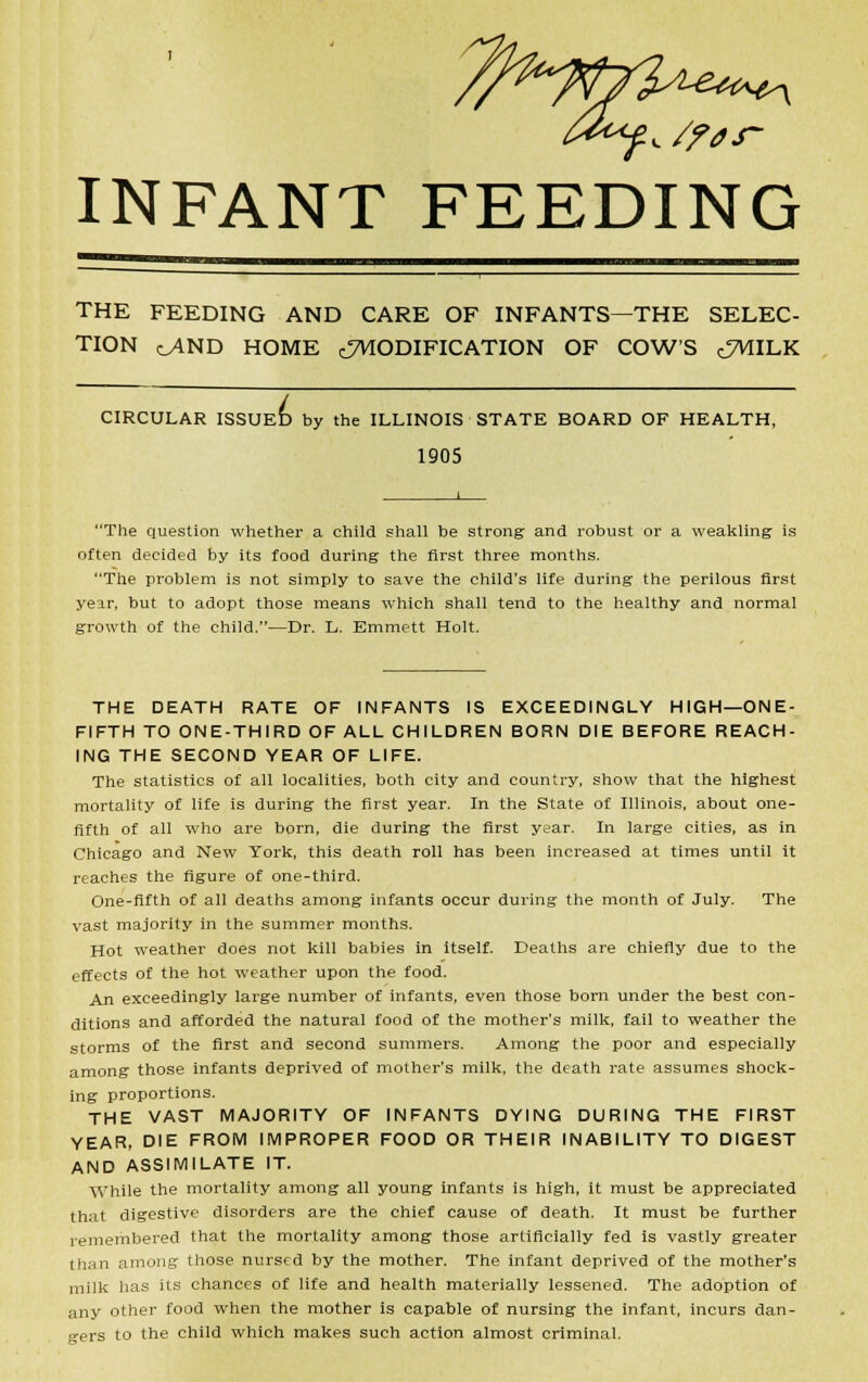 \ /fas- INFANT FEEDING THE FEEDING AND CARE OF INFANTS—THE SELEC- TION oAND HOME .^MODIFICATION OF COW'S cTWILK I CIRCULAR ISSUED by the ILLINOIS STATE BOARD OF HEALTH, 1905 The question whether a child shall be strong- and robust or a weakling is often decided by its food during the first three months. The problem is not simply to save the child's life during the perilous first year, but to adopt those means which shall tend to the healthy and normal growth of the child.—Dr. L. Emmett Holt. THE DEATH RATE OF INFANTS IS EXCEEDINGLY HIGH—ONE- FIFTH TO ONE-THIRD OF ALL CHILDREN BORN DIE BEFORE REACH- ING THE SECOND YEAR OF LIFE. The statistics of all localities, both city and country, show that the highest mortality of life is during the first year. In the State of Illinois, about one- fifth of all who are born, die during1 the first year. In large cities, as in Chicago and New York, this death roll has been increased at times until it reaches the figure of one-third. One-fifth of all deaths among infants occur during the month of July. The vast majority in the summer months. Hot weather does not kill babies in itself. Deaths are chiefly due to the effects of the hot weather upon the food. An exceedingly large number of infants, even those born under the best con- ditions and afforded the natural food of the mother's milk, fail to weather the storms of the first and second summers. Among the poor and especially among those infants deprived of mother's milk, the death rate assumes shock- ing proportions. THE VAST MAJORITY OF INFANTS DYING DURING THE FIRST YEAR, DIE FROM IMPROPER FOOD OR THEIR INABILITY TO DIGEST AND ASSIMILATE IT. While the mortality among all young infants is high, it must be appreciated that digestive disorders are the chief cause of death. It must be further remembered that the mortality among those artificially fed is vastly greater than among those nursed by the mother. The infant deprived of the mother's milk has its chances of life and health materially lessened. The adoption of any other food when the mother is capable of nursing the infant, incurs dan- gers to the child which makes such action almost criminal.