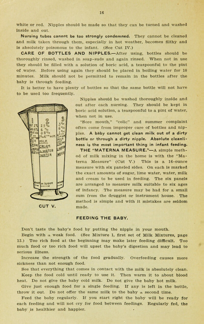 white or red. Nipples should be made so that they can be turned and washed inside and out. Nursing tubes cannot be too strongly condemned. They cannot be cleaned and milk taken through them, especially in hot weather, becomes filthy and is absolutely poisonous to the infant. (See Cut IV.) CARE OF BOTTLES AND NIPPLES— Alter using, bottles should be thoroughly rinsed, washed in soap-suds and again rinsed. When not in use they should be filled with a solution of boric acid, a teaspoonful to the pint of water. Before using again they should be placed in boiling water for 10 minutes. Milk should not be permitted to remain in the bottles after the baby is through feeding. It is better to have plenty of bottles so that the same bottle will not have to be used too frequently. Nipples should be washed thoroughly inside and out after each nursing. They should be kept in boric acid solution, a teaspoonful to a pint of water, when not in use. Sore mouth, colic and summer complaint often come from improper care of bottles and nip- ples. A baby cannot get clean milk out of a dirty bottle or through a dirty nipple. Absolute cleanli- ness is the most important thing in infant feeding. THE MATERNA MEASURE.—A simple meth- od of milk mixing in the home is with the Ma- terna Measure (Cut V.) This is a 16-ounce measure with six paneled sides. On each is marked the exact amounts of sugar, lime water, water, milk and cream to be used in feeding. The six panels are arranged to measure milk suitable to six ages of infancy. The measure may be had for a small sum from the druggist or instrument house. The method is simple and with it mistakes are seldom made. CUT V. FEEDING THE BABY. Don't taste the baby's food by putting the nipple in your mouth. Begin with a, weak food. (See Mixture 1, first set of Milk Mixtures, page 13.) Too rich food at the beginning may make later feeding difficult. Too much food or too rich food will upset the baby's digestion and may lead to serious illness. Increase the strength of the food gradually. Overfeeding causes more sickness than not enough food. See that everything that comes in contact with the milk is absolutely clean. Keep the food cold until ready to use it. Then warm it to about blood heat. Do not give the baby cold milk. Do not give the baby hot milk. Give just enough food for a single feeding. If any is left in the bottle, throw it out. Do not offer the same milk to the baby u. second time. Feed the baby regularly. If you start right the baby will be ready for each feeding and will not cry for food between feedings. Regularly fed, the baby is healthier and happier.