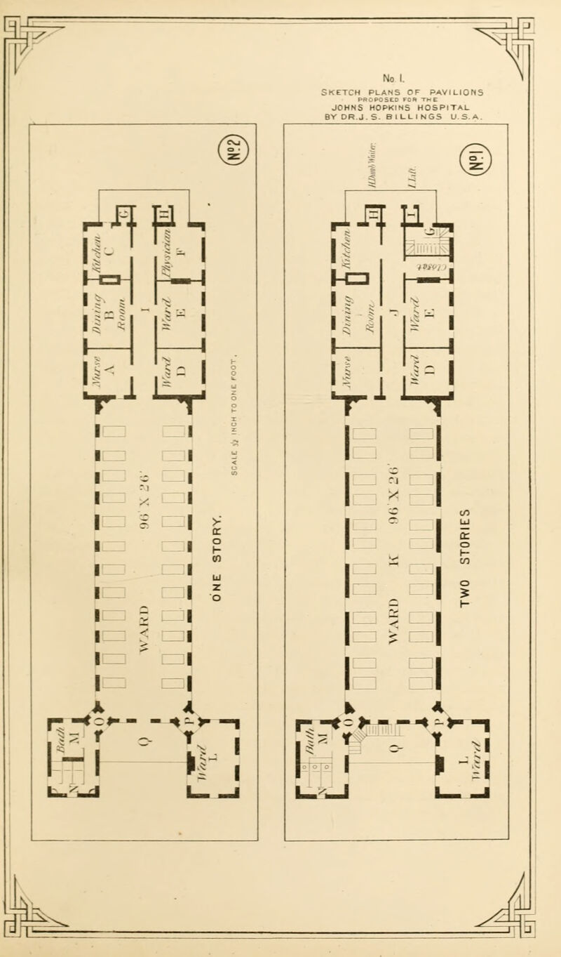 r£ No !. Sketch plans of pavilions PROPOSED FOR THE JOHNS HOPKINS HOSPITAL BY DR.J. S. BILLI NGS U.S.A. Lx