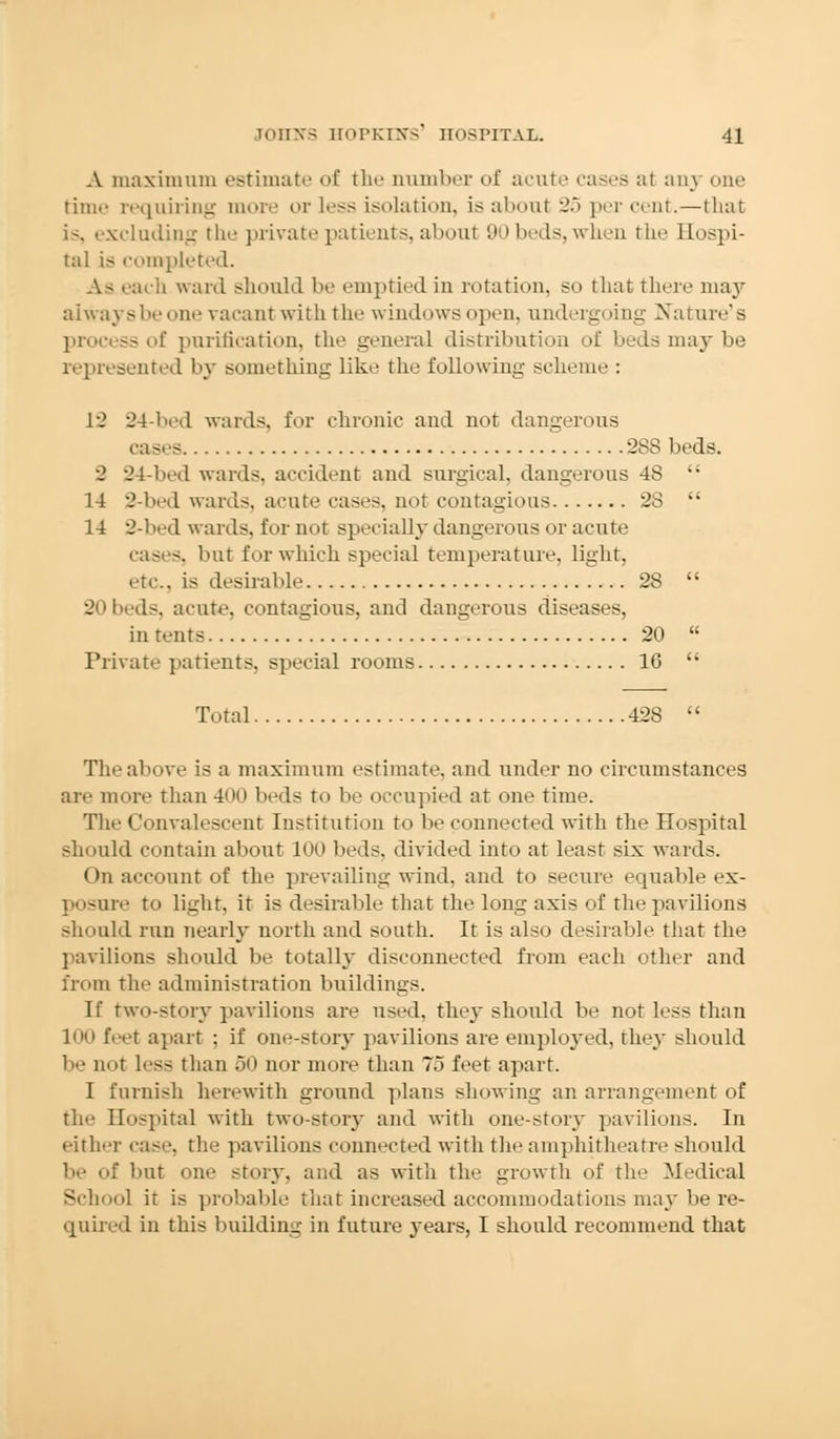 A maximum estimate of the number of acute cases al any one time requiring more or less isolation, is about 25 percent.—that sxluding the private patients, about 90 beds, when the Eospi- tal is completed. As each ward should be emptied in rotation, so that there ma}' aiw ays l«c on,■ vacant with the windows open, undergoing Nature's process of purification, the general distribution of beds may be represented by something like the following scheme : 12 24-l>ed wards, fur chronic and not dangerous cases 288 beds. 2 24-bed wards, accident and surgical, dangerous 48  14 2-bed wards, acute cases, not contagious 2S  14 2-bed wards, for not specially dangerous or acute cases, but for which special temperature, light. etc., i- desirable 28  20 beds, acute, contagious, and dangerous diseases, in tents 20  Private patients, special rooms 16  a  Total 428 The above is a maximum estimate, and under no circumstances are more than400 beds to be occupied at one time. The Convalescent Institution to be connected with the Hospital should contain about 100 beds, divided into at least six wards. On account of the prevailing wind, and to secure equable ex- posure to light, it is desirable that the long axis of the pavilions should run nearly north and south. It is also desirable that the pavilions should be totally disconnected from each other and from the administration buildings. If two-story pavilions are used, they should be not less than loo feet apart : if one-story pavilions are employed, they should be not h'ss than 50 nor more than 75 feet apart. I furnish herewith ground plans showing an arrangement of the Hospital with two-story and with one-story pavilions. In either case, the pavilions connected with the amphitheatre should be >>f but one story, and as with the growth of the Medical School it is probable that increased accommodations may be re- quired in this building in future years, I should recommend that