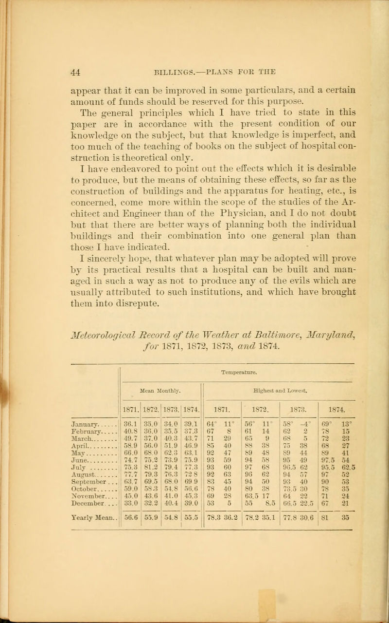 appear that it can be improved in some particulars, and a certain amount of funds should be reserved for this purpose. The general principles which I have tried to state in this paper are in accordance with the present condition of our knowledge on the subject, but that knowledge is imperfect, and too much of the teaching of books on the subject of hospital con- struction is theoretical only. I have endeavored to point out the effects which it is desirable to produce, but the means of obtaining these effects, so far as the construction of buildings and the apparatus for heating, etc., is concerned, come more within the scope of the studies of the Ar- chitect and Engineer than of the Physician, and I do not doubt but that there are better ways of planning both the individual buildings and their combination into one general plan than those I have indicated. I sincerely hope, that whatever plan may be adopted will prove by its practical results that a hospital can be built and man- aged in such a way as not to produce any of the evils which are usually attributed to such institutions, and which have brought them into disrepute. Mt teorological Record of the Weather at Baltimore, Maryland, for 1871. 1872, 1873, and 1874. Temperature. Mean Monthly. Highest and Lowest. 1871. 1872. 1873. 1-71 1871. IS 73. 1-7::. 1-74. January 3(5.1 35.0 34.0 39.1 64° 11° 56° 11 58' -4° 09° 13° 40.8 36.0 37.3 .17 8 61 14 62 2 ;- 15 March A'.).', 37.0 W.3 43.7 71 29 65 9 68 5 72 23 56.0 51.9 46.9 85 40 ss 38 75 38 68 27 66 0 60 3 63.1 92 47 89 4s 89 44 89 41 74 7 75.2 73.9 75.9 93 93 59 60 94 97 58 68 95 49 96.5 62 97 5 95.5 54 75.3 81.2 79.4 77.3 62.5 77.7 79.3 76.3 728 92 63 96 62 94 57 97 52 September... 63.7 09.5 68.0 ''.'.''.I 83 45 94 ;,(i 93 40 90 53 October 59.0 58 3 45.0 43.6 54.8 56.6 78 40 80 38 73.5 30 78 35 November.... 41.0 45.:'. 69 28 63 5 17 64 22 71 24 December ... 33.0 32.2 40.4 39.0 53 5 55 8.5 66.5 22 5 67 31 Yearly Mean.. 56.6 55.9 1 B 55.5 78.3 36.2 78.2 35.1 77.8 30.6 81 35 J