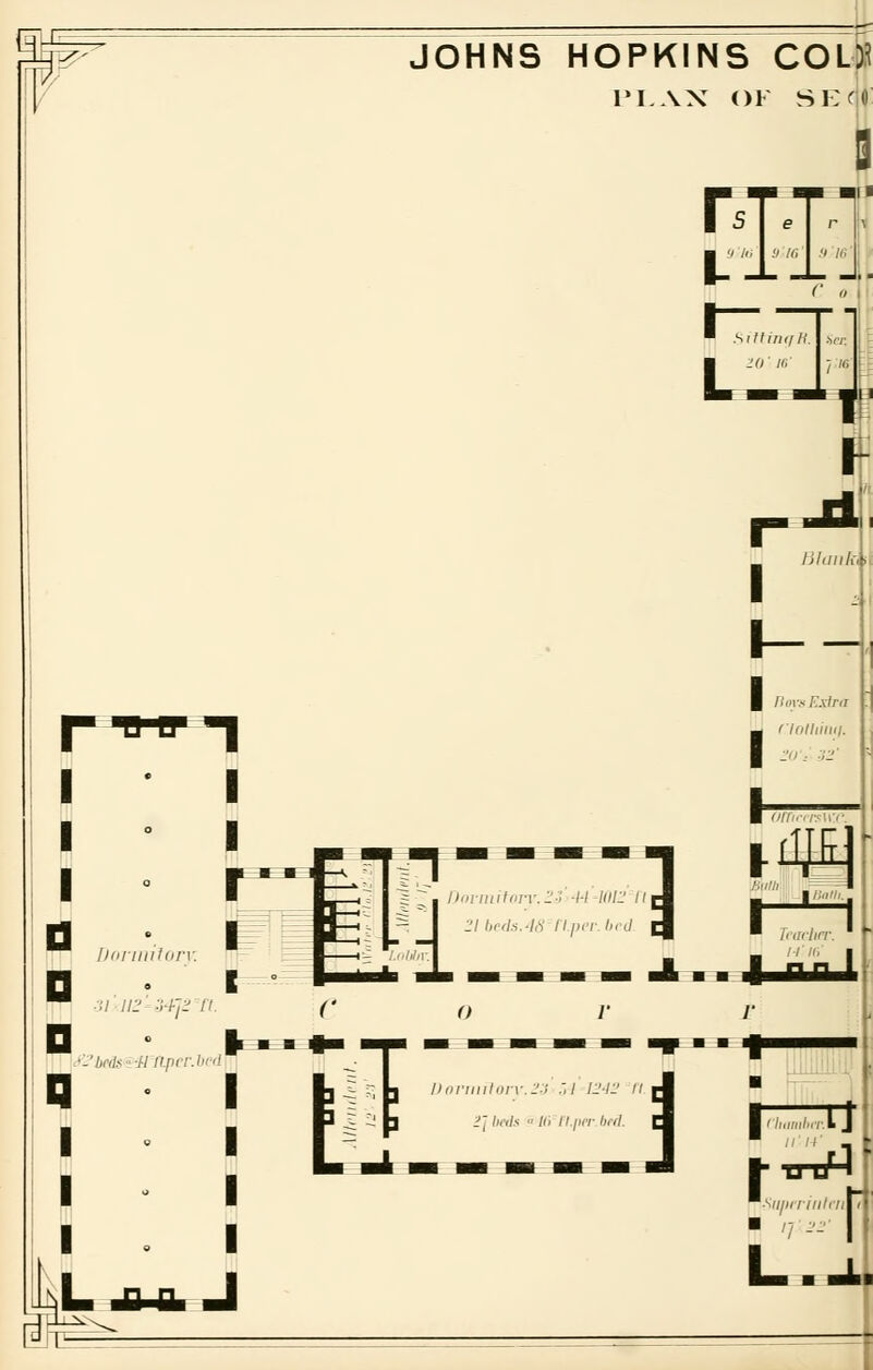 I I I/oriuilan 31 112 54]2 II JOHNS HOPKINS COli PLAN OF SECU a ■ i lih ink,, i Bora Esira floHdiuf. Dormitonr.23 44 1012 li 21beds.4S n.pei bed O r •-'/«•*•■■// I'l.prr.hnl q I i Uormilorv.23 .',1 1242 n l\ beds  /fi //./«■/■ hnl. 11 v-- [d |-