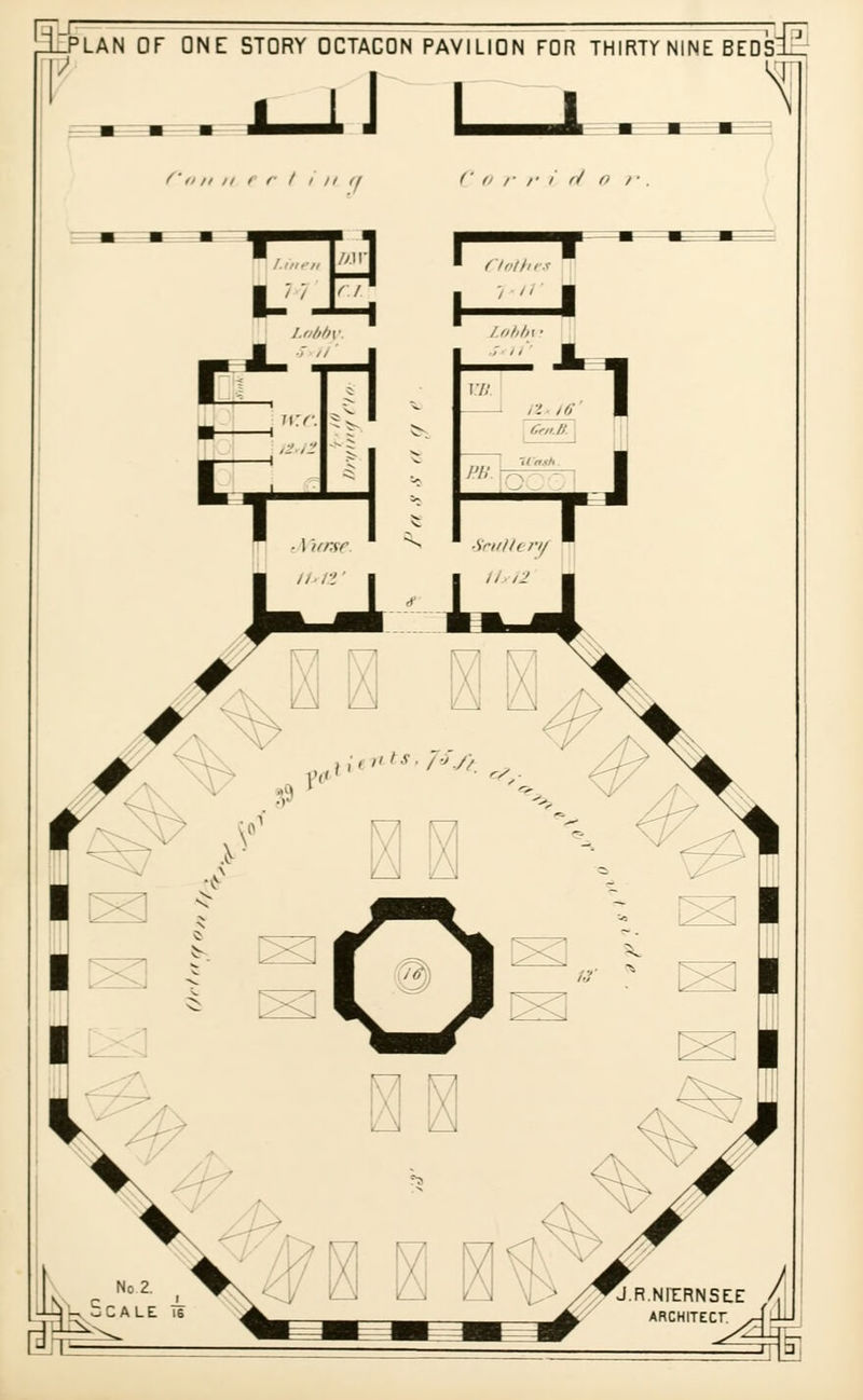 R- PLAN OF ONE STORY OCTAGON PAVILION FOR THIRTY NINE BEDS i . j