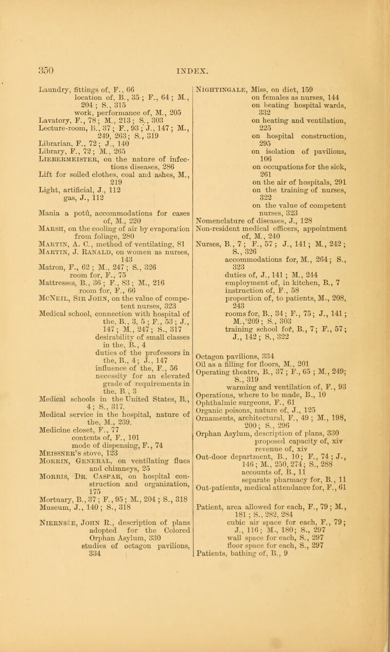 Laundry, fittings of, F., 60 location of, B., 35 ; F., 04; M., 204 ; S., 315 work, performance of, M., 205 Lavatory, F., 78; M., 213; S., 303 Lecture-room, I!., 37 ; F., 93 ;' J., 147 ; M., 249, 203; S., 319 Librarian, F., 72; J., 140 Library, F., 72; 31., 265 Liebermeister, on the nature of infec- tious diseases, 286 Lift for soiled clothes, coal and ashes, M., 219 Light, artificial, J., 112 gas, J., 112 Mania a potu, accommodations for cases of, M., 320 MAiisrr, on the cooling of air by evaporation from foliage, 280 Martin, A. C., method of ventilating, 81 Mautin, J. Ranald, on women as nurses, 143 Matron, F., 02 ; M., 247; S., 326 room for, F., 75 Mattresses, B., 36 ; F., 83 ; M., 216 room for, F., nil McNeil, Sir John, on the value of compe- tent nurses, 323 Medical school, connection with hospital of the, B., 3, 5; F., 53; J., 147; M., 247; S., 317 desirability of small classes in the, B., 4 duties of the professors in the, B., 4; J., 147 influence of the, F., 56 necessity for an elevated grade of requirements in the. B., 3 Medical schools in the United States, B., 4; S., 317. Medical service in the hospital, nature of the, M., 239. Medicine closet, F., 77 contents of, F., 101 mode of dispensing, F., 74 Meissner's stove, 123 Morris, General, on ventilating flues and chimneys, 25 Morris, Dr. Caspar,, on hospital con- struction and organization, 175 Mortuary, B., 37 ; F., 95 ; M., 204 ; S., 318 Museum, J., 140; S., 318 Nlernsee, Joien R., description of plans adopted for the Colored Orphan Asylum, 330 Btudies of octagon pavilions, 334 Nightingale, Miss, on diet, 159 on females as nurses, 144 on heating hospital wards, 332 on heating and ventilation, 225 on hospital construction, 295 on isolation of pavilions, 106 on occupations for the sick, 261 on the air of hospitals, 291 on the training of nurses, 322 on the value of competent nurses, 323 Nomenclature of diseases, J., 128 Non-resident medical officers, appointment of, M., 240 Nurses, B., 7 ; F., 57 ; J., 141 ; M., 242 ; S., 326 accommodations for, M., 204; S., 323 duties of, J., 141; M., 244 employment of, in kitchen, B., 7 instruction of, F., 58 proportion of, to patients, M., 208, 243 rooms for. B., 34; F., 75; J., 141; M.,'209; S., 303 training school for, B., 7; F., 57; J., 142; S.,322 Octagon pavilions, :!:!4 Oil as a filling for floors, M., 201 Operating theatre, B., 37 ; F., 05 ; M., 249; S., 319 warming and ventilation of, F., 93 Operations, where to be made, B., 10 Ophthalmic surgeons, F., 61 Organic poisons, nature of, J., 125 Ornaments, architectural, F., 49 ; M., 198, 200; S.. 296 Orphan Asylum, description of plans, 330 proposed capacity of, xiv revenue of, xiv Out-door department, B., 10; F., 74; J., 146; M.. 250,274; S., 288 accounts of, 15., 11 separate pharmacy for, B., 11 Out-patients, medical attendance for, F., (il Patient, area allowed for each, F., 79 ; M., 181 ; S.. 282, 284 cubic air space for each, F.. 79; J.. 110; M., 180; S., 297 wall Bpace for each, S., 297 floor space Ear rach, S., 297 Patients, bathing of, 1>., 9