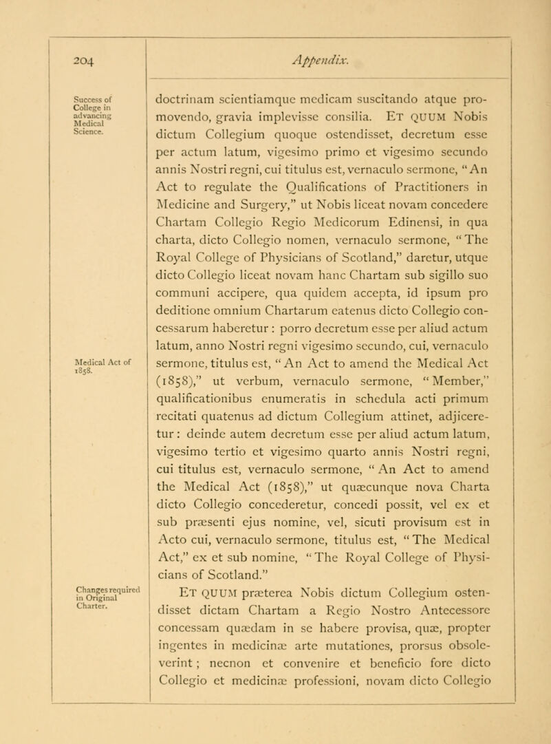 Success of College in advancing Medical Science. Medical Act of Changes required in Original Charter. doctrinam scientiamqiic mcdicam suscitando atque pro- movendo, gravia implevisse consilia. Et QUUM Nobi.s dictum Collegium quoquc ostcndisset, decretum esse per actum latum, vigcsimo primo ct vigesimo secundo annis Nostri regni.cui titulus est, vcrnaculo scrmone, An Act to regulate the Qualifications of Practitioners in Medicine and Surgery, ut Nobis liceat novam concedere Chartam Collegio Rcgio Mcdicorum Edinensi, in qua charta, dicto Collegio nomen, vernaculo sermone, The Royal College of Physicians of Scotland, daretur, utque dicto Collegio liceat novam hanc Chartam sub sigillo suo communi accipere, qua quidcm accepta, id ipsum pro deditione omnium Chartarum catenus dicto Collegio con- cessarum haberetur : porro decretum esse per aliud actum latum, anno Nostri regni vigesimo secundo, cui, vernaculo sermone, titulus est, An Act to amend the Medical Act (1858), ut verbum, vernaculo sermone, Member, qualificationibus enumeratis in schedula acti primum recitati quatenus ad dictum Collegium attinet, adjicere- tur : deindc autem decretum esse per aliud actum latum, vigesimo tertio et vigesimo quarto annis Nostri regni, cui titulus est, vernaculo sermone,  An Act to amend the Medical Act (1858), ut qusecunque nova Charta dicto Collegio concederetur, concedi possit, vel ex et sub praisenti ejus nomine, vel, sicuti provisum est in Acto cui, vernaculo sermone, titulus est,  The Medical Act, ex et sub nomine,  The Royal College of Physi- cians of Scotland. Et QUUM pr^eterea Nobis dictum Collegium ostcn- disset dictam Chartam a Rcgio Nostro Antecessore conccssam qucedam in se habere provisa, qux, propter ingcntes in medicinal arte mutationes, prorsus obsole- verint; necnon et convenire et beneficio fore dicto Collegio ct medicina: professioni, novam dicto Collegio