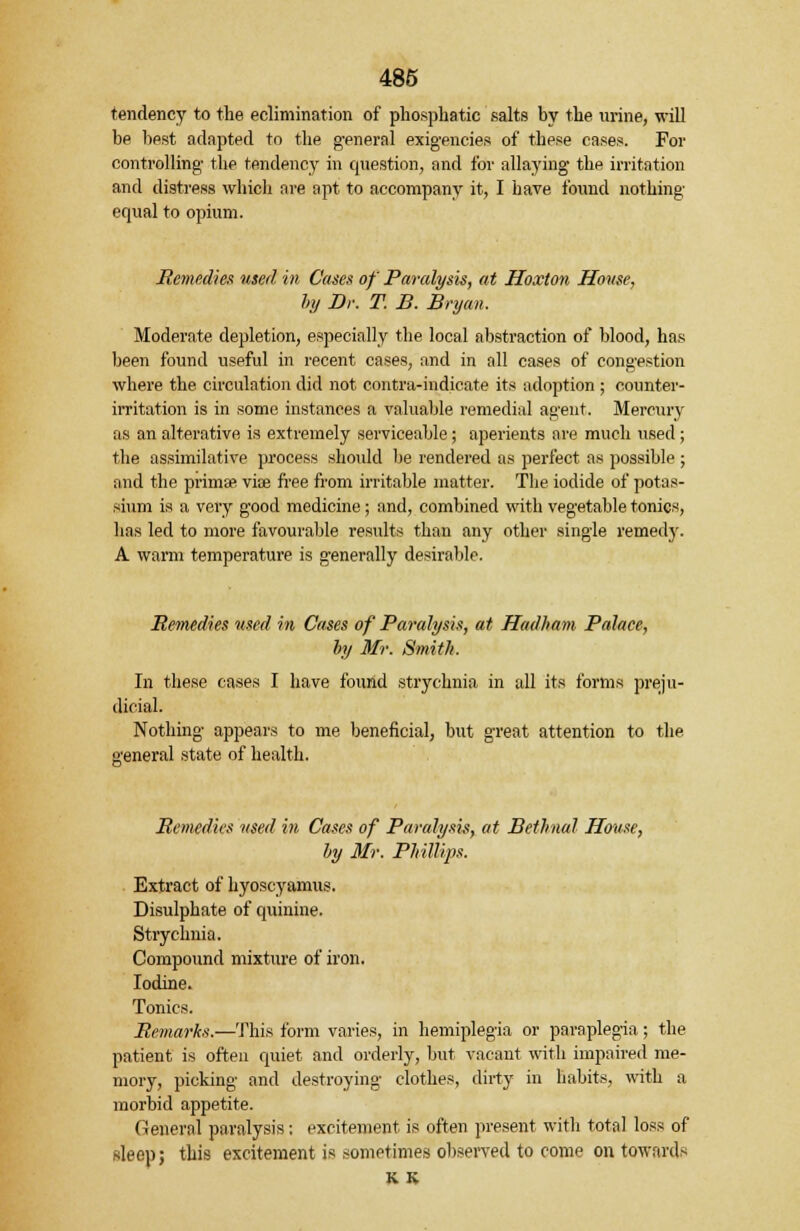 tendency to the eclimination of phosphatic salts by the urine, will he best adapted to the general exigencies of these cases. For controlling the tendency in question, and for allaying the irritation and distress which are apt to accompany it, I have found nothing equal to opium. Remedies used in Cases of Paralysis, at Hoxton House, by Dr. T. B. Bryan. Moderate depletion, especially the local abstraction of blood, has been found useful in recent cases, and in all cases of congestion where the circulation did not contra-indicate its adoption ; counter- irritation is in some instances a valuable remedial agent. Mercury as an alterative is extremely serviceable; aperients are much used; the assimilative process should be rendered as perfect as possible; and the primae via? free from irritable matter. The iodide of potas- sium is a very good medicine; and, combined with vegetable tonics, has led to more favourable results than any other single remedy. A warm temperature is generally desirable. Remedies used in Cases of Paralysis, at Hadham Palace, by Mr. Smith. In these cases I have found strychnia in all its forms preju- dicial. Nothing appears to me beneficial, but great attention to the general state of health. Remedies used in Cases of Paralysis, at Bethnal House, by Mr. Phillips. Extract of hyoscyamus. Disulphate of quinine. Strychnia. Compound mixture of iron. Iodine. Tonics. Remarks.—This form varies, in hemiplegia or paraplegia; the patient is often quiet and orderly, but vacant with impaired me- mory, picking and destroying clothes, dirty in habits, with a morbid appetite. General paralysis; excitement is often present with total loss of sleep; this excitement is sometimes observed to come on towards K K