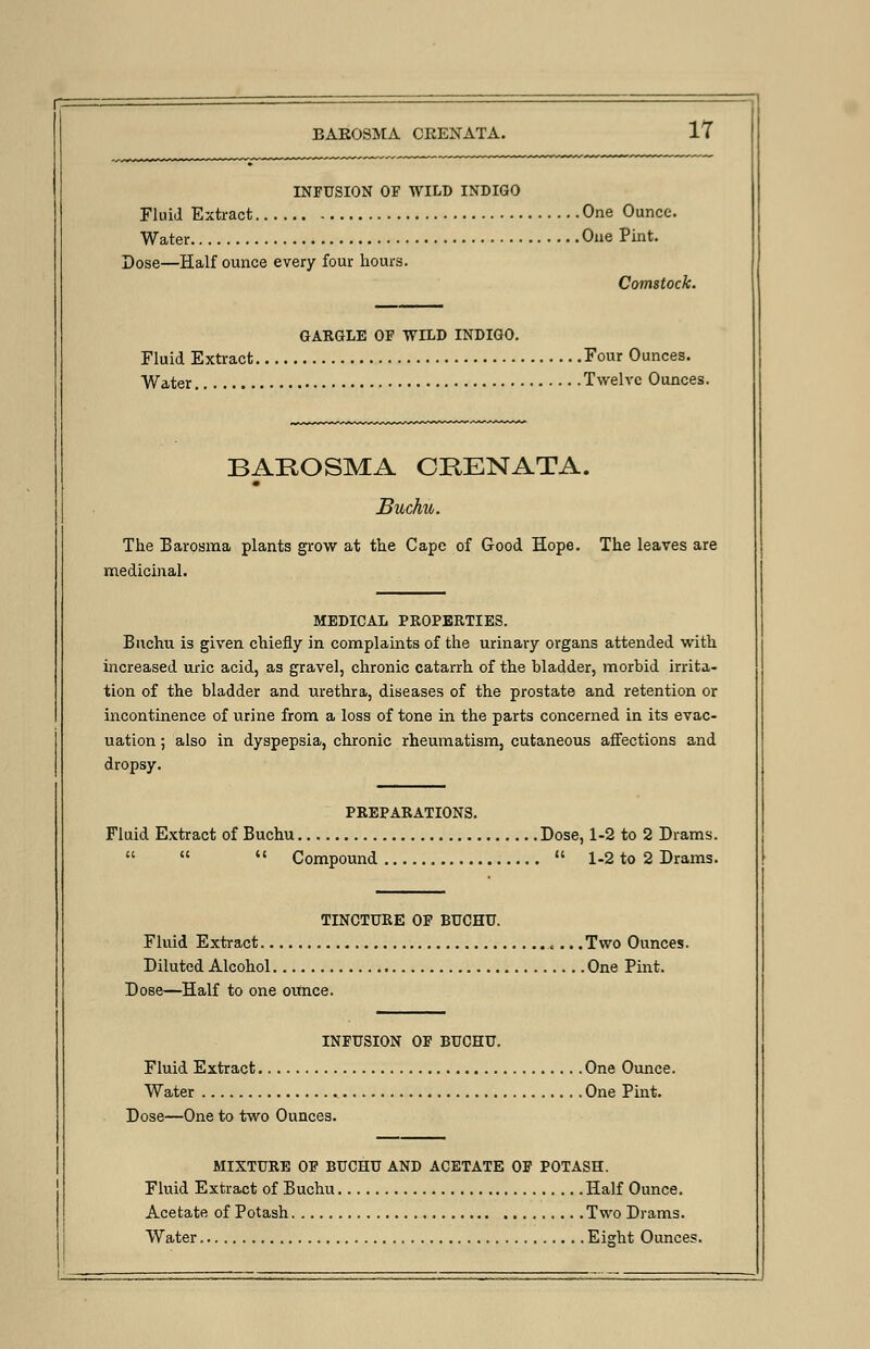 BAROSMA CRENATA. IT INFUSION OF WILD INDIGO Fluid Extract One Ounce. Water One Pint. Dose—Half ounce every four hours. Comstock. GARGLE OF WILD INDIGO. Fluid Extract Four Ounces. Water Twelve Ounces. BAROSMA CKENATA. Buchu. The Barosma plants grow at the Cape of Good Hope. The leaves are medicinal. MEDICAL PROPERTIES. Buchu is given chiefly in complaints of the urinary organs attended with increased uric acid, as gravel, chronic catarrh of the bladder, morbid irrita- tion of the bladder and urethra, diseases of the prostate and retention or incontinence of urine from a loss of tone in the parts concerned in its evac- uation ; also in dyspepsia, chronic rheumatism, cutaneous affections and dropsy. PREPARATIONS. Fluid Extract of Buchu Dose, 1-2 to 2 Drams.    Compound  1-2 to 2 Drams. TINCTURE OF BUCHU. Fluid Extract ,.. .Two Ounces. Diluted Alcohol One Pint. Dose—Half to one ounce. INFUSION OF BUCHU. Fluid Extract One Ounce. Water One Pint. Dose—One to two Ounces. MIXTURE OF BUCHU AND ACETATE OF POTASH. Fluid Extract of Buchu Half Ounce. Acetate of Potash Two Drams. Water Eight Ounces.