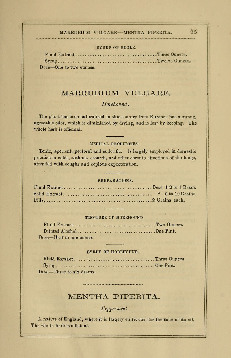 SYRUP OF BUGLE. Fluid Extract Three Ounces. Syrup Twelve Ounces. Dose—One to two ounces. MAREUBIUM VULGARE. Horehound. The plant has been naturalized in this country from Europe ; has a strong agreeable odor, which is diminished by drying, and is lost by keeping. The whole herb is officinal. MEDICAL PROPERTIES. Tonic, aperient, pectoral and sudorific. Is largely employed in domestic practice in colds, asthma, catarrh, and other chronic affections of the lungs, attended with coughs and copious expectoration. PREPARATIONS. Fluid Extract Dose, 1-2 to 1 Dram. Solid Extract  5 to 10 Grains. Pills 2 Grains each. TINCTURE OF HOREHOUND. Fluid Extract Two Ounces. Diluted Alcohol One Pint. Dose—Half to one ounce. SYRUP OF HOREHOUND. Fluid Extract Three Ounces. Syrup One Pint. Dose—Three to six drams. MENTHA PIPERITA. Peppermint. A native of England, where it is largely cultivated for the sake of its oil. The whole herb is officinal.