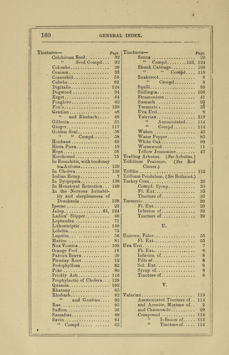 Tinctures— Page. Colchicum Seed 32  SeedCompd... 32 Colombo. ... 20 Coniurn 33 Cranesbill 50 Cubebs 82 Digitalis 124 Dogwood 34 Ergot 44 Foxglove 42 Fox's 139 Gentian 48  and Rhubarb 48 Gillenia 51 Ginger 117 Golden Seal 58   Compd... 58 Henbane 60 Hiera Picra 19 Hops 56 Horehound 75 In Bronchitis, with tendency to« Asthma 139 In Cholera 139 Indian Hemp 7 In Dyspepsia 138 In Menstrual Retention.. . 139 In the Nervous Irritabil- ity and sleeplessness of Drunkards 138 Ipecac 23 Jalap 61, 124 Ladies' Slipper 40 Leptandra 71 Lithontriptic 140 Lobelia 73 Lupulin 56 Matico 81 Nux Vomica 108 Orange Peel 16 Pareira Brava 29 Pleurisy Root 12 Podophyllum 83 Poke 80 Prickly Ash 116 Prophylactic of Cholera.. . 139 Quassia 102 Rhatany 65 Rhubarb 92  and Gentian 92 Rue 95 Saffron 36 Sassafras 68 Savin 64  Compd , 65 Tinctures— Page. Senna 22  Compd 123, 124 Skunk Cabbage 109   Compd.... 110 Snakeroot 8  Compd 9 Squill 99 Stillingia 106 Stramonium 41 Sumach 93 Turmeric 39 Uva Ursi 8 Valerian 113  Aininoniated. . . . 114  Compd 114 Wahoo 45 Water Pepper 85 White Oak 90 Wormwood 11 Yellow Jessamine 47 Trailing Arbutus. (See Arbutus.) Trifolium Pratense. (See Red Clover.) Trilliin 113 Trillium Pendulum. (SeeBethroot.) Turkey Corn 35 Compd. Syrup 35 Fl. Ext 35 Tincture of 35 Turmeric 39 Fl. Ext 39 Infusion of 39 Tincture of.... 39 U. Unicorn, False 55 Fl. Ext 55 Uva Ursi 7 Fl. Ext 8 Infusion of 8 Pills of 8 Sol. Ext 8 Syrup of 8 Tincture of 8 V. Valerian 113 Ammoniated Tincture of.. 114 and Aconite, Mixture of. . 2 and Chamomile 29 Compound 114  Infusion of 114  Tincture of 114