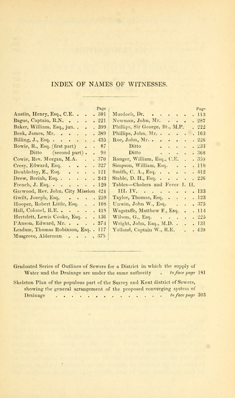 INDEX OF NAMES OF WITNESSES. Page Austin, Henry, Esq., C.E. . . .301 Bague, Captain, R.N. . . . .221 Baker, William, Esq., jun. . . .399 Beek, James, Mr 389 Billing, J., Esq 425 Bowie, R., Esq. (first part) . .87 Ditto (second part) . . 93 Cowie, Rev. Morgan, M.A. . . 370 Cresy, Edward, Esq 327 Doubleday, E., Esq 121 Drew, Beriah, Esq 242 French, J. Esq 120 Garwood, Rev. John, City Mission 421 Gwilt, Joseph, Esq 259 Hooper, Robert Little, Esq. . . 108 Hall, Colonel, R.E 418 Hertslett, Lewis Cooke, Esq. . . 136 I'Anson, Edward, Mr 274 Leadam, Thomas Robinson, Esq. . 117 Musgrove, Alderman .... 375 Page Murdoch, Dr 113 Newman, John, Mr 287 Phillips, Sir George, Bt., M.P. . 222 Phillips, John, Mr 163 Roe, John, Mr 226 Ditto 233 Ditto 3G8 Ranger, William, Esq., C.E. . . 359 Simpson, William, Esq. . . .118 Smith, C. A., Esq 412 Stable, D. H., Esq 226 Tables—Cholera and Fever I. II. III. IV 133 Taylor, Thomas, Esq 123 Unwin, John W., Esq. . . . 375 Wagstaffe, Matthew F., Esq. . .114 Wilson, G., Esq 225 Wright, John, Esq., M.D. . . .131 Yolland, Captain W., R.E. . .420 Graduated Series of Outlines of Sewers for a District in which the supply of Water and the Drainage are under the same authority . to face page 181 Skeleton Plan of the populous part of the Surrey and Kent district of Sewers, showing the general arrangement of the proposed converging system of Drainage to face page 303