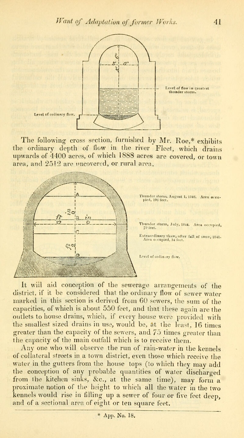 Level of ordinary fl Level of flow in q thunder slunn. The following cross section, furnished by Mr. Roe,* exhibits the ordinary depth of flow in the river Fleet, which drains upwards of 4400 acres, of which 1888 acres are covered, or town area, and 2512 are uncovered, or rural area. blunder storm, Au^-UBt I, U«3. Vied, 106 feet. 184*. Area occupied, fall of vnoiv, ia-11. It will aid conception of the sewerage arrangements of the district, if it be considered that the ordinary flow of sewer water marked in this section is derived from 60 sewers, the sum of the capacities, of which is about 550 feet, and that these again are the outlets to house drains, which, if every house were provided with the smallest sized drains in use, would be, at the least, 16 times greater than the capacity of the sewers, and 75 times greater than the capacity of the main outfall which is to receive them. Any one who will observe the run of rain-water in the kennels of collateral streets in a town district, even those which receive the water in the gutters from the house tops (to which they may add the conception of any probable quantities of water discharged from the kitchen sinks, &c, at the same time), may form a proximate notion of the height to which all the water in the two kennels would rise in filling up a sewer of four or five feet deep, and of a sectional area of eight or ten square feet.