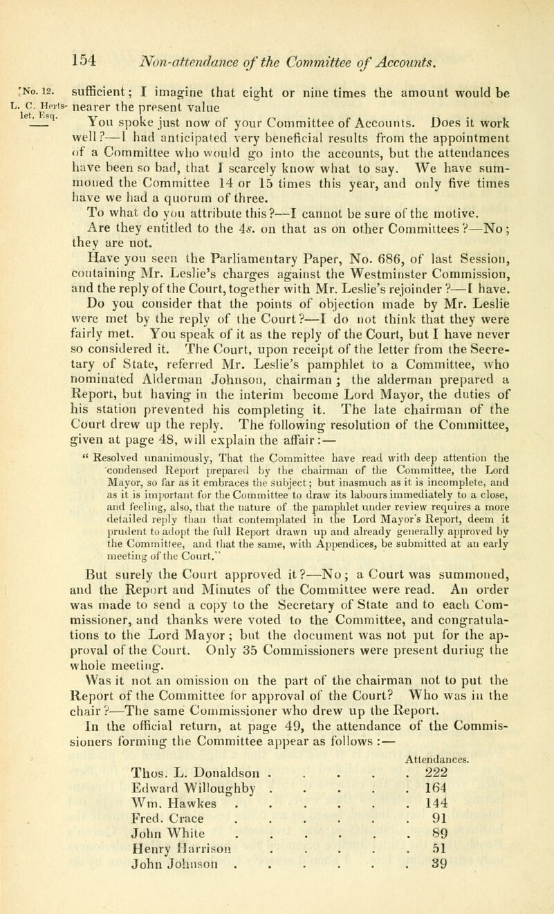 >'o. 12. sufficient; I imagine that eight or nine times the amount would be L. c. Herts- nearer the present value J—q You spoke just now of your Committee of Accounts. Does it work well?—I had anticipated very beneficial results from the appointment of a Committee who would go into the accounts, but the attendances have been so bad, that I scarcely know what to say. We have sum- moned the Committee 14 or 15 times this year, and only five times have we had a quorum of three. To what do you attribute this?—I cannot be sure of the motive. Are they entitled to the 4*. on that as on other Committees V—No; they are not. Have you seen the Parliamentary Paper, No. 686, of last Session, containing Mr. Leslie's charges against the Westminster Commission, and the reply of the Court, together with Mr. Leslie's rejoinder ?—[ have. Do you consider that the points of objection made by Mr. Leslie were met by the reply of the Court?—I do not think that they were fairly met. You speak of it as the reply of the Court, but I have never so considered it. The Court, upon receipt of the letter from the Secre- tary of State, referred Mr. Leslie's pamphlet to a Committee, who nominated Alderman Johnson, chairman ; the alderman prepared a Report, but having in the interim become Lord Mayor, the duties of his station prevented his completing it. The late chairman of the Court drew up the reply. The following resolution of the Committee, given at page 48, will explain the affair:—  Resolved unanimously, That the Committee have read with deep attention the condensed Report prepared by the chairman of the Committee, the Lord Mayor, so far as it embraces the subject; but inasmuch as it is incomplete, and as it is important for the Committee to draw its labours immediately to a close, and feeling, also, that the nature of the pamphlet under review requires a more detailed reply than that contemplated in the Lord Mayor's Report, deem it prudent to adopt the full Report drawn up and already generally approved by the Committee, and that the same, with Appendices, be submitted at an early meeting of the Court. But surely the Court approved it?—No; a Court was summoned, and the Report and Minutes of the Committee were read. An order was made to send a copy to the Secretary of State and to each Com- missioner, and thanks were voted to the Committee, and congratula- tions to the Lord Mayor ; but the document was not put for the ap- proval of the Court. Only 35 Commissioners were present during the whole meeting. Was it not an omission on the part of the chairman not to put the Report of the Committee for approval of the Court? Who was in the chair?—The same Commissioner who drew up the Report. In the official return, at page 49, the attendance of the Commis- sioners forming the Committee appear as follows : — Attendances. 222 Alios, xj. x^unaiusuii . . . Edward Willoughby . . 164 Wiii, Hawkes . 144 Fred. Crace . 91 John White . 89 Henry Harrison . 51 John Johnson . . 39