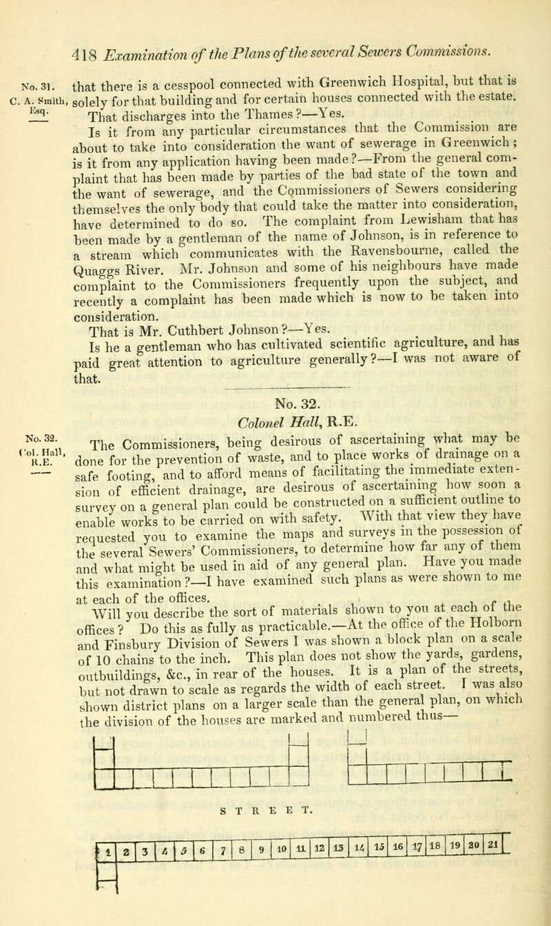 No. 31. that there is a cesspool connected with Greenwich Hospital, but that is c. a. smith, solely for that building and for certain houses connected with the estate. Esq' That discharges into the Thames ?—Yes. _ _ Is it from any particular circumstances that the Commission ^ are about to take into consideration the want of sewerage in Greenwich ; is it from any application having been made?—From the general com- plaint that has been made by parties of the bad state of the town and the want of sewerage, and the Commissioners of Sewers considering themselves the only body that could take the matter into consideration, have determined to do so. The complaint from Lewisham that has been made by a gentleman of the name of Johnson, is in reference to a stream which communicates with the Ravensbourne, called the Quaggs River. Mr. Johnson and some of his neighbours have made complaint to the Commissioners frequently upon the subject, and recently a complaint has been made which is now to be taken into consideration. That is Mr. Cuthbert Johnson ?—Yes. Is he a gentleman who has cultivated scientific agriculture, and has paid great attention to agriculture generally?—I was not aware of that. No. 32. Colonel Hall, R.E. The Commissioners, being desirous of ascertaining what may be done for the prevention of waste, and to place works of drainage on a safe footing and to afford means of facilitating the immediate exten- sion of efficient drainage, are desirous of ascertaining how soon a survey on a general plan could be constructed on a sufficient outline to enable works to be carried on with safety. With that view they have requested you to examine the maps and surveys in the possession of the several Sewers' Commissioners, to determine how far any of them and what might be used in aid of any general plan. Have you made this examination ?—I have examined such plans as were shown to me at each of the offices. Will you describe the sort of materials shown to you at each of the offices -> Do this as fully as practicable.—At the office of the Holborn and Finsbury Division of Sewers I was shown a block plan on a scale of 10 chains to the inch. This plan does not show the yards, gardens, outbuildings, &c, in rear of the houses. It is a plan of the streets, but not drawn to scale as regards the width of each street. I was also shown district plans on a larger scale than the general plan, on which the division of the houses are marked and numbered thus— No. 32. Col. Hall. R.E. ■A • zn znnd STREET. H 5 6 11 12 15 17 is | a91 ao | 211_