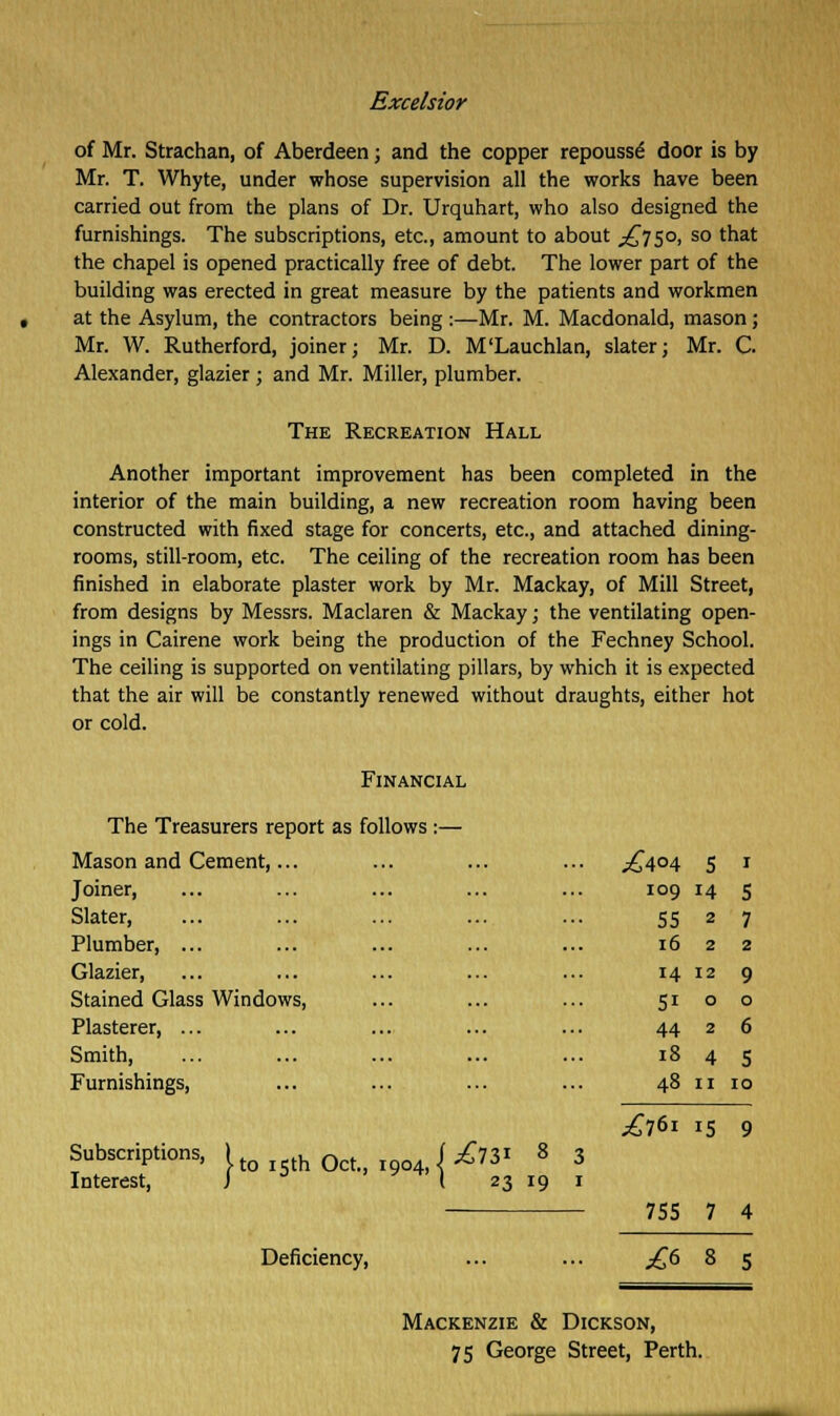 of Mr. Strachan, of Aberdeen; and the copper repousse door is by Mr. T. Whyte, under whose supervision all the works have been carried out from the plans of Dr. Urquhart, who also designed the furnishings. The subscriptions, etc., amount to about .£750, so that the chapel is opened practically free of debt. The lower part of the building was erected in great measure by the patients and workmen at the Asylum, the contractors being :—Mr. M. Macdonald, mason; Mr. W. Rutherford, joiner; Mr. D. M'Lauchlan, slater; Mr. C. Alexander, glazier ; and Mr. Miller, plumber. The Recreation Hall Another important improvement has been completed in the interior of the main building, a new recreation room having been constructed with fixed stage for concerts, etc., and attached dining- rooms, still-room, etc. The ceiling of the recreation room has been finished in elaborate plaster work by Mr. Mackay, of Mill Street, from designs by Messrs. Maclaren & Mackay; the ventilating open- ings in Cairene work being the production of the Fechney School. The ceiling is supported on ventilating pillars, by which it is expected that the air will be constantly renewed without draughts, either hot or cold. Financial The Treasurers report as follows :— Mason and Cement,... ^404 5 1 Joiner, Slater, Plumber, ... Glazier, Stained Glass Windows, Plasterer, ... Smith, Furnishings, 8 3 19 1 109 14 55 2 16 2 14 12 5i ° 44 2 18 4 48 11 5 7 2 9 0 6 5 10 Subscriptions, ) h Q f ^731 Interest, J J 1 23 ^76i 15 9 ... 755 7 4 Deficiency, £(> 8 5 Mackenzie & Dickson, 75 George Street, Perth.