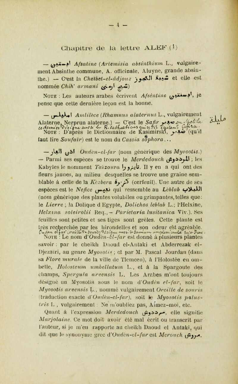Chapitre de la lettre ALEF ( I ) _ ^uo»! Afsatine {Artemisia absinthium L., vulgaire- ment Absinthe commune, A. officinale, Aluyne, grande absin- the.) — C'est la Cheïbet-el-âdjou; j^JI *+*« et elle est nommée Chih' armant (&*j\ jf^**) Note : Les auteurs ai-abes écrivent Afsèntine (^j**»-*', je pense que cette dernière leçon est la bonne. — l^XJwI Amlilbce (Rhamnus alatemus L., vulgairement Alaterne, Nerprun alaterne.) — C'est le Safir j^x«^^.^h'^ Note : D'après le Dictionnaire de Kasimirski, y^jo (qu'il faut lire Soufaïr) est le nom du Cassia sophora... — jW^Il yil Oudcn-el-far (nom générique des Myosotis.) — Parmi ses espèces se trouve le Merdedouck ifijSSjW ; les Kabyles le nomment Taïzoura Ijj^ib. Il y en a qui ont des (leurs jaunes, au milieu desquelles se trouve une graine sem- blable à celle de la Kèsbera *y£ (cerfeuil). Une autre de ses espèces est le Ncficc (_y*xi qui ressemble au Lcblab <_»^a.MI (nom générique fies plantes volubiles ou grimpantes, telles que: le Lierre ; !a Dolique d Egypte, Dolichos lcblab L.; l'Helxine, Hclxina solcirolii Req.,— Parictaria lusitanica Viv.). Ses feuilles sont petites et ses tiges sont grêles. Cette plante est très recherchée par les hirondelles et son odeur est agréable. Note : Le nom à'Oudèn-él-far est donné à plusieurs plantes savoir : par le cheikh Daoud el-Autaki et Abderrezak el- Djezairi, au genre Myosotis ; et par M. Pascal Jourdan (dans sa Flore murale, de la ville de Tlemcen), à l'Holostée en om- belle, Holostcum umbellatum L., et à la Spargoute des champs, Speryu/a arvensis L. Les Arabes m'ont toujours désigné un Myosotis sous le nom d'Oudén el-far, soit le Myosotis aroensis L., nommé vulgairement Oreille de souris traduction exacte d'Oudèn-el-far), soit le Myosotis palus- tris L , vulgairement Ne m'oubliez pas, Aimez-moi, etc. Quant à l'expression Merdedouck jûjài^-, elle signifie Marjolaine. Ce mot doit avoir été mal écrit ou transcrit par l'auteur, si je m'en rapporte au cheikh Daoud el Antaki, qui dit que U- synonyme grec d'Uudcn-cl-far est Merouçh u-j^.*. ^u