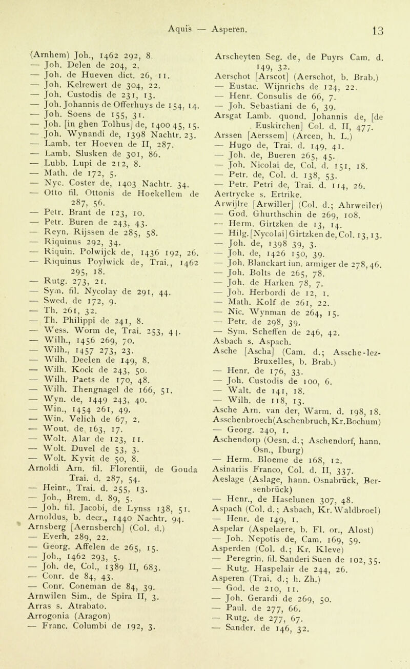 (Arnhem) Joh., 1462 292, 8. — Joh. Delen de 204, 2. — Joli. de Hueven dict. 26, II. — Joh. Kelrewert de 304, 22. — Joh. Custodis de 231, 13. — Joh. Johannis de Offerhuys de 154. 14. — Joh. Soens de 155, 31. — Joh. [in ghen Tolhus] de, 1400 45, 15. — Joh. Wynandi de, 1398 Nachtr. 23. — Lamb. ter Hoeven de II, 287. — Lamb. Slusken de 301, 86. ■— Lubb. Lupi de 212, 8. — Math, de 172, 5. — Nyc. Coster de, 1403 Nachtr. 34. — Otto fil. Ottonis de Hoekellem de 287, 56- — Petr. Brant de 123, 10. — Petr. Buren de 243, 43. — Reyn. Rijssen de 285, 58. — Riquinus 292, 34. — Riquin. Polwijck de, 1436 192, 26. — Riquinus Poylwick de, Trai., 1462 295, 18. — Rutg. 273, 21. — Sym. fil. Nycolay de 291, 44. — Swed. de 172, 9. — Th. 261, 32. — Th. Philipp! de 241, 8. — Wess. Worin de, Trai. 253, 41. — Wilh., 1456 269, 70. — Wilh-, 1457 273, 23. — Wilh. Deelen de 149, 8. — Wilh. Kock de 243, 50. — Wilh. Paets de 170, 48. — Wilh. Thengnagel de 166, 51. — Wyn. de, 1449 243, 40. — Win., 1454 261, 49. — Win. Velich de 67, 2. — Wout. de 163, 17. — Wolt. Alar de 123, II. — Wolt. Duvel de 53, 3. — Wolt. Kyvit de 50, 8. Arnoldi Arn. fil. Florentii, de Gouda Trai. d. 287, 54. — Heinr., Trai. d. 255, 13. — Joh., Brem. d. 89, 5. — Joh. fil, Jacobi, de Lynss 138, 51. Arnoldus, b. decr., 1440 Nachtr. 94. Arnsberg [Aernsberch] (Col. d.) — Everh. 289, 22. — Georg. Affelen de 265, 15. — Job., 1462 293, 5. — Joh. de, Col., 1389 II, 683. — Conr. de 84, 43. — Conr. Coneman de 84, 39. Arnwilen Sim., de Spira II, 3. Arras s. Atrabato. Arrogonia (Aragon) — Franc. Columbi de 192, 3. Arscheyten Seg. de, de Puyrs Cam. d. '49, 32. Aerschot [Arscot] (Aerschot, b. ßrab.) — Eustac. Wijnrichs de 124, 22. — Henr. Consulis de 66, 7. — Joh. Sebastiani de 6, 39. Arsgat Lamb. quond. Johannis de, [de . Euskirchen] Col. d. II, 477. Arssen [Aerssem] (Arcen, h. L.) — Hugo de, Trai. d. 149, 41. — Joh. de, Eueren 265, 45. — Joh. Nicolai de, Col. d. 151, 18. - Petr. de, Col. d. 138, 53. — Petr. Petri de, Trai. d. 114, 26. Aertrycke s. Ertrike. Arwijlre [Arwiller] (Col. d.; Ahrweiler) — God. Ghurthschin de 269 108. — Herrn. Girtzken de 13, 14. — Hilg.[Nycolai] Girtzken de, Col. 13,13. - Joh. de, 1398 39, 3. - Joh. de, 1426 150, 39. - Joh. Blanckart hm. armiger de 278, 46. - Joh. Bolts de 265, 78. — Joh. de Harken 78, 7. - Joh. Herbordi de 12, 1. — Math. Kolf de 261, 22. — Nie. Wynman de 264, 15. — Petr. de 298, 39. — Sym. Scheffen de 246, 42. Asbach s. Aspach. Asche [Ascha] (Cam. d.; Assche-lez- Bruxelles, b. Brab.) — Henr. de 176, 33. — Joh. Custodis de 100, 6. — Walt, de 141, 18. — Wilh. de 118, 13. Asche Arn. van der, Warm. d. 198, 18. Asschenbroech(Aschenbruch,Kr.Bochum) — Georg. 240, 1. Aschendorp (Oesn. d.; Aschendorf, bann. Osn., Iburg) — Herrn. Bloeme de 168, 12. Asinariis Franco, Col. d. II, 337. Aeslage (Ablage, hann. Osnabrück, Ber- senbriiek) — Henr., de Haselunen 307, 48. Aspach (Col. d.; Asbach, Kr. Waldbroel) — Henr. de 149, 1. Aspelar (Aspelaere, b. Fl. or., Alost) — Joh. Nepotis de, Cam. 169, 59. Asperden (Col. d.; Kr. Kleve) — Peregrin. fil. Sanderi Suen de 102, 35. — Rutg. Haspelair de 244, 26. Asperen (Trai. d.; h. Zh.) — God. de 210, 11. — Joh. Gerardi de 269, 50. — Paul, de 277, 66. — Rutg. de 277, 67. — Sander, de 146, 32.