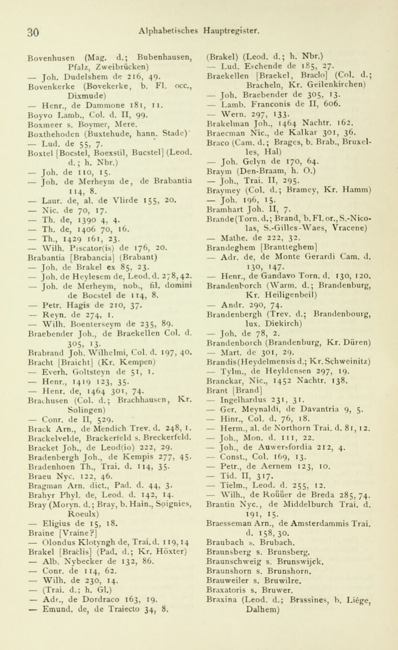 Bovenhusen (Mag. d.; Buberihausen, Pfalz, Zweibrücken) — Joh. Dudelshem de 216, 49. Bovenkerke (Bovekerke, b. Fl. ncc, Dixmude'l — Henr., de Damnione 181, II. Boyvo Lanib., Col. d. II, gg. Boxmeer s. Boynier, Mere. Boxthehodcn (Buxtehude, hann. Stade) — Lud. de 55, 7. Boztel [Bocstel, Boexslil, Bucstel) (Leod. d. ; h. Nbr.) — Joh. de 110, 15. — Joh. de Merheym de, de Brabantia 114, 8. — Laur. de, al. de Vlirde 155, 20. — Nie. de 70, 17. — Th. de, 1390 4, 4. — Th. de, 1406 70, 16. — Th., 1429 161, 23. — Wilh. Piscator(is) de 176, 20. Brabantia [Brabancia] (Brabant) — Joh. de Brakel ex 85, 23. - Joh. de Hcylesem de, Leod.d. 278,42. — Joh. de Merheym, nob., til. domini de Bocstel de 114, 8. - Petr. Hagis de 210, 37. — Reyn. de 274, I. — Wilh. Boenlerseym de 235, 89. Braebender Joh., de Braekellen Col. d. 3°5. '3- Brabrand Joh. Wilhelmi, Col. d. 197, 4°- Bracht [Braicht| (Kr. Kempen) — Everh. Goltsteyn de 51, 1. — Henr., [419 123, 35. — Henr. de, 1464 301, 74. Braihusen (Col. d.; Brachhansen, Kr. Solingen) — Conr. de II, 52g. Brack Arn., de Mendich Trev. d, 248,1. Brackelvelde, Brackerfeld s. Breckerfeld. Kracket Joh., de Leod(io) 222, 2g. Bradenbergh Joh., de Kempis 277, 45. Bradenhoen Th., Trai. d. 114, 35. Braeu Nyc. 122, 46. Bragman Arn. dict., Päd. d. 44, 3. Kraiiyr Phyl. de, Leod. d. 142, 14. Brav (Morvn. d.; Brav, b. Hain., Spignies, Roeulx) — Eligius de 15, 18. Braine [Vraine'?) — Olondus Klotyngh de, Trai. d. 119,14 Brakel [Braclis] (Päd. d.; Kr. Höxter) — Alb. Xybecker de 132, 86. — Conr. de 114, 62. — Wilh. de 230, 14. — (Trai. d.; h. Gl.) — Adr., de Dordraco 163, 19. — Emund. de, de Traiecto 34, 8. (Brakel) (Leod. d.; h. Nbr.) — Lud. Eschende de 1S5, 27. Braekellen [Braekel, Braclo] (Col. d.; Brachein, Kr. Geilenkirchen) — Joh. Braebender de 305, 13. — Lamb. Franconis de II, 606. - Wem. 297, 133. Brakelman Joh.. 1464 Nachtr. 162. Braecman Nie, de Kaikar 301, 36. Braco (Cam. d.; Bragcs, b. Brab., Bruxel- les, Hai) — Joh. Gelyn de 170, 64. Bravm (Den-Braam, h. O.) — joh., Trai. II, 295. Braymey (Col. d.; Bramey, Kr. Hamm) — joh. 196, 15. Bramhart Joh. II, 7. Brande(Torn.d.; Brand, b. Fl.or.,S.-Nico- las, S.-Gilles-Waes, Vracene) — Mathe, de 222, 32. Brandeghem [Brantteghem] — Adr. de, de Monte Gerardi Cam. .1. 130, '47- — Henr., de Gandavo Torn. d. 130, 120. Brandenborch (Warm. d.; Brandenburg, Kr. Heiligenbeil) — Andr. 290, 74. Brandenbergh (Trev. d.; Brandenbourg, lux. Diekirch) - Joh. de 78, 2. Brandenborch (Brandenburg, Kr. Düren) - Mart. de 301, 20. Brandis(Heydclmensisd.; Kr. Schweinitz) — Tylm., de Heyldensen 297, 19. Branckar, Nie, 1452 Nachtr. 138. Brant |Brand] — Ingelhardus 23t, 31. — Ger. Meynaldi, de Davantria 9, 5. — Hinr., Col. d. 76, 18. — Herrn., al. de Northorn Trai. d. 81, 12. — Joh., Mon. d. in, 22. — joh., de Auwersfordia 212, 4. — Const., Col. 169, 13. — Petr., de Aernem 123, 10. — Tid. II, 3>7- — Tielm., Leod. d. 255, 12. — Wilh., de Roüüer de Breda 285, 74. Brantin Xyc., de Middelburch Trai. d. 191, 15. Braesseman Arn., de Amsterdammis Trai. d. 158,30. Braubach 3. Brubach. Braunsberg s. Brunsberg. Braunschweig s. Bninswijck. Braunshorn s. Brunshorn. Brauweiler s. Bruwilre. Braxatoris s. Bruwer. Braxina (Leod. d.; Brassines, b. Liege, Dalhem)