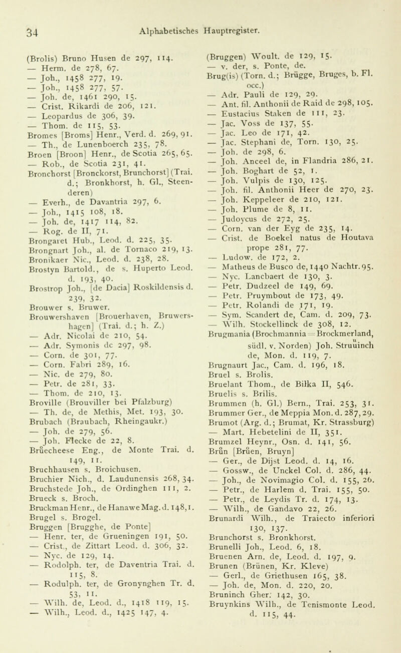 (Erolis) Bruno Husen de 297, 114. — Herrn, de 278, 67. — Joh., 1458 277, 19. — Joh., 1458 277, 57- — Joh. de, 1461 290, 15. — Crist. Rikardi de 206, [21. — Leopardus de 306, 39. — Thom. de 115, 53. Bromes [Broms] Henr., Verd. d. 269, 91. — Th., de Lunenboerch 235, 78. Broen [Broon] Henr., de Scotia 265, 65. — Rob., de Scotia 231, 41. Bronchorst [Bronckorst, Brunchorst] (Trai. d.; Bronkhorst, h. Gl., Steen- deren) — Everh., de Davantria 297, 6. — Joh., 1415 108, 18. — Joh. de, 1417 114, 82. — Kog. de II, 71. Brongaiel Hub., I.eod. d. 225, 35. Brongnart Joh., al. de Tornaco 219, 13. Bronikaer Nie, Leod. d. 238, 28. Brostyn Bartold., de s. Iluperto I.eod. d. 193. 4°- Brostrop Joh., (de Dacia] Roskildensis d. 239. 32- Brouwer s. Bruwer. Brouwershaven [Brouerhaven, Bruwers- hagen] (l'rai. d.; h. Z.) — Adr. Nicolai de 210, 54. — Adr. Symonis de 297, 98. — Com. de 301, 77. — Com. Fal.ri 289, 16. — Nie. de 279, 80. — Petr. de 28!, 33. — Thom. de 210, 13. Broville (Brouviller bei Pfalzburg) — Th. de, de Methis, Met. 193. 3°. Brubach (Braubacli, Rheingaukr.) — Joh. de 279, 56. — Job. Flecke de 22, 8. Bruecheese Eng., de Monte Trai. d. 149, II. Bruchhausen s. Broichusen. Bruchier Nich., d. Laudunensis 268, 34. Bruchstede Joh., de Ordinghen III, 2. Brueck s. Broch. BruckmanHenr., de HanaweMag.d. 148,1. Brugel s. Brogel. Bruggen [Brugghe, de Ponte] — Henr. ter, de Grueningen 191, 50. — Crist , de Zittart Leod. d. 306, 32. — Nyc. de 129, 14. — Rudolph, ter, de Daventria Trai. d. HS, 8. — Rodulph. ter, de Gronynghen Tr. d. 53- iL — Wilh. de, Leod. d., 1418 119. 1 ;. — Wilh., Leod. d., 1425 147, 4. (Bruggen) Woult. de 129, 15- — v. der, s. Ponte, de. Brugiis) (Torn. d.; Brügge, Bruges, b. Fl. occ.) — Adr. Pauli de 129, 29. — Ant. fil. Anthonii de Raid de 298, 105. — Eustachis Staken de III, 23. — Jac. Voss de 137, 55. — Jac. Leo de 171, 42. — Jac. Stephani de, Torn. 130, 25. — Joh. de 298, 6. — joh. Anceel de, in Flandria 286, 21. — Joh. Boghart de 52, I. — Joh. Vulpis de 130, 125. — Joh. fil. Anthonii Heer de 270, 23. — Joh. Keppeleer de 210, 121. — Joh. Plume de 8, II. — Judoycus de 272, 25. - Com. van der Eyg de 235, 14. — Crist. de Boekel natus de Houtava prope 281, 77. — Ludow. de 172, 2. - Matheus de Busco de, 1440 Nach tr. 95. - Nyc. I.ancbaert de 130, 3. — Petr. Dudzeel de 149, 69. — Petr. iJruymbout de 173, 49. - Pur. Rolandi de 171, 19. - Sym. Scandert de, Cam. d. 209, 73. — Wilh. Stockellinck de 308, 12. Brugmania (Brochmannia Brockmerland, 11 siidl. v. Norden) Joh. Struuinch de, Mon. d. 119, 7. Brugnaurt Jac, Cam. d. 196, 18. Bruel s. Brolis. Bruelant Thom., de Bilka II, 546. Bruelis s. Brilis. Brummen (h. Gl.) Bern., Trai. 253, 31. Brummer Ger., de Meppia Mon. d. 287,29. Brumot (Arg. d.; Brumat, Kr. Strassburg) — Mart. Hebetelini de II, 351. Brumzel Heynr., Osn. d. 141, 56. Brün [Bnien, Bruyn] — Ger., de Dij-,1 Leod. d. 14, 16. — Gossw., de Unckel Col. d. 286, 44. — Joh., de Novimagio Col. d. 155, 20. — Petr., de Harlem d. Trai. 155, 50. — Petr., de Leydis Tr. d. 174, 13. — AVilh., de Gandavo 22, 26. Brunardi Wilh., de Traiecto inferiori 130, 137- Brunchorst s. Bronkhorst. Brunelli Joh., Leod. 6, 18. Bruenen Arn. de, Leod. d. 197, 9. Brunen (Briinen, Kr. Kleve) — Gerl., de Griethusen 165, 38. — Joh. de, Mon. d. 220, 20. Bruninch Gher. 142, 30. Bruynkins Wilh., de Tenismonte Leod. d- HS, 44-