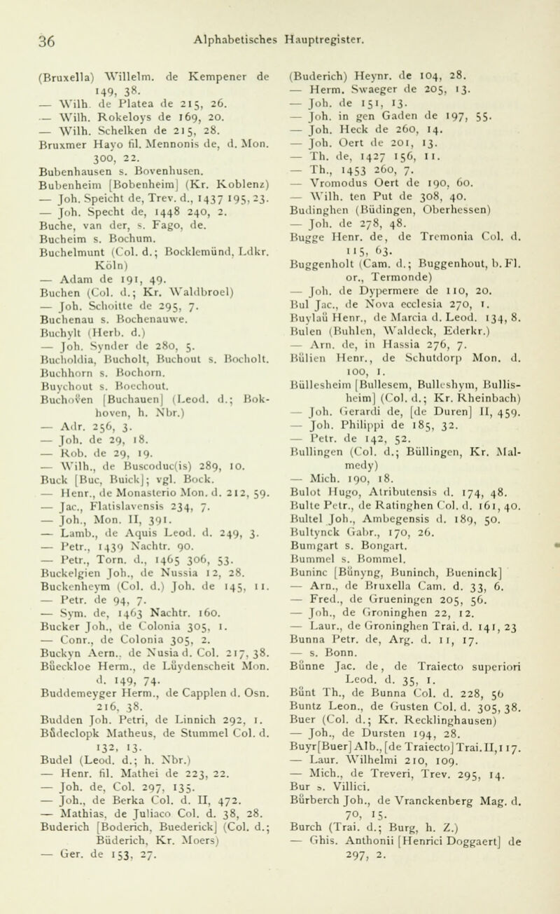 (Bruxella) Willelm. de Kempener de 149, 38- — Wilh. de Platea de 215, 26. — Wilh. Rokeloys de 169, 20. — Wilh. Schelken de 215, 28. Bruxmer Hayo EL Mennonis de, d. Mon. 300, 22. Bubenhausen s. Bovenhusen. Bubenheim [Bobenheim] (Kr. Koblenz) — |oh. Speicht de, Trev. d., 1437 195, 23. — Joh. Specht de, 1448 240, 2. Buche, van der, ^. Fago, de. Bucheim s. Bochum. Buchelmunt (Col. d.; Bocklemünd, Ldkr. Köln) — Adam de 191, 49. Buchen (Col. d.; Kr. Waldbroel) — Joh. Schoitte de 295, 7. Buchenau s. Bochenauwe. Buchylt (Herb, d.) — Joh. Synder de 280, 5. Bucholdia, Bucholt, Buchout s. Bocholt. Buchhorn s, Bochorn. Buychout s. Boechout. Buchoven [Buchauen) (Leod. d.; Bok- hoven, h. Nbr.) — Adr. 256, 3. — Joh. de 29, 18. — Kob. de 29, tq. — Wilh., de Buscoduc(is) 289, 10. Bück [Buc. Buick]; vgl. Bock. — Henr., de Monastcrio Mon. d. 212, 59. — Jac, Flatislavensis 234, 7. — Joh., Mon. II, 391. — Lamb., de Aquis Leod. d. 249, 3. — Petr., 1430 Xachtr. 90. — Petr., Torn. d., 1465 306, 53. Buckelgien Joh., de Nussia ] 2, 28. Buckenheym (Col. d.) Job. de 14;, 11. — Petr. de 94, 7- — Svm. de. 14(13 Nachtr. 160. Bucker Joh., de Colonia 305, 1. — Conr., de Colonia 305. 2. Buckyn Aern.. de Xusia d. Col. 217.38. Büeckloe Herrn., de Lüydenscheit Mon. d. 149, 74- Buddemevger Herrn., de Capplen d. Osn. '216. 38. Budden Joh. Petri, de Linnich 292, 1. Bfideclopk Matheus, de Stummel Col. d. ■32. '3- Budel (Leod. d.; h. Nbr.) — Henr. Gl. Mathei de 223, 22. — Joh. de, Col. 297, 135. — joh., de Berka Col. d. II, 472. — Mathias, de Juliaco Col. d. 38, 28. Buderich [Boderich, Buederick] (Col. d.; Buderich, Kr. Moersi — Ger. de 153. 27. (Buderich) Heynr. de 104, 28. — Herrn. Swaeger de 205, 13. — Job. de 151, 13. — Joh. in gen Gaden de 197, 55. — Joh. Heck de 260, 14. — Joh. Oert de 201, 13. - Th. de, 1427 156, n. - Th., 1453 260, 7. — Vromodus Oert de 190, 60. — Wilh. ten Put de 308, 40. Budinghen (Büdingen, Oberhessen) — Joh. de 278, 48. Bugge Henr. de, de Tremonia Col. d. 115. 3- Buggenholt (Cam. d.; Buggenhout, b.Fl. or., Termonde) - Joh. de Dypermere de 110, 20. Bul Jac, de Nova ecclesia 270, 1. Buylaü Henr., de Marcia d. Leod. 134, 8. Buien (Buhlen, Waldeck, Ederkr.) - Arn. de, in Hassia 276, 7. Bülien Henr., de Schutdorp Mon. d. 100, I. Büllesheim |Bullesem, Bulleshym, Bullis- heim] (Col. d.; Kr. Rheinbach) - Joh. Gerardi de, [de Düren] II, 459. - Job. Philippi de 185, 32. - Petr. de 142, 52. Bullingen (Col. d.; Büllingen, Kr. Mal- medy) — Mich. 190, 18. Bulot Hugo, Atributensis d. 174, 48. Bulte Petr., de Ratinghen Col. d. 161, 40. Bultel Joh., Ambegensis d. 189, 50. Bultynck Gabr., 170, 26. Bunigart s. Bongart. Bummel s. Bommel. Buninc [Bünyng, Buninch, Bucninck] - Arn., de Bruxella Cam. d. 33, 6. — Fred., de Grueningen 205, 56. — Joh., de (ironinghen 22, 12. — Laur., de Groninghen Trai. d. 141, 23 Bunna lJetr. de, Arg. d. II, 17. — s. Bonn. Bünne Jac. de, de Traiecto superiori Leod. d. 35, 1. Bunt Th., de Bunna Col. d. 228, 50 Buntz Leon., de Gusten Col. d. 305, 38. Buer (Col. d.; Kr. Recklinghausen) — Joh., de Dursten 194, 28. BuyrfBuer] Alb., [de Traiecto] Trai.II, 117. — Laur. Wilhelmi 210, 109. — Mich., de Treveri, Trev. 295, 14. Bur ,. Villici. Bürberch Joh., de Vranckenberg Mag. d. 7°, '5- Burch (Trai. d.; Burg, h. Z.) — Ghis. Anthonii [Henrici Doggaert] de 297, 2.