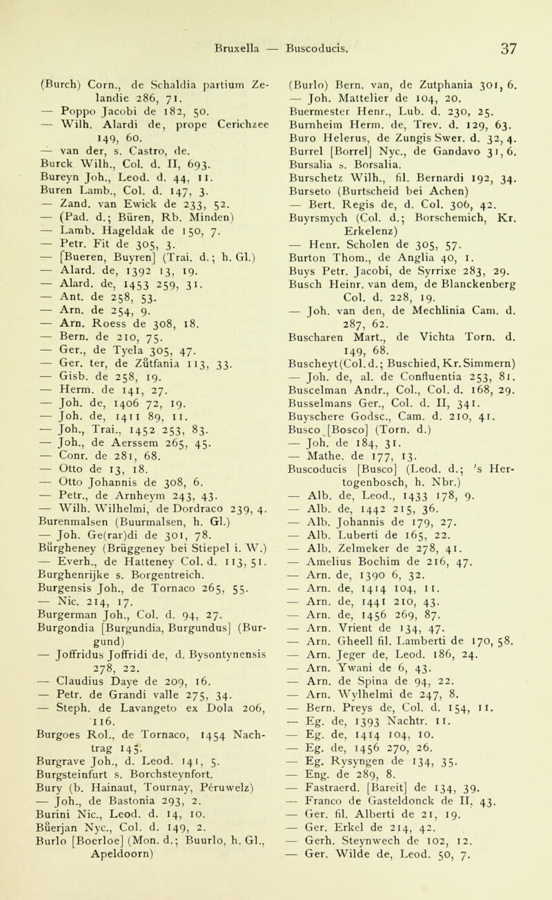 (Burch) Com., de Schaldia partium Ze- landie 286, 71. — Poppo Jacobi de 182, 50. — Wilh. Alardi de, prope Cerichzee 149, 60. — van der, s. Castro, de. Burck Wilh., Col. d. II, 693. Bureyn Joh., Leod. d. 44, II. Buren Lamb., Col. d. 147, 3. — Zand. van Ewick de 233, 52. — (Päd. d.; Büren, Rb. Minden) — Lamb. Hageldak de ) 50, 7. — Petr. Fit de 305, 3. — fBueren, Buyren] (Trai. d.; h. Gl.) — Alard. de, 1392 13, 19. — Alard. de, 1453 259, 31. — Ant. de 258, 53. — Arn. de 254, 9. — Arn. Roess de 308, 18. — Bern, de 210, 75. — Ger., de Tyela 3°5, 47- — Ger. ter, de Zutfania 113, 33. — Gisb. de 258, 19. — Herrn, de 141, 27. — Joh. de, 1406 72, 19. — Joh. de, 1411 89, II. — Joh., Trai., 1452 253, 83. — Joh., de Aerssem 265, 45. — Conr. de 281, 68. — Otto de 13, 18. — Otto JohaDnis de 308, 6. — Petr., de Arnheym 243, 43. — Wilh. Wilhelmi, de Dordraco 239, 4. Burenmalsen (Buurmalsen, h. Gl.) — Joh. Ge(rar)di de 301, 78. Bürgheney (Briiggeney bei Stiepel i. W.) — Everh., de Halteney Col. d. 113,51. Burghenrijke s. Borgentreich. Burgensis Joh., de Tornaco 265, 55. — Nie. 214, 17. Burgerman Joh., Col. d. 94, 27. Burgondia [Burgundia, Burgundus] (Bur- gund) — Joffridus Joffridi de, d. Bysontynensis 278, 22. — Claudius Daye de 209, 16. — Petr. de Grandi valle 275, 34. — Steph. de Lavangeto ex Dola 206, 116. Burgoes Rol., de Tornaco, 1454 Nach- trag 145. Burgrave Joh., d. Leod. 141, 5. Burgsteinfurt s. Borchsteynfort. Bury (b. Hainaut, Tournay, Peruwelz) — Joh., de Bastonia 293, 2. Burini Nie, Leod. d. 14, 10. Büerjan Nyc, Col. d. 149, 2. Burlo [Boerloe] (Mon. d.; Buurlo, h. Gl., Apeldoorn) (Burlo) Bern, van, de Zutphania 301, 6. — Joh. Mattelier de 104, 20. Buermester Henr., Lub. d. 230, 25. Bumheim Herrn, de, Trev. d. 129, 63. Büro Helerus, de Zungis Swer. d. 32,4. Burrel [Borrelj Nyc, de Gandavo 31,6. Bursalia ». Borsalia. Burschetz Wilh., 61. Bernardi 192, 34. Burseto (Burtscheid bei Achen) — Bert. Regis de, d. Col. 306, 42. Buyrsmych (Col. d.; Borschemich, Kr. Erkelenz) — Henr. Scholen de 305, 57. Burton Thom., de Anglia 40, 1. Buys Petr. Jacobi, de Syrrixe 283, 29. Busch Heinr. van dem, de Blanckenberg Col. d. 228, 19. — Joh. van den, de Mechlinia Cam. d. 287, 62. Buscharen Mart., de Vichta Torn. d. 149, 68. Buscheyt(Col.d.; Buschied, Kr. Simmein) — Joh. de, al. de Confluentia 253, 81. Buscelman Andr., Col., Col. d. 168, 29. Busselmans Ger., Col. d. II, 341. Buyschere Godsc, Cam. d. 210, 41. Busco [Bosco] (Torn. d.) — Joh. de 184, 31. — Mathe, de 177, 13. Buscoducis [Busco] (Leod. d.; 's Her- togenbosch, h. Nbr.) — Alb. de, Leod., 1433 178, 9. — Alb. de, 1442 215, 36. — Alb. Johannis de 179, 27. — Alb. Luberti de 165, 22. — Alb. Zelmeker de 278, 41. — Amelius Bochim de 216, 47. — Arn. de, 1390 6, 32. — Arn. de, 1414 104, 11. — Arn. de, 144I 210, 43. — Arn. de, 1456 269, 87. — Arn. Vrient de 134, 47. — Arn. Gheell 61. Lamberti de 170, 58. — Arn. Jeger de, Leod. 186, 24. — Arn. Ywani de 6, 43. — Arn. de Spina de 94, 22. — Arn. Wylhelmi de 247, 8. — Bern. Preys de, Col. d. 154, II. — Eg. de, 1393 Nachtr. II. — Eg. de, 1414 104, 10. — Eg. de, 1456 270, 26. — Eg. Rysyngen de 134, 35. — Eng. de 289, 8. — Fastraerd. [Bareit] de 134, 39. — Franco de Gasteldonck de II, 43. — Ger. 61. Alberti de 21, 19. — Ger. Erkel de 214, 42. — Gerh. Steynwech de 102, 12. — Ger. Wilde de, Leod. 50, 7.