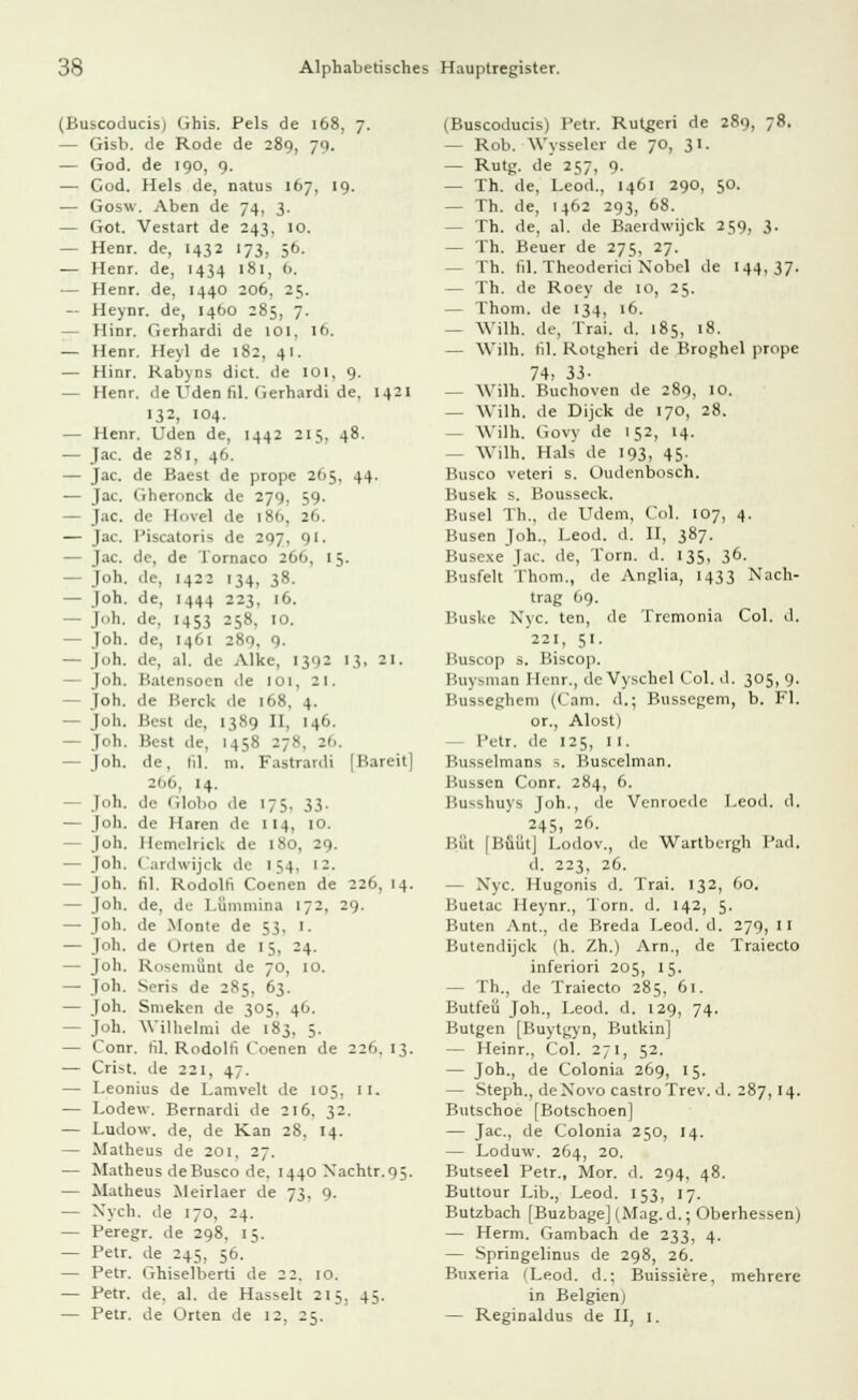 (Buscoducis) (jhis. Pels de 168, 7. — Gisb. de Rode de 289, 79. — God. de 190, 9. — Cod. Hels de, natus 167, 19. — Gosw. Aben de 74, 3. — Got. Vestart de 243. 10. — Henr. de, 1432 173, 56. — Henr. de, 1434 181, b. — Henr. de, 1440 206. 25. - Heynr. de, 1460 285, 7. — Hinr. Gerhardi de 101, 16. — Henr. Heyl de 182. 41. — Hinr. Kabyns dict. de 101, 9. — Henr. de Uden fil. Gerhardi de, 1421 132, 104. — Henr. Uden de, 1442 215, 48. — Jac. de 281, 46. — Jac. de Baest de prope 265, 44. — Jac. Gheronck de 279, 59. — Jac. de Hovel de iX(>, 26. — Jac. Piscatoris de 297, 91. — Jac. de, de Tornaco 26b, I 5. - Joh. ,1c, 1422 134, 38. — Joh. de, 1444 223, 16. Joh, de, 1453 258, 10. — Joh. de, 1461 289, 9. — joh. de, al. de Alke, 1392 13, 21. — Joh. Katensoen de 101, 21. — Joh. de Kerck de 168, 4. — Joh. Best de, 1389 II, 146. — Joh. Best de, 1458 27S. 26. — Joh. de, 61. m. Fastrardi (Bareit] 266, 14. — Joh. de Globo de 175. 33. — Joh. de Haren de 114, 10. — Joh. Hemelrick de [80, 29. — Job. ( .ml« ijrk de 1.54, 12. — Joh. 61, Rodolli Coenen de 226, 14. — Joh. de, du I.ümmina 172, 29. — Job. de Monte de 53, 1. — Job. de Orten de 15, 24. — Joh. Rosemünt de 70, 10. — Job. Seris de 285, 63. — Joh. Smeken de 305. 40. — Joh. Wilhelmi de 183. 5. — Conr. fil. Rodolli Coenen de 226. 13. — Crist. de 221, 47. — Leonius de Lamvelt de 105, II. — Lodew. Bernardi de 216. 32. — Ludow. de, de Kan 28, 14. — Matheus de 201, 27. — Matheus deBusco de, 1440 Xachtr.oi. — Matheus Meirlaer de 73, 9. — Xych. de 170, 24. — Peregr. de 298, 15. — Petr. de 245, 56. — Petr. Ghiselberti de 22. 10. — Petr. de. al. de Hasselt 215, 45. — Petr. de Urten de 12, 25. (Buscoducis) Petr. Rut^eri de 289, 78. — Rob. Wysseler de 70, 31. — Rutg. de 257, 9. — Th. de, Leod., 1461 290, 50. — Th. de, 1462 293, 68. Th. de, al. de Baerdwijck 259, 3- — Th. Beuer de 275, 27. - Th. til. Theoderici Nobel de 144,37- — Th. de Roey de io, 25. — Thom. de 134, 16. — Wilh. de, Trai. d. 185, 18. — Wilh. 61. Rotgheri de Broghel prope 74, M- — Wilh. Buchoven de 289, 10. — Wilh. de Dijck de 170, 28. — Wilh. Govv de 152, 14. — Wilh. Hals de 193, 45. Busco veteri s. Oudenbosch. Busek s. Bousseck. Busel Tb., de Udem, Col. 107, 4. Busen Joh.. Leod. d. II, 387. Busexe Jac. de, Tom. d. 135, 36. Busfeit Thom., de Anglia, 1433 Nach- trag (><). Buske Nyc. ten, de Trcmonia Col. d. '221, 51. Buscop s. Biscop. Buysman Henr., de Vyschel Col. d. 305, 9. Bussegbem (Cam. d.; Bussegem, b. Fl. or., Abist) - Petr. de 125, II. Busselmans 5. Buscelman. Bussen Conr. 284, 6. Busshuys Joh., de Venroede I.eod. d. 245, 26. Büt [ HüütJ Lodov., de Wartbcrgb Päd, d. 223, 26. — Nyc. Hugonis d. Trai. 132, 60. Buetac Heynr., Tom. d. 142, 5. Buten Ant., de Breda Leod. d. 279, 11 Butendijck (h. Zh.) Arn., de Traiecto inferiori 205, 15. — Th., de Traiecto 285, 61. Butfeü Job., Leod. d. 129, 74. Butgen [Buytgyn, Butkin] — Heinr., Col. 271, 52. — Joh., de Colonia 269, 15. — Steph., de Novo Castro Trev. d. 287,14. Butschoe [Botschoen] — Jac, de Colonia 250, 14. — Loduw. 264, 20. Butseel Petr., Mor. d. 294, 48. Buttour Lib., Leod. 153, 17. Butzbach [Buzbage] (Mag.d.; Oberhessen) — Herrn. Gambach de 233, 4. — Springelinus de 298, 26. Buxeria (Leod. d.; Buissiere, mehrere in Belgien) — Reginaldus de II, 1.