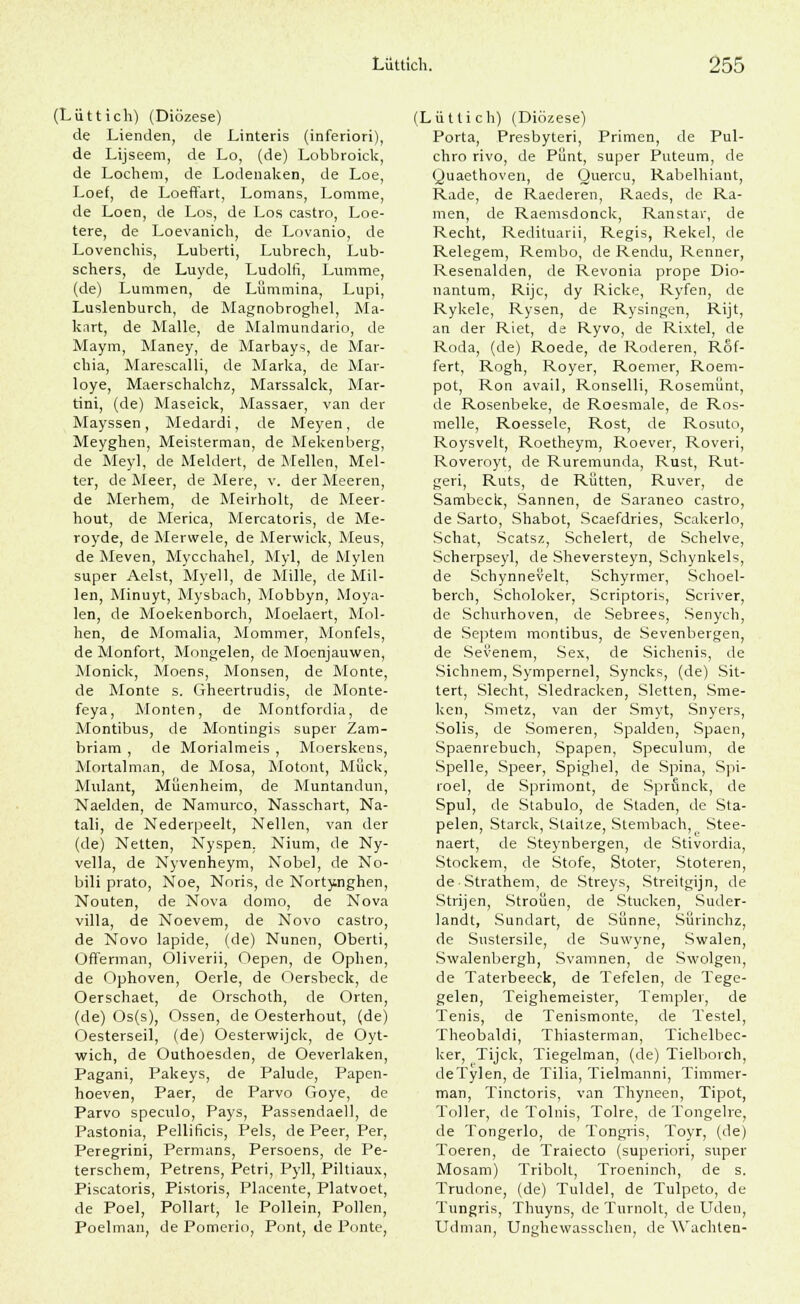 (Lüttich) (Diözese) de Lienden, de Linteris (inferiori), de Lijseem, de Lo, (de) Lobbroick, de Lochern, de Lodenaken, de Loe, Loef, de Loeffart, Lomans, Lorame, de Loen, de Los, de Los Castro, Loe- tere, de Loevanich, de Lovanio, de Lovenchis, Luberti, Lubrech, Lub- schers, de Luyde, Ludolfi, Lumme, (de) Lummen, de Lümmina, Lupi, Luslenburch, de Magnobroghel, Ma- kart, de Malle, de Malmundario, de Maym, Maney, de Marbays, de Mar- chia, Marescalli, de Marka, de Mai-- loye, Maerschalchz, Marssalck, Mar- tini, (de) Maseick, Massaer, van der Mayssen, Medardi, de Meyen, de Meyghen, Meisterman, de Mekenberg, de Meyl, de Meldert, de Meilen, Mel- ter, de Meer, de Mere, v. der Meeren, de Merhem, de Meirholt, de Meer- hout, de Merica, Mercatoris, de Me- royde, de Mervvele, de Merwick, Meus, de Meven, Mycchahel, Myl, de Mylen super Aelst, Myell, de Mille, de Mil- ien, Minuyt, Mysbach, Mobbyn, Moya- len, de Moekenborch, Moelaert, Mol- hen, de Momalia, Mommer, Monfels, de Monfort, Mongelen, de Moenjauwen, Monick, Moens, Monsen, de Monte, de Monte s. Gheertrudis, de Monte- feya, Monten, de Montfordia, de Montibus, de Montingis super Zam- briam , de Morialmeis , Moerskens, Mortalman, de Mosa, Motont, Miick, Mulant, Müenheim, de Muntandun, Naelden, de Namurco, Nasschart, Na- tali, de Nederpeelt, Xellen, van der (de) Netten, Nyspen. Nium, de Ny- vella, de Nyvenheym, Nobel, de No- bili prato, Noe, Noris, de Norty-nghen, Nouten, de Nova domo, de Nova villa, de Noevem, de Novo Castro, de Novo lapide, (de) Nunen, Oberti, Offerman, Oliverii, Oepen, de Ophen, de Ophoven, Oerle, de Oersbeck, de Oerschaet, de Orschoth, de Orten, (de) Os(s), Ossen, de Oesterhout, (de) Oesterseil, (de) Oesterwijck, de Oyt- wich, de Outhoesden, de Oeverlaken, Pagani, Pakeys, de Palude, Papen- hoeven, Paer, de Parvo Goye, de Parvo speculo, Pays, Passendaell, de Pastonia, Pellificis, Pels, de Peer, Per, Peregrini, Permans, Persoens, de Pe- terschem, Petrens, Petri, Pyll, Piltiaux, Piscatoris, Pistoris, Placente, Platvoet, de Poel, Pollart, le Pollein, Pollen, Poelman, de Pomerio, Pont, de Ponte, (Lüttich) (Diözese) Porta, Presbyteri, Primen, de Pul- chro rivo, de Plint, super Puteum, de Quaethoven, de Quercu, Rabelhiant, Rade, de Raederen, Raeds, de Ra- inen, de Raemsdonck, Ranstar, de Recht, Redituarii, Regis, Rekel, de Relegem, Rembo, de Rendu, Renner, Resenalden, de Revonia prope Dio- nantum, Rijc, dy Ricke, Ryfen, de Rykele, Rysen, de Rysingen, Rijt, an der Riet, de Ryvo, de Rixtel, de Roda, (de) Roede, de Roderen, Rfif- fert, Rogh, Royer, Roemer, Roem- pot, Ron avail, Ronselli, Rosemünt, de Rosenbeke, de Roesmale, de Ros- melle, Roessele, Rost, de Rosuto, Roysveit, Roetheym, Roever, Roveri, Roveroyt, de Ruremunda, Rust, Rut- geri, Ruts, de Rütten, Ruver, de Sambeck, Sannen, de Saraneo Castro, de Sarto, Shabot, Scaefdries, Scakerlo, Schat, Scatsz, Schelert, de Schelve, Scherpseyl, de Sheversteyn, Schynkels, de Schynnevelt, Schyrmer, Schoel- berch, Scholoker, Scriptoris, Scriver, de Schurhoven, de Sebrees, Senych, de Septem montibus, de Sevenbergen, de Sevenem, Sex, de Sichenis, de Sichnem, Sympernel, Syncks, (de) Sit- tert, Siecht, Siedracken, Sletten, Sme- ken, Smetz, van der Smyt, Snyers, Solis, de Someren, Spalden, Spaen, Spaenrebuch, Spapen, Speculum, de Spelle, Speer, Spighel, de Spina, Spi- roel, de Sprimont, de Sprünck, de Spul, de Stabulo, de Staden, de Sta- pelen, Starck, Slaitze, Stembach, Stee- naert, de Steynbergen, de Stivordia, Stockem, de Stofe, Stoter, Stoteren, de Strathem, de Streys, Streitgijn, de Strijen, Stroüen, de Stucken, Suder- landt, Sundart, de Sünne, Sürinchz, de Sustersile, de Suwyne, Swalen, Swalenbergh, Svamnen, de Swolgen, de Taterbeeck, de Tefelen, de Tege- gelen, Teighemeister, Templer, de Tenis, de Tenismonte, de Testel, Theobaldi, Thiasterman, Tichelbec- ker, Tijck, Tiegelman, (de) Tielborch, deTylen, de Tilia, Tielmanni, Timmer- man, Tinctoris, van Thyneen, Tipot, Toller, de Tolnis, Tolre, de Tongelre, de Tongerlo, de Tongris, Toyr, (de) Toeren, de Traiecto (superiori, super Mosam) Tribolt, Troeninch, de s. Trudone, (de) Tuldel, de Tulpeto, de Tungris, Thuyns, de Turnolt, de Uden, Udman, Unghewasschen, de Wachten-