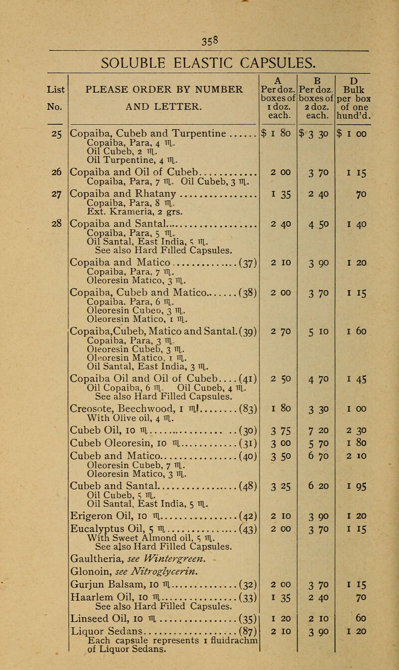 SOLUBLE ELASTIC CAPSULES. PLEASE ORDER BY NUMBER AND LETTER. Copaiba, Cubeb and Turpentine Copaiba, Para, 4 ttl. Oil Cubeb, 2 ttl. Oil Turpentine, 4 th„. Copaiba and Oil of Cubeb Copaiba, Para, 7 ttl. Oil Cubeb, 3 ttl. Copaiba and Rhatany Copaiba, Para, 8 ttl. Ext. Krameria, 2 grs. Copaiba and Santal Copaiba, Para, 5 ttl. Oil Santal, East India, =; ttl. See also Hard Filled Capsules. Copaiba and Matico (37) Copaiba, Para, 7 ttl. Oleoresin Matico, 3 ttl. Copaiba, Cubeb and Matico (38) Copaiba. Para, 6 trL. Oleoresin Cubeo, 3 Til. Oleoresin Matico, 1 ttl. Copaiba,Cubeb, Matico and Santal. (39) Copaiba, Para, 3 rrt- Oleoresin Cubeb, 3 ttl. Oleoresin Matico. 1 ttl. Oil Santal, East India, 3 ttl. Copaiba Oil and Oil of Cubeb (41) Oil Copaiba, 6 ttl. Oil Cubeb, 4 ttl. See also Hard Filled Capsules. Creosote, Beechwood, I til! (83) With Olive oil, 4 *l. Cubeb Oil, 10 ttl (30) Cubeb Oleoresin, 10 m (31) Cubeb and Matico (40) Oleoresin Cubeb, 7 ttl. Oleoresin Matico, 3 ttl. Cubeb and Santal.. (48) Oil Cubeb, $ ttl. Oil Santal, East India, 5 it\,. Erigeron Oil, 10 ttl (42) Eucalyptus Oil, 5 ni (43) With Sweet Almond oil. t, ttl. See also Hard Filled Capsules. Gaultheria, see Wintergreen. - Glonoin, see Nitroglycerin. Gurjun Balsam, 10 ttl (32) Haarlem Oil, 10 ttl (33) See also Hard Filled Capsules. Linseed Oil, 10 m (35) Liquor Sedans (87) Each capsule represents 1 fluidrachm of Liquor Sedans. A Perdoz. boxes of idoz. each. B Per doz, boxes of 2 doz. each. $ I 80 $3 30 2 00 3 70 1 35 2 40 2 40 4 50 2 10 3 90 2 00 3 70 2 70 5 10 2 50 4 70 1 80 3 30 3 75 7 20 3 00 5 70 3 50 6 70 3 25 6 20 2 10 3 90 2 00 3 70 2 00 3 70 1 35 2 40 1 20 2 10 2 10 3 90 D Bulk per box of one hund'd.