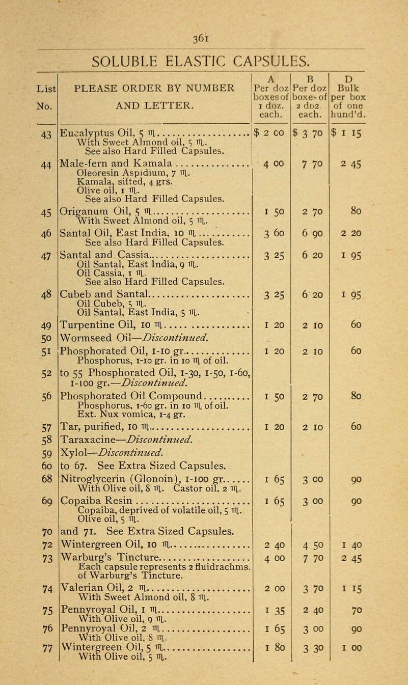 SOLUBLE ELASTIC CAPSULES. List No. PLEASE ORDER BY NUMBER AND LETTER. Eucalyptus Oil, 5 m With Sweet Almond oil. S ^l- See also Hard Filled Capsules. Male-fern and Kamala Oleoresin Aspidium, 7 H- Kamala, sifted, 4 grs. Olive oil, 1 til. See also Hard Filled Capsules. Origanum Oil, 5 tti With Sweet Almond oil, $ til. Santal Oil, East India, 10 m See also Hard Filled Capsules. Santal and Cassia Oil Santal, East India, 9 tti. Oil Cassia, 1 tti,. See also Hard Filled Capsules. Cubeb and Santal Oil Cubeb, 5 m. Oil Santal, East India, 5 Til. Turpentine Oil, 10 tti Wormseed Oil—Discontinued. Phosphorated Oil, I-IO gr Phosphorus, 1-10 gr. in 10 tti of oil. to 55 Phosphorated Oil, 1-30, I-50, I-60, I -100 gr.—Discontinued. Phosphorated Oil Compound Phosphorus, 1-60 gr. in 10 tti of oil. Ext. Nux vomica, 1-4 gr. Tar, purified, 10 tti Taraxacine—Discontinued. Xylol—Discontinued. to 67. See Extra Sized Capsules. Nitroglycerin (Glonoin^, 1-100 gr.... Castor With Olive oil, 8 tti, Copaiba Resin Copaiba, deprived of volatile oil, 5 tti. Olive oil, 5 Til. and 71. See Extra Sized Capsules. Wintergreen Oil, 10 tti Warburg's Tincture Each capsule represents 2 fluidrachms of Warburg's Tincture. Valerian Oil, 2 tti Writh Sweet Almond oil, 8 ttl. Pennyroyal Oil, I tti. With Olive oil, 9 Til. Pennyroyal Oil, 2 ni With Olive oil. S tti. Wintergreen Oil, 5 tti With Olive oil, 5 tti. A Per doz boxesof 1 doz. each. B Per doz boxesof 2 d02. each. $ 2 CO $3 70 4 00 7 70 1 50 2 70 3 60 6 90 3 25 6 20 3 25 6 20 1 20 2 10 1 20 2 10 1 50 2 70 1 20 2 10 1 65 3 00 1 65 3 00 2 40 4 50 4 00 7 70 2 00 3 70 1 35 2 40 1 65 3 00 1 80 3 30 D Bulk per box of one hund'd. $ I 15 2 45