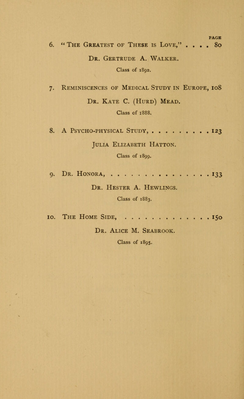 PAGK 6. The Greatest of These is Love, .... 80 Dr. Gertrude A. Walker. Class of 1892. 7. Reminiscences of Medical Study in Europe, 108 Dr. Kate C. (Hurd) Mead. Class of 1888. 8. A Psycho-physical Study, 123 Julia Elizabeth Hatton. Class of 1899. 9. Dr. Honora, 133 Dr. Hester A. Hewlings. Class of 1883. 10. The Home Side, 150 Dr. Alice M. Seabrook. Class of 1895.