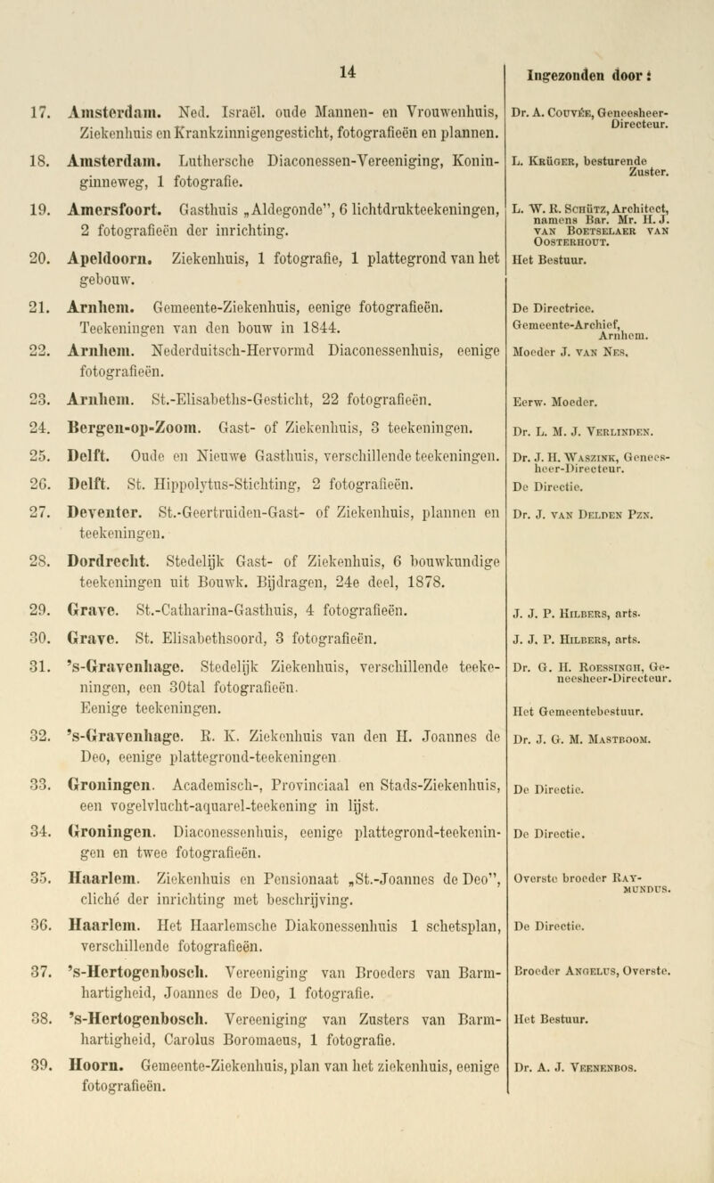 17. Amsterdam. Ned. Israël, oude Mannen- en Vrouwenhuis, Ziekenhuis en Krankzinnigengesticht, fotografieën en plannen. 18. Arasterdam. Luthersche Diaconessen-Vereeniging, Konin- ginneweg, 1 fotografie. 19. Amersfoort. Gasthuis „Aldegonde, G lichtdrukteekeningen, 2 fotografieën der inrichting. 20. Apeldoorn. Ziekenhuis, 1 fotografie, 1 plattegrond van het gebouw. 21. Arnhem. Gemeente-Ziekenhuis, eenige fotografieën. Teekeningen van den bouw in 1844. 22. Arnhem. Nederduitsch-Hervormd Diaconessenhuis, eenige fotografieën. 23. Arnhem. St.-Elisabeths-Gesticht, 22 fotografieën. 24. Bergen-op-Zoom. Gast- of Ziekenhuis, 3 teekeningen. 25. Delft. Oude en Nieuwe Gasthuis, verschillende teekeningen. 2G. Delft. St. Hippolytus-Stichting, 2 fotografieën. 27. Deventer. St.-Geertruiden-Gast- of Ziekenhuis, plannen en teekeningen. 28. Dordrecht. Stedelijk Gast- of Ziekenhuis, 6 bouwkundige teekeningen uit Bouwk. Bijdragen, 24e deel, 1878. 29. Grave. St.-Catharina-Gasthuis, 4 fotografieën. 30. Grave. St. Elisabethsoord, 3 fotografieën. 31. 's-Gravenhage. Stedelijk Ziekenhuis, verschillende teeke- ningen, een 30tal fotografieën. Eenige teekeningen. 32. 's-Gravenhage. R. K. Ziekenhuis van den H. Joannes de Deo, eenige plattegrond-teekeningen 33. Groningen. Academisch-, Provinciaal en Stads-Ziekenhuis, een vogelvlucht-aquarel-teekening in lijst. 34. Groningen. Diaconessenhuis, eenige plattegrond-teekenin- gen en twee fotografieën. 35. Haarlem. Ziekenhuis en Pensionaat „St.-Joannes de Deo, cliché der inrichting met beschrijving. 36. Haarlem. Het Haarlemsche Diakonessenhuis 1 schetsplan, verschillende fotografieën. 37. 's-Hertogenbosch. Vereeniging van Broeders van Barm- hartigheid, Joannes de Deo, 1 fotografie. 38. 's-Hertogenbosch. Vereeniging van Zusters van Barm- hartigheid, Carolus Boromaeus, 1 fotografie. 39. Hoorn. Gemeente-Ziekenhuis, plan van het ziekenhuis, eenige fotografieën. Ingezonden door i Dr. A. Coüvée, Geneesheer- Directeur. L. Krüger, besturende Zuster. L. W. R. ScnüTZ, Architect, namens Bar. Mr. H. J. van boetselaer van Oosterhout. Het Bestuur. De Directrice. Gemeente-Archief, Arnhem. Moeder ,T. van Nes, Eerw- Moeder. Dr. L. M. J. Verlinden. Dr. J. II. Waszink, Genees- heer-Directeur. De Directie. Dr. J. van Deld-en Pzx. J. J. P. Kilbers, arts. J. J, P. Hilbers, arts. Dr. G. H. Roessingh, Ge- neesheer-Directeur, Het Gemeentebestuur. Dr. ,T. G. M. Mastboom. De Directie. De Directie. Overste broeder Ray- MUNDU8. De Directie Broeder Anoelus, Overste. Het Bestuur. Dr. A. .T. Veenenbos.