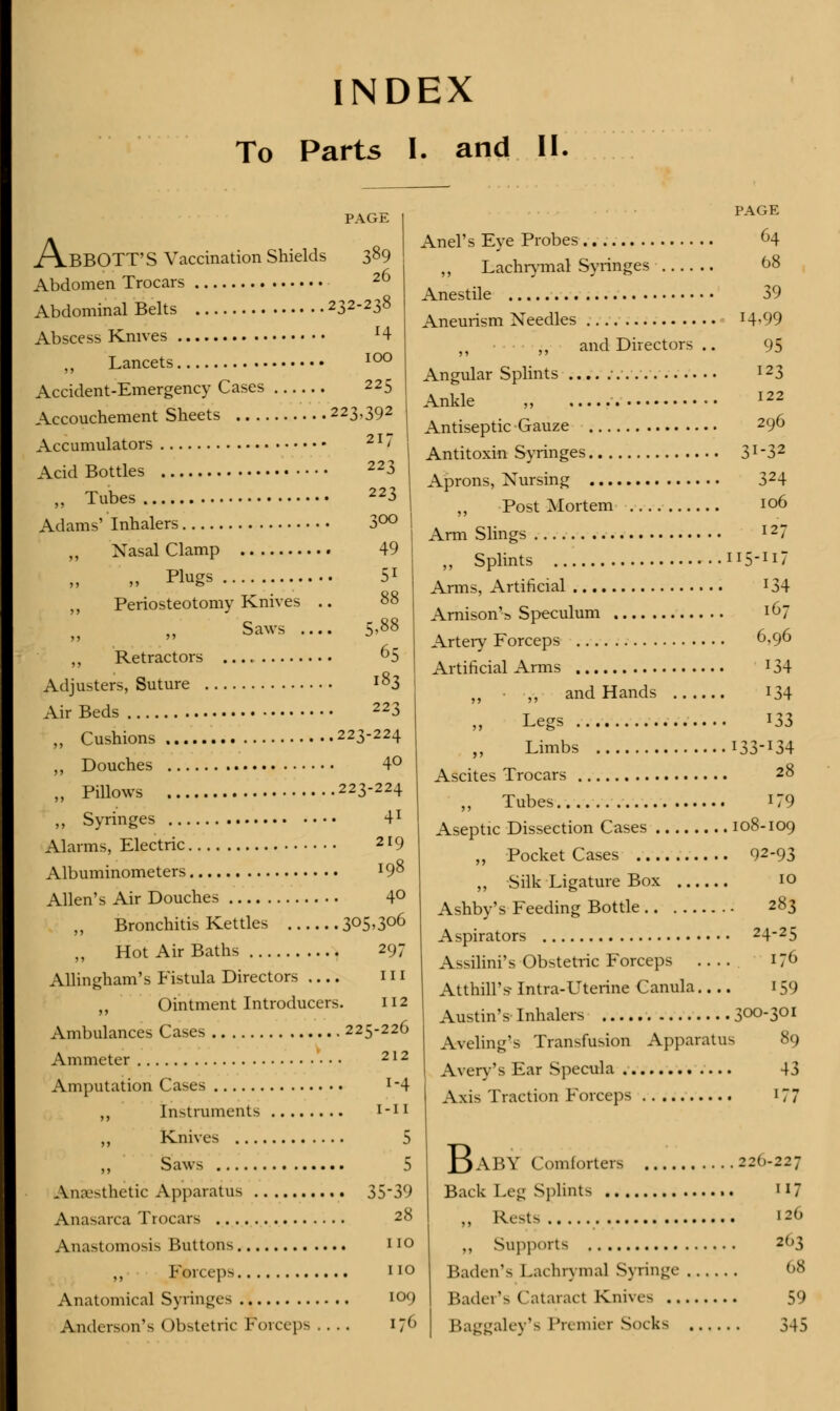 INDEX To Parts I. and II ABBOTT'S Vaccination Shields 389 Abdomen Trocars 20 Abdominal Belts 232-238 Abscess Knives :4 Lancets IO° Accident-Emergency Cases 225 Accouchement Sheets 223,392 Accumulators 21 ~ Acid Bottles 223 „ Tubes 223 Adams' Inhalers 3°° Nasal Clamp 49 „ Plugs 51 ,, Periosteotomy Knives .. 88 ,, Saws .... 5'88 ,, Retractors °5 Adjusters, Suture l83 Air Beds 223 „ Cushions 223-224 ,, Douches 4° „ PiUows 223-224 ,, Syringes 41 Alarms, Electric 2l9 Albuminometers T98 Allen's Air Douches 4° „ Bronchitis Kettles 3°5>3°6 „ Hot Air Baths 297 Allingham's Fistula Directors III ,, Ointment Introducers. 112 Ambulances Cases 225-226 Ammeter 212 Amputation Cases I_4 ,, Instruments I-11 ,, Knives 5 ,, Saws 5 Anaesthetic Apparatus 3539 Anasarca Trocars 28 Anastomosis Buttons 110 ,, Forceps no Anatomical Syringes 109 Anderson's Obstetric Forceps .... 176 Anel's Eye Probes ,, Lachrymal Syringes . Anestile Aneurism Needles 324 106 PAGE 64 68 39 14,99 ,, ,, and Directors .. 95 Angular Splints ! 23 Ankle „ I22 Antiseptic Gauze 296 Antitoxin Syringes 3x-32 Aprons, Nursing ,, Post Mortem Arm Slings l27 „ Splints II3-H7 Arms, Artificial *34 Arnison's Speculum 167 Artery Forceps 6,96 Artificial Arms 134 ,, ,, and Hands 134 ,, Legs J33 ,, Limbs I33J34 Ascites Trocars 28 „ Tubes 179 Aseptic Dissection Cases 108-109 „ Pocket Cases 92-93 „ Silk Ligature Box 10 Ashby's Feeding Bottle 283 Aspirators 24-25 Assilini's Obstetric Forceps .... 176 AtthhTs- Intra-Uterine Canula 159 Austin's Inhalers 3°o-301 Aveling's Transfusion Apparatus 89 Avery's Ear Specula 43 Axis Traction Forceps 177 OABY Comforters 220-227 Back Leg Splints 117 „ ReMs '?<> ,, Supports 203 BadenV Lachrymal Syringe 68 Bader's Cataract Knives 59 Baggaley's Premier Socks 345