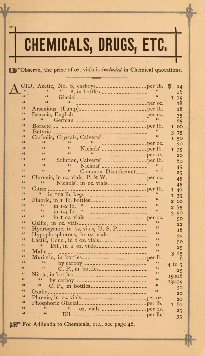 {^Observe, the price of oz. vials is included in Chemical quotations. A CID, Acetic, No. 8, carboys _per lb.  8, in bottles Glacial    per oz, Arsenious (Lump)__ per lb. Benzoic, English per oz.  German  Boracic .. per lb. Butyric  Carbolic, Crystals, Calverts'   ___ peroz.  Nichols' per lb.   T peroz. Solution, Calverts' _ per lb.  Nichols'   Common Disinfectant  * Chromic, in oz. vials, P. & W per oz.  Nichols', in oz. vials  Citric per lb.  in 112 lb. kegs _.  Fluoric, in I lb. bottles _ __ >  in 1-2 lb.  u ini-4lb. *'   in I oz. vials per oz. Gallic, in oz. vials. _ Hydrocyanic, in oz. vials, U. S. P._ Hypophosphorous, in oz. vials Lactic, Cone, in I oz. vials  Dil., in I oz. vials _ Malic ._. _ Muriatic, in bottles _ _ per lb.  by carboy  C. P., in bottles Nitric, in bottles li by carboy  C. P., in bottles Oxalic Phcenic, in oz. vials per oz. M Phosphoric Glacial per lb. M *'  oz. vials _.: peroz. ** Dil per lb. For Addenda to Chemicals, etc., see page 48. $ 14 16 1 15 18 18 35 25 1 00 3 75 1 5o 30 1 35 20 80 45 25 45 45 40 35 00 75 5o 50 22 18 35 5o 25 3 25 6 4 to 5 25 i5toi8 i3toi5 30 20 20 1 60 25 35 *