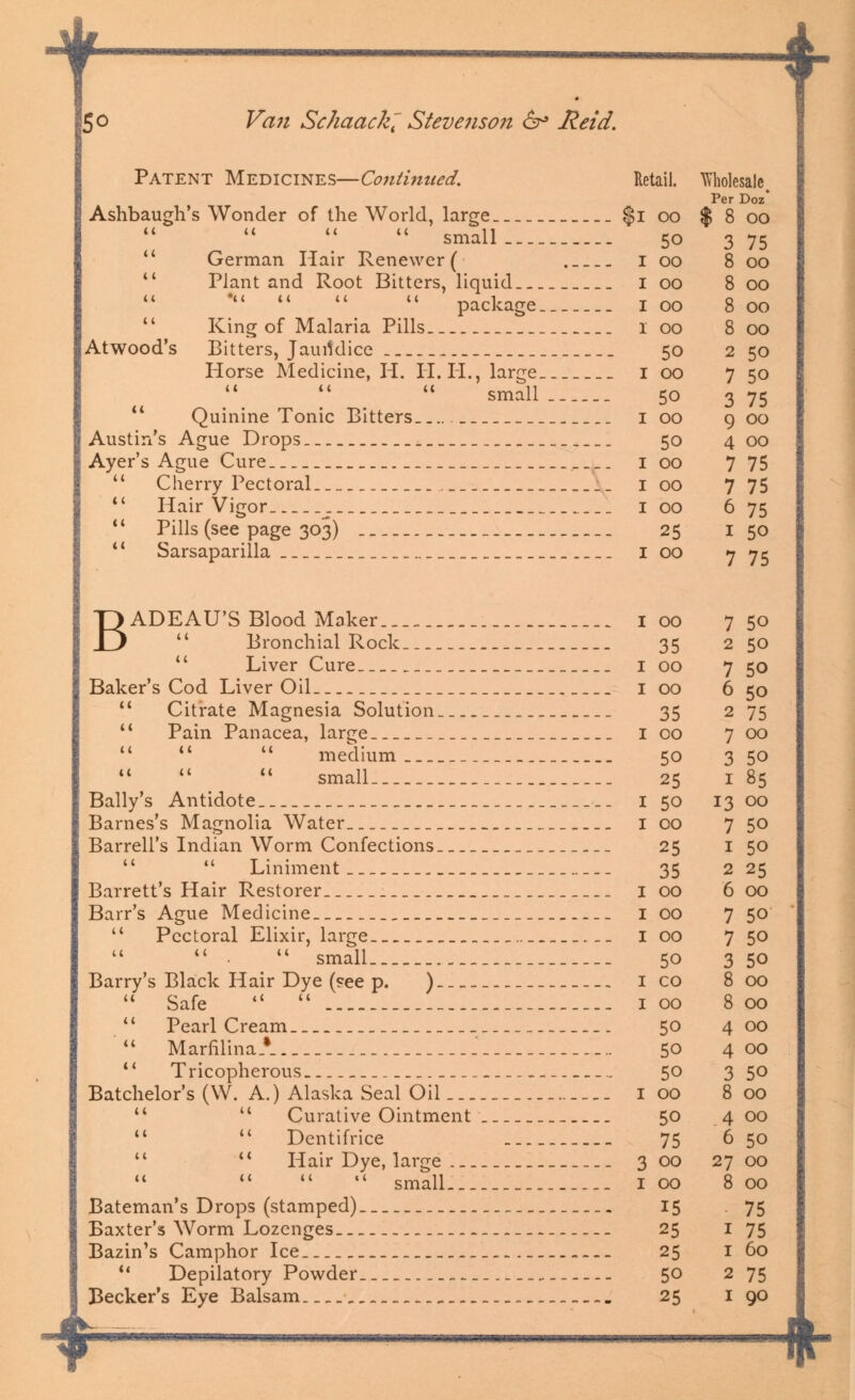 Patent Medicines—Continued. Retail. Wholesale. Per Doz* Ashbaugh's Wonder of the World, large $i oo $ 8 oo  small 50 3 75 German Hair Renewer ( 1 00 8 00  Plant and Root Bitters, liquid I 00 8 00 '    package I 00 8 00  King of Malaria Pills. _ 1 00 8 00 Atwood's Bitters, Jaurldice 50 2 50 Horse Medicine, H. II. II., large 1 00 7 50   small 50 3 75 Quinine Tonic Bitters 1 00 9 00 Austin's Ague Drops _ _ 50 4 00 Ayer's Ague Cure 1 00 7 75  Cherry Pectoral 1 00 7 75  Hair Vigor I 00 6 75  Pills (see page 303) 25 1 50 1* Sarsaparilla I 00 7 75 BADEAU'S Blood Maker I 00 7 50  Bronchial Rock 35 2 50  Liver Cure 1 00 7 50 Baker's Cod Liver Oil I 00 6 50  Citrate Magnesia Solution 35 2 75  Pain Panacea, large I co 7 00    medium 50 3 50    small 25 I 85 Bally's Antidote 1 50 1300 Barnes's Magnolia Water I 00 7 50 Barrell's Indian Worm Confections 25 1 50   Liniment 35 2 25 Barrett's Hair Restorer I 00 600 Barr's Ague Medicine _ __ I 00 7 50  Pectoral Elixir, large I 00 7 50   .  small 50 3 50 Barry's Black Hair Dye (see p. ) 1 co 8 00  Safe   1 00 8 00  Pearl Cream. 50 400  MarnTinaA J 50 400  Tricopherous 50 350 Batchelor's (W. A.) Alaska Seal Oil 1 00 8 00   Curative Ointment 50 .400   Dentifrice 75 6 50  u Hair Dye, large 300 2700    small I 00 8 00 Bateman's Drops (stamped) 15 .75 Baxter's Worm Lozenges 25 1 75 Bazin's Camphor Ice__ _ 25 1 60 11 Depilatory Powder.._ _ 50 2 75 Becker's Eye Balsam 25 1 90 -$- ——m-