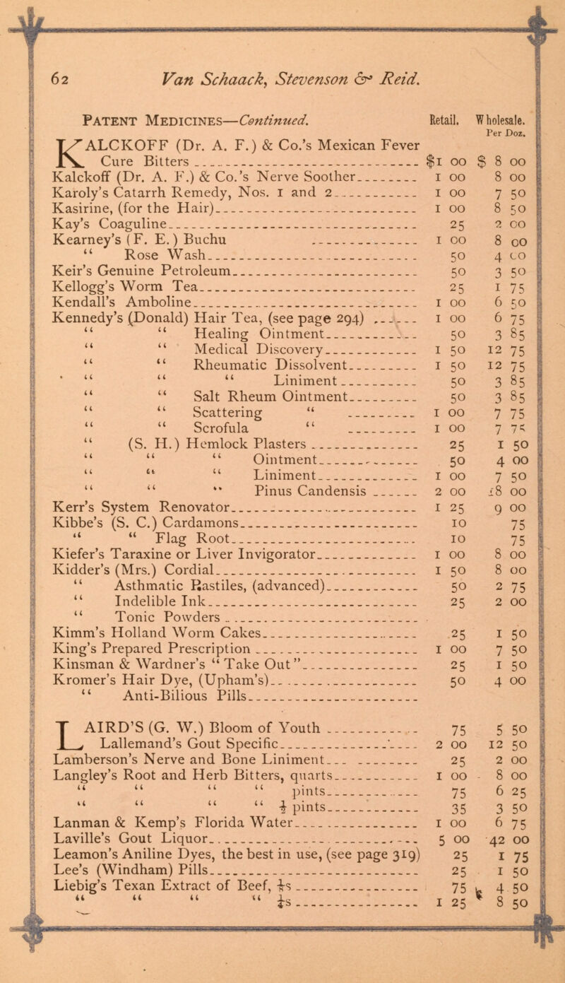 62 Van Schaack, Stevenson 6° Reid. PATENT MEDICINES—Continued. Retail. Wholesale. Per Doz. KALCKOFF (Dr. A. F.) & Co.'s Mexican Fever Cure Bitters $1 00 $ 8 00 Kalckoff (Dr. A. F.) & Co.'s Nerve Soother 1 00 8 00 Karoly's Catarrh Remedy, Nos. 1 and 2 1 00 7 50 Kasirine, (for the Hair) 100 8 50 Kay's Coaguline 25 2 00 Kearney's (F. E.) Buchu ._ ._. 1 00 8 00 u Rose Wash . 50 4 10 Keir's Genuine Petroleum 50 3 50 Kellogg's Worm Tea. _ 25 1 75 Kendall's Amboline 1 00 6 50 Kennedy's (Donald) Hair Tea, (see page 294) „ 1 00 6 75 Healing Ointment 50 3 85 Medical Discovery 1 50 12 75 Rheumatic Dissolvent 1 50 12 75  Liniment 50 3 85 Salt Rheum Ointment 50 385 Scattering  . 1 00 7 75 Scrofula  1 00 7 7< (S. H.) Hemlock Plasters 25 I 50    Ointment 50 4 00  ct  Liniment 1 00 7 50   ** Pinus Candensis 2 00 18 00 Kerr's System Renovator .. 1 25 9 00 Kibbe's (S. C.) Cardamons _ __ 10 75  '  Flag Root.. 10 75 Kiefer's Taraxine or Liver Invigorator 1 00 8 00 Kidder's (Mrs.) Cordial I 50 8 00 44 Asthmatic Rastiles, (advanced) 50 275  Indelible Ink.. 25 200 u Tonic Powders . Kimm's Holland Worm Cakes 25 1 50 King's Prepared Prescription 1 00 7 50 Kinsman & Wardner's  Take Out 25 1 50 Kromer's Hair Dye, (Upham's).. 50 400  Anti-Bilious Pills _ LAIRD'S (G. W.) Bloom of Youth 75 5 50 Lallemand's Gout Speci fie ' 2 00 12 50 Lamberson's Nerve and Bone Liniment... 25 200 Langley's Root and Herb Bitters, quarts 1 00 8 00     pints 75 6 25 u    -I pints 1 35 3 50 Lanman & Kemp's Florida Water 1 00 6 75 Laville's Gout Liquor.. — 5 00 42 00 Leamon's Aniline Dyes, the best in use, (see page 319) 25 1 75 Lee's (Windham) Pills 25 1 50 Liebig's Texan Extract of Beef, £s 75 . 4 50