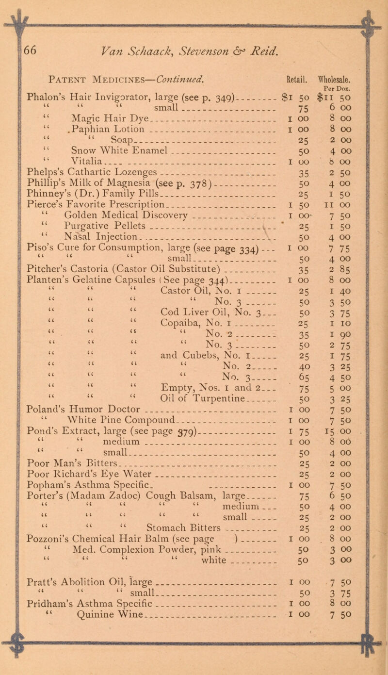 Phalon's Hair Invigorator, large (see p. 349) $1 50 $11 50 small 75 600  Magic Hair Dye 100 800 , Paphian Lotion I 00 8 00  Soap 25 200 Snow White Enamel 50 4 00  Vitalia I 00 8 00 Phelps's Cathartic Lozenges 35 2 50 Phillip's Milk of Magnesia (see p. 378) 50 400 Phinney's (Dr.) Family Pills 25 1 50 Pierce's Favorite Prescription 1 50 11 00 11 Golden Medical Discovery 1 00 7 50  Purgative Pellets  25 1 50 11 Nasal Injection. 50 400 Piso's Cure for Consumption, large (see page 334) 1 00 7 75 small ._.__..__ 50 400 Pitcher's Castoria (Castor Oil Substitute) 35 285 Planten's Gelatine Capsules ( See page 344) 1 00 8 00    Castor Oil, No. I 25 140  No. 3 50 3 50 Cod Liver Oil, No. 3.__ 50 375    Copaiba, No. 1 25 no No. 2___ 35 1 90 No. 3 50 2 75   and Cubebs, No. 1 25 1 75 No. 2 40 3 25 No. 3 65 4 50    Empty, Nos. I and 2__. 75 5 00   u Oil of Turpentine 50 325 Poland's Humor Doctor 1 00 7 50  White Pine Compound 1 00 7 50 Pond's Extract, large (see page 379) 1 75 15 00   medium 1 00 8 00   small 50 4 00 Poor Man's Bitters 25 200 Poor Richard's Eye Water 25 200 Popham's Asthma Specific. I 00 7 50 Porter's (Madam Zadoc) Cough Balsam, large 75 6 50      medium___ 50 400 small 25 2 00    Stomach Bitters 25 200 Pozzoni's Chemical Hair Balm (see page ) I 00 . 8 00 Med. Complexion Powder, pink 50 3 00 iVICU. V^Ulll white 50 3 00 Pratt's Abolition Oil, large 1 00 . 7 50    small 50 3 75 Pridham's Asthma Specific 1 00 8 00  Quinine Wine 100 750