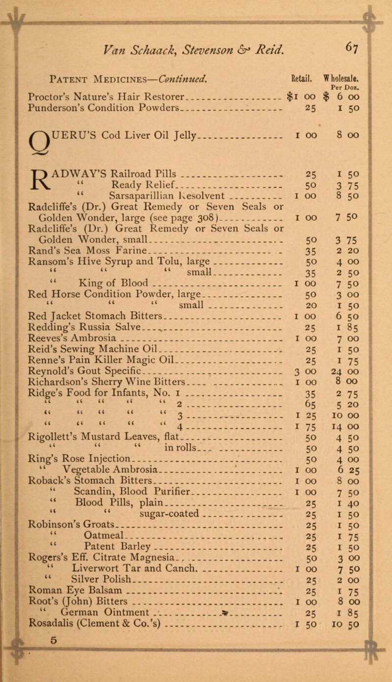 i i^vUERU'S Cod Liver Oil Jelly.. _ 1 00 8 00 Ready Relief 50 3 75 Sarsaparillian Resolvent I 00 8 50 Radcliffe's (Dr.) Great Remedy or Seven Seals or Golden Wonder, large (see page 308) 1 00 7 5° Radcliffe's (Dr.) Great Remedy or Seven Seals or Golden Wonder, small 50 375 Rand's Sea Moss Farine .. 35 2 20 Ransom's Hive Syrup and Tolu, large 50 4 00 Red Horse Condition Powder, large 50 3 00 Red Jacket Stomach Bitters 1 00 6 50 Reeves's Ambrosia 1 00 7 00 Reid's Sewing Machine Oil 25 1 50 Renne's Pain Killer Magic Oil 25 1 75 Reynold's Gout Specific 3 00 24 00 Richardson's Sherry Wine Bitters _ 1 00 8 00 Ridge's Food for Infants, No. 1 _. 35 275     2 65 5 20      3 _ 125 1000     4 -- 1 75 14 00 Rigollett's Mustard Leaves, flat 50 4 50    in rolls. _„ 50 4 50 Ring's Rose Injection 50 4 00 u Vegetable Ambrosia L_ 1 00 6 25 Roback's Stomach Bitters 1 00 8 00 u Scandin, Blood Purifier 1 00 7 50  Blood Pills, plain 25 1 40 u  sugar-coated __ 25 1 50 Robinson's Groats 25 I 50  Oatmeal 25 1 75 4c Patent Barley 25 1 50 Rogers's Eff. Citrate Magnesia.. .__ 50 3 00 1' Liverwort Tar and Canch. I 00 7 50  Silver Polish _ _. 25 200 Roman Eye Balsam . 25 1 75 Root's (John) Bitters _ 1 00 8 00  German Ointment *?_ 25 I 85 Rosadalis (Clement & Co. 's) _ 1 50 10 50 5 *-