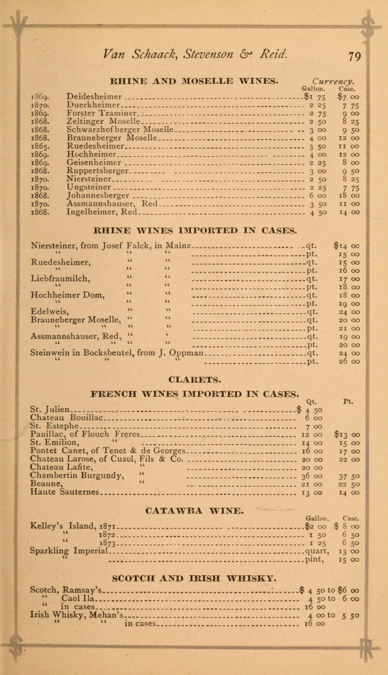 i36q 1870, 1869 1868 1868 1868 1865 1869 1869 1868 1870 1870 1868 1870, 1868 Van Schaack, Stevenson 6° Reid. RHINE AND MOSELLE WINES. 79 Currency. Gallon. Case. Deidesheimer _.$i 75 $7 00 Duerkheimer - 2 25 7 75 Forster Traminer.: 2 75 9 00 Zeltinger Moselle 2 50 825 Schwarzhof berger Moselle _ 3 00 9 50 Brauneberger Moselle 4 00 12 00 Ruedesheimer 3 50 11 00 Hochheimer 400 1200 Geisenheimer 2 25 8 00 Ruppertsberger 300 950 Niersteiner 2 50 8 25 Ungsteiner 2 25 7 75 Johannesberger 6 00 18 00 Assmannshauser, Red 3 5° n 00 Ingelheimer, Red 4 50 14 00 RHINE WINES IMPORTED IN CASES. Niersteiner, from Josef Falck, in Mainz . _qt. pt. Ruedesheimer,   _ it it ti Liebfraumilch,   It 11 11 Hochheimer Dom,   ii u n Edelweis,   .. -.../.- Brauneberger Moselle,  l* Assmannshauser, Red,  ' $14 00 15 00 15 00 16 00 17 00 18 00 18 00 19 00 24 00 20 00 21 00 19 00 20 00 24 00 26 00 Pt. qt. ;: ^ qt - —-Pt. — qt - Pt. - qt. qt. - — Pt. qt.    pt. Steinwein in Bocksbeutel, from J. Oppman qt. Pt. CEARETS. FRENCH WINES IMPORTED IN CASES. Qt. St. Julien $ 4 50 Chateau Bouillac 6 00 St. Estephe 7 00 Pauillac, of Flouch Freres. 12 00 St. Emilion,  _ 1400 Pontet Canet, of Tenet & de Georges 16 00 Chateau Larose, of Cuzol, Fils & Co 2000 Chateau Lafite,  2000 Chambertin Burgundy,  3600 Beaune,  21 00 Haute Sauternes 13 00 CATAWBA WINE. Gallon. Kelley's Island, 1871 $2 00  1872 1 50 1873 - 1 25 Sparkling Imperial quart, lT pint, SCOTCH AND IRISH WHISKY. Scotch, Ramsay's : $ 4 50 to $6 00 11 Gaol Ila 4 50 to 600 u in cases 1600 Irish Whisky, Mehan's. 4 00 to 5 50 u incases 1600 $13 T5 00 00 J7 00 22 00 37 50 22 50 14 00 Case. $ 8 00 6 50 6 50 13 00 i5 00