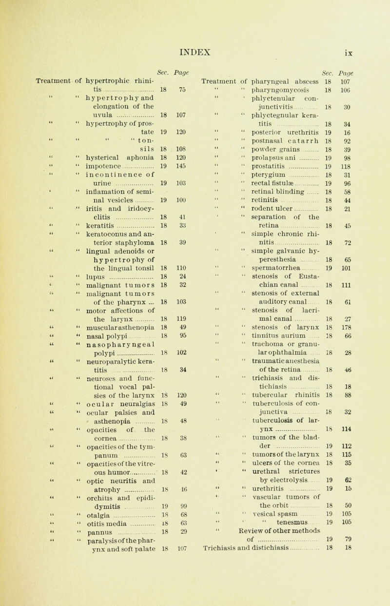 Sec. Page Treatment of hypertrophic rhini- tis 18 75   hypertrophy and elongation of the uvula 18 107   hy pertrophy of pros- tate 19 120     ton- sils 18 108   hysterical aphonia 18 120   impotence 19 145   incontinence of urine 19 103 '  inflamation of semi- nal vesicles 19 100   iritis and iridocy- clitis 18 41   keratitis 18 33   keratoconus and an- terior staphyloma 18 39   lingual adenoids or hypertrophy of the lingual tonsil 18 110   lupus 18 24 '  malignant tumors 18 32   malignant tumors of the pharynx ... 18 103   motor affections of the larynx 18 119   muscularasthenopia 18 49   nasal polypi 18 95 u  nasopharyngeal 18 102 u 11 neuroparalytic kera- titis 18 34 41 •' neuroses and func- tional vocal pal- sies of the larynx 18 120   ocular neuralgias 18 49   ocular palsies and asthenopia 18 48   opacities of the cornea .... 18 38 L(  opacitiesof the tym- panum 18 03   opacitiesof the vitre- ous humor 18 42 U  optic neuritis and atrophy 18 16   orchitis and epidi- dymitis . ...... 19 99   otalgia 18 68 II 18 63   pannus 18 29   paralysisofthephar- ynx and soft palate 18 107 Treatment of pharyngeal abscess  pharyngomycosis ' phlyctenular con- junctivitis .  phlyctegnular kera- titis  posterior urethritis  postnasal catarrh  powder grains  prolapsus ani 19  prostatitis 19  pterygium 18  rectal fistulae 19  retinal blinding 18  retinitis ... 18  rodent ulcer 18  separation of the retina 18  simple chronic rhi- nitis 18  simple galvanic hy- peresthesia ..  spermatorrhea.. .  stenosis of Eusta- chian canal ...  stenosis of external auditory canal.  stenosis of lacri- mal canal  stenosis of larynx  tinnitus aurium  trachoma or granu- lar ophthalmia . .  traumatic anesthesia of the retina  trichiasis and dis- tichiasis   tubercular rhinitis •' tuberculosis of con- junctiva tuberculosis of lar- ynx   tumors of the blad- der tumors of the larynx ulcers of the cornea urethral strictures by electrolysis. . urethritis vascular tumors of trie orbit vesical spasm tenesmus Review of other methods of Trichiasis and distichiasis iec. Page 18 107 18 106 34 16 92 39 98 118 31 96 58 44 21 45 72 65 101 111 61 27 178 66 28 46 18 88 32 114 112 115 35 62 15 50 105 105 79 18